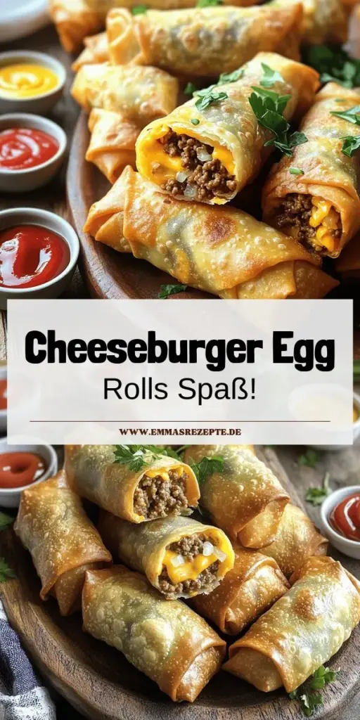 Entdecken Sie das köstliche Cheeseburger Egg Rolls Rezept, das Ihre nächste Feier zum Hit macht! Diese knusprigen Häppchen vereinen die besten Aromen eines Cheeseburgers in einem leicht zu handhabenden Snack. Mit einfachen Zutaten und einer Schritt-für-Schritt-Anleitung ist es ganz einfach, sie selbst zuzubereiten. Klicken Sie hier, um alles über die Zubereitung und Variationsmöglichkeiten zu erfahren – Ihre Gäste werden begeistert sein!