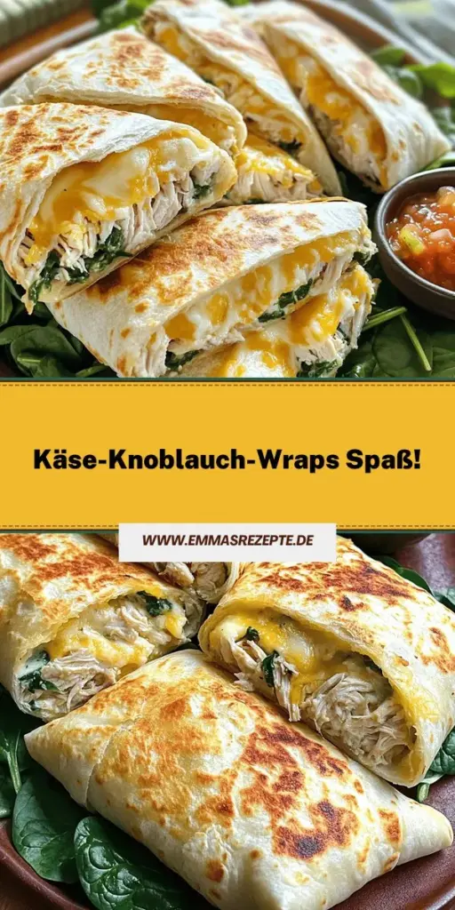 Entdecke die köstlichen Cheesy Garlic Chicken Wraps, die einfach und lecker sind! Mit saftigem Hähnchen, schmelzendem Käse und frischem Spinat bereitest du im Handumdrehen ein schnelles und sättiges Gericht zu. Erlerne die besten Tipps zur Zubereitung und persönliche Anpassungen für deinen eigenen Twist. Klicke jetzt, um das komplette Rezept zu erfahren und deine Küche mit diesen unwiderstehlichen Wraps zu verwöhnen!
