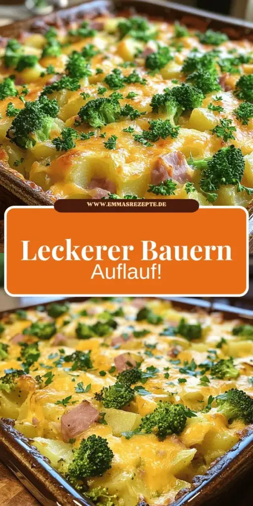 Bereite eine einfache und schmackhafte Mahlzeit mit unserem Bauern Auflauf zu! Dieses herzliche Gericht kombiniert Kartoffeln, Brokkoli und zarten Käse, perfekt für Fleischliebhaber und Vegetarier. Entdecke kreative Variationen, gesunde Alternativen und praktische Tipps für die Zubereitung. Klicke hier, um das vollständige Rezept zu erkunden und deinen eigenen köstlichen Bauern Auflauf zu genießen!