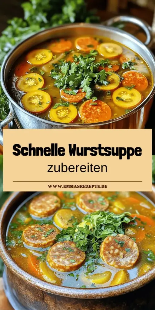 Entdecken Sie das köstliche Saucensuppe Rezept für eine schnelle und nahrhafte Mahlzeit! Diese einfache Wurstsuppe ist perfekt für Familienabende oder gemütliche Tage und lässt sich in wenigen Schritten zubereiten. Mit frischem Gemüse und aromatischen Gewürzen wird jede Portion zum Genuss. Lassen Sie Ihrer Kreativität freien Lauf und passen Sie das Rezept an. Klicken Sie durch, um die vollständige Anleitung zu erkunden und Ihre Geschmacksknospen zu verwöhnen!