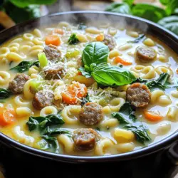- 450 g italienische Wurst, ohne Wursthüllen - 1 mittelgroße Zwiebel, gewürfelt - 3 Karotten, gewürfelt - 2 Selleriestangen, gewürfelt - 150 g Ditalini-Nudeln Die italienische Wurst gibt der Suppe ihren herzhaften Geschmack. Ich benutze gerne frische Wurst, die gut gewürzt ist. Die Zwiebel, Karotten und Sellerie sorgen für eine schöne Basis. Diese Gemüsemischung bringt Farbe und Frische in die Suppe. Ditalini-Nudeln sind klein und perfekt für diese Suppe. Sie nehmen die Aromen gut auf. - 1 Teelöffel italienische Gewürzmischung - 240 ml Schlagsahne - 100 g geriebener Parmesan - Salz und Pfeffer nach Geschmack Die italienische Gewürzmischung bringt einen tollen Geschmack in die Suppe. Ich füge Schlagsahne und Parmesan hinzu, um die Suppe cremig zu machen. Diese Zutaten geben der Suppe eine reiche Textur. Salz und Pfeffer sind wichtig für den letzten Schliff. Sie heben die Aromen hervor und machen die Suppe perfekt. Für das vollständige Rezept, siehe den Abschnitt "Cremige Parmesan-Italienische Wurst-Ditalini-Suppe". Zuerst erhitze ich Olivenöl in einem großen Topf. Dann füge ich die gewürfelte Zwiebel, Karotten und Sellerie hinzu. Ich brate das Gemüse etwa 5 bis 7 Minuten an, bis es weich ist. Dabei rühre ich gelegentlich um. Nach dieser Zeit gebe ich den fein gehackten Knoblauch dazu. Diesen brate ich für 1 bis 2 Minuten an, bis er gut duftet. Jetzt ist es Zeit, die italienische Wurst hinzuzufügen. Ich zerkleinere sie mit einem Löffel, während sie 5 bis 6 Minuten brät. Die Wurst sollte gut durchgegart und leicht gebräunt sein. Dann füge ich die gehackten Tomaten und die Hühnerbrühe hinzu. Ich bringe die Mischung zum Simmern und lasse sie 10 Minuten köcheln. So entfalten sich die Aromen perfekt. Ich gebe die Ditalini-Nudeln in die Suppe. Diese koche ich nach Packungsanleitung, bis sie al dente sind. Das dauert meist etwa 8 bis 10 Minuten. Nach dem Kochen reduziere ich die Hitze und rühre die Schlagsahne sowie den geriebenen Parmesan unter. Beides sorgt dafür, dass die Suppe schön cremig wird. Zuletzt hebe ich den frischen Spinat unter und lasse ihn 2 bis 3 Minuten mitkochen. So wird alles farbenfroh und lecker. Jetzt ist die Suppe bereit zum Servieren. Ich empfehle, sie mit frischem Basilikum zu garnieren. Wer möchte, kann auch mehr Parmesan darüberstreuen. Für die vollständige Rezeptanleitung kannst du den Link zum "Cremige Parmesan-Italienische Wurst-Ditalini-Suppe" Rezept nutzen. Die Wahl der Wurst macht einen großen Unterschied. Ich bevorzuge frische italienische Wurst. Sie hat einen vollen Geschmack und gibt der Suppe Tiefe. Es gibt viele Geschmacksrichtungen, wie süß, scharf oder mild. Wähle die, die dir am besten gefällt. Experimentiere mit verschiedenen Sorten, um deinen Favoriten zu finden. Wenn du eine noch cremigere Suppe möchtest, füge mehr Sahne hinzu. Ein Spritzer extra Sahne macht die Suppe reichhaltiger. Du kannst auch zusätzlichen Käse hinzufügen. Mehr Parmesan gibt einen tollen Geschmack. Probiere, die Menge nach deinem Geschmack anzupassen. Achte darauf, die Wurst richtig anzubraten. Dadurch entsteht ein schöner Geschmack. Brate die Wurst an, bis sie braun ist. Das sorgt für mehr Aromen in der Suppe. Halte die Temperatur im Auge. Zu hohe Hitze kann das Gemüse verbrennen. Koche bei mittlerer Hitze für beste Ergebnisse. {{image_4}} Wenn Sie eine vegetarische Version der Suppe möchten, können Sie die Wurst durch Gemüse ersetzen. Zum Beispiel, verwenden Sie Zucchini, Auberginen oder Paprika. Diese Gemüse bringen Farbe und Geschmack in die Suppe. Außerdem können Sie pflanzliche Sahneoptionen nutzen. Kokosmilch oder Sojasahne sind tolle Alternativen. Sie geben der Suppe die gleiche Cremigkeit, ohne tierische Produkte. Fügen Sie Ihrer Suppe mehr Geschmack hinzu, indem Sie Bohnen oder zusätzliches Gemüse einrühren. Kichererbsen oder weiße Bohnen passen gut dazu. Sie machen die Suppe nahrhafter und bieten mehr Textur. Auch verschiedene Pastaformate können Sie verwenden. Farfalle oder Penne sind gute Optionen, die die Brühe gut aufnehmen. Experimentieren Sie mit frischen Kräutern, um den Geschmack zu verändern. Basilikum, Oregano oder Thymian sind hervorragende Wahl. Sie bringen frische Aromen in die Suppe. Wenn Sie es schärfer mögen, fügen Sie einige scharfe Gewürze hinzu. Ein Hauch von rotem Pfeffer oder Chiliflocken kann der Suppe mehr Kick geben. - Kühlschranklagerung: Stelle die Suppe in einen luftdichten Behälter. So bleibt sie frisch. Sie hält sich im Kühlschrank etwa 3 bis 4 Tage. - Empfehlung für tiefgefrorene Varianten: Du kannst die Suppe auch einfrieren. Verwende dafür einen gefrierfesten Behälter. So bleibt der Geschmack erhalten. - Wie lange kann die Suppe im Kühlschrank bleiben?: Die Suppe bleibt bis zu 4 Tage frisch. Achte darauf, sie gut abzudecken. - Tipps zum Einfrieren und Wiedererwärmen: Friere die Suppe in Portionen ein. So kannst du sie leicht wieder aufwärmen. Zum Aufwärmen empfehle ich, die Suppe langsam im Kühlschrank über Nacht auftauen. - Mikrowelle vs. Herd: Du kannst die Suppe sowohl in der Mikrowelle als auch auf dem Herd erhitzen. Die Mikrowelle ist schnell, aber auf dem Herd bleibt die Konsistenz besser. - Optimale Temperaturen: Erhitze die Suppe auf mittlerer Hitze, bis sie dampft, aber nicht kocht. So bleibt der Geschmack voll und die Cremigkeit erhalten. Für das vollständige Rezept, schau dir die "Cremige Parmesan-Italienische Wurst-Ditalini-Suppe" an. Die Zubereitungszeit für diese Suppe beträgt etwa 10 Minuten. Die Kochzeit ist etwa 30 Minuten. Insgesamt sind es also rund 40 Minuten. Diese Suppe ist schnell und einfach. Perfekt für einen Wochentag. Ja, du kannst die Suppe im Voraus zubereiten. Koche die Suppe und lasse sie abkühlen. Fülle sie dann in einen Behälter. Du kannst sie im Kühlschrank für bis zu drei Tage aufbewahren. Wenn du sie später essen willst, erwärme sie einfach auf dem Herd oder in der Mikrowelle. Einige tolle Beilagen sind frisches Brot oder knusprige Brötchen. Auch ein einfacher grüner Salat passt gut dazu. Diese Beilagen ergänzen die Suppe perfekt und machen die Mahlzeit rundum. Die Suppe ist nicht glutenfrei, da Ditalini-Nudeln oft Gluten enthalten. Du kannst jedoch glutenfreie Ditalini-Nudeln finden. Diese sind eine großartige Alternative. Achte darauf, die Nudeln vor dem Kauf zu überprüfen. So kannst du die Suppe genießen, ohne auf Gluten zu achten. Die vollständige Rezeptanleitung findest du in dem "Cremige Parmesan-Italienische Wurst-Ditalini-Suppe" Rezept. Dort sind alle Schritte und Zutaten genau aufgelistet. Zusammenfassend haben wir die Hauptzutaten für die Cremige Parmesan-Italienische Wurst-Ditalini-Suppe betrachtet. Frische Wurst und aromatisches Gemüse sind das Herzstück. Ich habe die Schritte zur Zubereitung erklärt und wertvolle Tipps gegeben. Variationen eurer Suppen bieten viele Möglichkeiten. Denkt daran, die Suppe richtig aufzubewahren, um ihre Frische zu bewahren. Mit diesen Tricks und Informationen könnt ihr jetzt eine köstliche und sättigende Suppe zaubern. Lasst eurer Kreativität freien Lauf und genießt jeden Löffel!