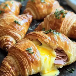 - 4 große Croissants - 200 g Schinken (z.B. Kochschinken), in dünne Scheiben geschnitten - 200 g Käse (z.B. Gruyère oder Emmentaler), in Scheiben - 3 Eier - 150 ml Sahne