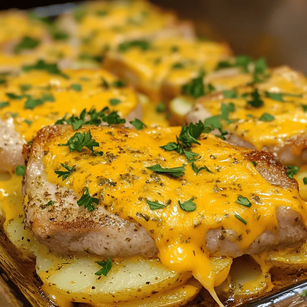 Für diesen herzhaften Auflauf mit Schweinekoteletts und Kartoffeln benötigen Sie die folgenden Zutaten: - 4 Schweinekoteletts mit Knochen - 6 mittelgroße Kartoffeln, dünn geschnitten - 1 Tasse scharfer Cheddarkäse, gerieben - 1 Tasse Schlagsahne - 1 Tasse Gemüsebrühe - 1 Zwiebel, dünn geschnitten - 3 Knoblauchzehen, gehackt - 2 Teelöffel getrockneter Thymian - 2 Teelöffel getrockneter Rosmarin - Salz und Pfeffer nach Geschmack - 2 Esslöffel Olivenöl - Frische Petersilie, gehackt (zum Garnieren) Der Schlüssel zu einem köstlichen Auflauf liegt in der Frische der Zutaten. Hier sind einige Tipps: - Schweinekoteletts: Wählen Sie frisches, rosafarbenes Fleisch. Achten Sie darauf, dass es nicht braun oder grau ist. - Kartoffeln: Suchen Sie nach festen Kartoffeln ohne dunkle Flecken oder Keime. - Zwiebeln und Knoblauch: Diese sollten fest und frei von Druckstellen sein. - Käse: Kaufen Sie am besten frischen Cheddar anstelle von verpacktem geriebenen Käse. - Kräuter: Frische Kräuter bringen mehr Geschmack. Wenn möglich, wählen Sie frische Petersilie. Wenn Sie mehr Gäste bewirten möchten, lassen sich die Mengen leicht anpassen: - Schweinekoteletts: Für 8 Portionen verwenden Sie 8 Koteletts. - Kartoffeln: Bei 8 Portionen benötigen Sie etwa 12 Kartoffeln. - Käse und Sahne: Verdoppeln Sie die Käse- und Sahnemenge auf 2 Tassen. - Brühe: Nutzen Sie 2 Tassen Gemüsebrühe für mehr Geschmack. Mit diesen Anpassungen gelingt der Auflauf auch in größeren Mengen wunderbar. Sie können alle Zutaten nach dem gleichen Rezept zubereiten. Schauen Sie sich auch das Full Recipe an, um die genauen Schritte zu sehen. Heizen Sie Ihren Ofen auf 190°C (375°F) vor. Dies sorgt dafür, dass der Auflauf gleichmäßig gart. Während der Ofen vorheizt, bereiten Sie die Zutaten vor. Schneiden Sie die Kartoffeln in dünne Scheiben. Hacken Sie die Zwiebel und den Knoblauch. Stellen Sie alles bereit, damit das Kochen schnell geht. Erhitzen Sie 2 Esslöffel Olivenöl in einer großen Pfanne bei mittlerer bis hoher Hitze. Würzen Sie die 4 Schweinekoteletts mit Salz und Pfeffer. Fügen Sie die Hälfte des Thymians und Rosmarins hinzu. Braten Sie die Koteletts etwa 4 Minuten auf jeder Seite, bis sie goldbraun sind. Nehmen Sie sie dann aus der Pfanne und legen Sie sie beiseite. Diese Schritte geben den Koteletts einen tollen Geschmack. Fetten Sie eine 23x33 cm große Auflaufform ein. Beginnen Sie mit dem Schichten der Kartoffeln am Boden der Form. Überlappen Sie die Kartoffelscheiben leicht. Streuen Sie die Hälfte von den sautierten Zwiebeln und dem Knoblauch darüber. Würzen Sie leicht mit Salz, Pfeffer sowie dem restlichen Thymian und Rosmarin. Legen Sie nun die angebratenen Schweinekoteletts auf die Kartoffeln. Gießen Sie die Gemüsebrühe und die Schlagsahne gleichmäßig darüber. Streuen Sie die restlichen Zwiebeln und den Knoblauch obenauf. Fügen Sie den geriebenen Cheddarkäse hinzu. Decken Sie die Form mit Aluminiumfolie ab. Backen Sie das Gericht 30 Minuten lang. Entfernen Sie dann die Folie und backen Sie es weitere 15 Minuten, bis der Käse blubbert und goldbraun ist. Lassen Sie den Auflauf einige Minuten abkühlen, bevor Sie ihn servieren. Für die vollständige Anleitung und weitere Details, sehen Sie sich das [Full Recipe] an. Um Zeit zu sparen, schneide die Kartoffeln im Voraus. Du kannst sie auch in Wasser lagern, damit sie nicht braun werden. Bereite die Zwiebeln und den Knoblauch gleichzeitig vor. Nutze eine große Pfanne, um die Koteletts und das Gemüse gleichzeitig zu braten. So sparst du Zeit und hast weniger Geschirr zu reinigen. Das Geheimnis für tollen Geschmack liegt in den Kräutern. Verwende frische Kräuter, wenn möglich. Diese bringen das Aroma besser zur Geltung. Achte darauf, die Koteletts gut zu würzen, bevor du sie brätst. Die Kombination aus Thymian und Rosmarin macht das Gericht besonders lecker. Ein Schuss Zitrone kann ebenfalls frische Akzente setzen. Ein häufiger Fehler ist, die Koteletts zu lange zu braten. Dies macht sie trocken. Achte darauf, sie goldbraun zu braten, aber nicht zu lange. Ein weiterer Fehler ist, die Kartoffeln nicht gleichmäßig zu schneiden. Wenn die Scheiben unterschiedlich dick sind, garen sie ungleichmäßig. Überfülle auch nicht die Auflaufform. Das kann das Garen beeinträchtigen. Für die vollständige Anleitung, schau dir das Rezept [Full Recipe] an. {{image_4}} Wenn Sie eine vegane oder vegetarische Variante des Auflaufs möchten, gibt es viele Optionen. Ersetzen Sie die Schweinekoteletts durch dicke Scheiben von Aubergine oder Zucchini. Diese Gemüsesorten nehmen die Aromen gut auf und geben dem Gericht eine schöne Textur. Verwenden Sie zudem pflanzliche Sahne und Gemüsebrühe. Veganer Käse ist eine feine Ergänzung, um den Auflauf cremig zu machen. So bleibt der Genuss ohne Fleisch. Sie können die Gewürze nach Ihrem Geschmack anpassen. Probieren Sie Paprika für einen rauchigen Geschmack oder Kreuzkümmel für eine warme Note. Frische Kräuter wie Basilikum oder Oregano können ebenfalls eine interessante Wendung bringen. Wenn Sie es schärfer mögen, fügen Sie etwas Cayennepfeffer oder frische Chilis hinzu. Auch die Kartoffeln können Sie variieren. Süßkartoffeln bringen eine süße Note und eine schöne Farbe. Um den Auflauf zu ergänzen, empfehle ich einen frischen grünen Salat mit einem einfachen Dressing. Ein knackiger Brokkoli oder gedünstete grüne Bohnen passen auch gut dazu. Sie bieten eine tolle Textur und wichtige Nährstoffe. Außerdem können Sie knuspriges Brot servieren, um die köstliche Sauce aufzunehmen. So wird das Essen noch genussvoller. Sie können übrig gebliebenen Auflauf in einem luftdichten Behälter aufbewahren. Stellen Sie sicher, dass der Auflauf vollständig abgekühlt ist, bevor Sie ihn lagern. So bleibt der Geschmack frisch. Lagern Sie den Auflauf im Kühlschrank für bis zu drei Tage. Wenn Sie ihn länger aufbewahren möchten, sollten Sie ihn einfrieren. Um den Auflauf einzufrieren, lassen Sie ihn zuerst vollständig abkühlen. Teilen Sie ihn in Portionen auf, damit Sie nur das auftauen, was Sie brauchen. Wickeln Sie jede Portion fest in Frischhaltefolie und dann in Aluminiumfolie. Beschriften Sie die Verpackung mit dem Datum. Der Auflauf bleibt bis zu drei Monate im Gefrierfach frisch. Um den Auflauf wieder aufzuwärmen, heizen Sie den Ofen auf 180°C vor. Nehmen Sie den Auflauf aus dem Kühlschrank oder Gefrierfach. Decken Sie ihn mit Aluminiumfolie ab, um ein Austrocknen zu vermeiden. Backen Sie ihn für etwa 25 bis 30 Minuten, bis er heiß ist. Wenn er gefroren war, kann es bis zu 45 Minuten dauern. Für ein knuspriges Finish entfernen Sie die Folie in den letzten 10 Minuten. So bleibt der Käse schön goldbraun. Die gesamte Zubereitungszeit für diesen Auflauf beträgt etwa 1 Stunde und 15 Minuten. Du benötigst 20 Minuten, um die Zutaten vorzubereiten. Dann backst du den Auflauf für 45 Minuten. Das ist ideal, wenn du ein schnelles und leckeres Gericht zaubern möchtest. Ja, du kannst andere Käsesorten verwenden. Probiere Gouda, Mozzarella oder sogar Feta. Diese Käsesorten geben dem Auflauf einen anderen Geschmack. Achte darauf, den Käse gut zu reiben, damit er gleichmäßig schmilzt. So bleibt das Gericht schön cremig. Ein frischer grüner Salat ist die perfekte Beilage zu diesem Auflauf. Er bringt eine knackige Textur und frische Aromen. Du kannst auch einfaches Brot oder Baguette dazu servieren. Diese Beilagen ergänzen den Geschmack des herzhaften Auflaufs gut. In diesem Artikel haben wir die wichtigen Zutaten und Zubereitung eines Auflaufs besprochen. Du hast gelernt, wie du frische Produkte einkaufen und die Menge für größere Portionen anpassen kannst. Die Schritt-für-Schritt-Anleitung hilft dir beim Anbraten der Schweinekoteletts und beim Schichten des Auflaufs. Wichtig sind auch die Tipps für den Zeitersparnis und das perfekte Aroma. Denk an Variationen und die richtige Lagerung. Jetzt kannst du deinen eigenen Auflauf zubereiten und genießen!