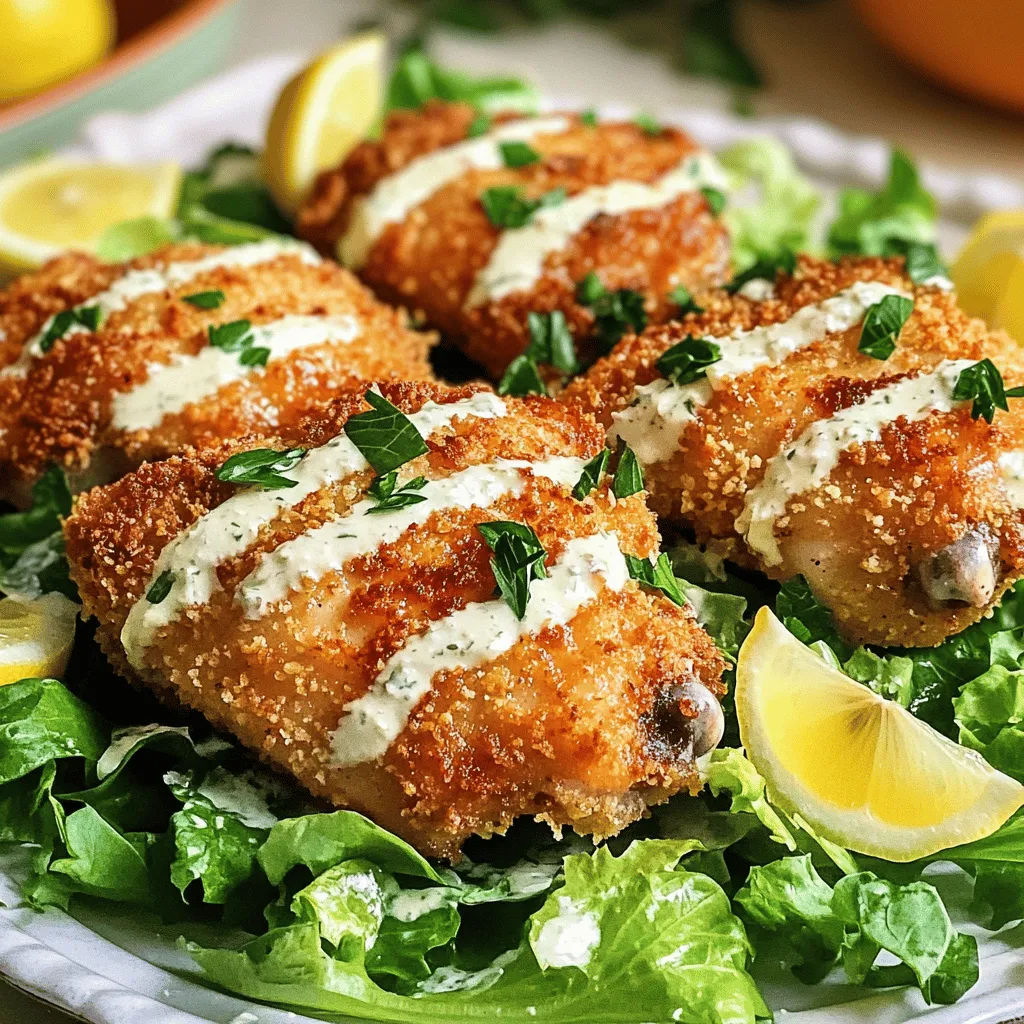 Hier sind die Zutaten, die du für das schmelzende Caesar-Hähnchen brauchst: - 4 Hautlose, knochenlose Hähnchenkeulen - 60 ml Caesar-Dressing - 120 g geriebener Parmesan - 60 g Semmelbrösel (vorzugsweise Panko für extra Knusprigkeit) - 2 Knoblauchzehen, fein gehackt - 1 Teelöffel getrockneter Oregano - Salz und Pfeffer nach Geschmack - 2 Tassen Römersalat, grob gehackt - Zitronenschnitze zum Servieren - Frische Petersilie, gehackt, zum Garnieren Das Caesar-Dressing ist der Schlüssel zu diesem Gericht. Es bringt den vollen Geschmack. Verwende ein hochwertiges Dressing, das du magst. Panko-Semmelbrösel geben extra Knusprigkeit. Du kannst auch normale Semmelbrösel nutzen, aber Panko macht das Hähnchen noch besser. Falls du Allergien hast, gibt es Alternativen. Statt Hähnchenkeulen kannst du Hähnchenbrust verwenden. Wenn du Laktose vermeiden möchtest, nimm eine laktosefreie Käsealternative. Für das Dressing gibt es viele vegane Optionen. Achte darauf, die Zutaten gut zu prüfen, um sicher zu sein, dass sie zu dir passen. Zuerst heizt du deinen Ofen auf 200 °C vor. Das sorgt dafür, dass dein Hähnchen gleichmäßig gart. Lege ein Backblech mit Backpapier aus. So bleibt es sauber und das Hähnchen klebt nicht fest. Nimm eine große Schüssel. Mische das Caesar-Dressing mit dem gehackten Knoblauch, dem Oregano, Salz und Pfeffer. Rühre gut um, bis alles gleichmäßig verteilt ist. Dann kommen die Hähnchenkeulen hinein. Achte darauf, dass sie mit der Marinade gut bedeckt sind. Lass sie mindestens 15 Minuten marinieren. So ziehen die Aromen in das Hähnchen ein. In einer anderen Schüssel vermischst du den geriebenen Parmesan mit den Semmelbröseln. Die Mischung sollte gut durchmischt sein. Nimm jede marinierte Hähnchenkeule und drücke sie in die Käse-Semmelbrösel-Mischung. Beide Seiten sollten gut bedeckt sein. Lege die panierten Hähnchenkeulen auf das Backblech und backe sie 25-30 Minuten. Das Hähnchen ist fertig, wenn es goldbraun und knusprig ist. Während das Hähnchen im Ofen ist, bereite den Salat zu. Mische den Römersalat mit etwas Caesar-Dressing und mehr Parmesan. Wenn das Hähnchen fertig ist, lass es kurz ruhen und schneide es in Streifen. Serviere die Hähnchenstreifen auf dem Salat. Garniere das Gericht mit frischer Petersilie und Zitronenschnitzen. Lass es dir schmecken! Für das vollständige Rezept, schau dir die [Full Recipe] an. Um das Hähnchen besonders zart zu machen, marinieren Sie es gut. Das Caesar-Dressing bringt viel Geschmack und hilft, das Fleisch weich zu halten. Lassen Sie das Hähnchen mindestens 15 Minuten im Dressing ruhen. Für noch bessere Ergebnisse können Sie es über Nacht marinieren. Dies gibt dem Hähnchen Zeit, die Aromen tief aufzunehmen. Panko ist eine japanische Semmelbröselart. Sie sind leicht und luftig, was zu einer tollen Knusprigkeit führt. Panko macht die Panade knuspriger als normale Semmelbrösel. Das sorgt für einen schönen Kontrast zur Zartheit des Hähnchens. Achten Sie darauf, die Hähnchenkeulen gut in die Panko-Mischung zu drücken. So bleibt die Panade beim Backen schön haften. Zusätzlich zu Oregano können Sie andere Gewürze nutzen. Zum Beispiel passen Paprika oder Cayenne-Pfeffer gut dazu. Wenn Sie es scharf mögen, fügen Sie etwas Chili-Pulver hinzu. Frische Kräuter wie Thymian oder Basilikum geben einen tollen Geschmack. Experimentieren Sie mit verschiedenen Zutaten, um Ihr Gericht zu personalisieren. Diese kleinen Änderungen machen Ihr Caesar-Hähnchen einzigartig und lecker. Für das vollständige Rezept schauen Sie sich das [Full Recipe] an. {{image_4}} Wenn du eine vegetarische Variante von Melt in Your Mouth Caesar Chicken möchtest, probiere Tofu oder Tempeh. Diese Optionen nehmen die Marinade gut auf. Das gibt dir einen tollen Geschmack. Schneide den Tofu in dicke Scheiben und mariniere ihn wie das Hähnchen. Backe ihn dann im Ofen. Du wirst überrascht sein, wie lecker es wird! Das Caesar-Dressing ist klassisch, aber du kannst auch andere Dressings verwenden. Probiere ein Balsamico-Dressing für einen süßeren Geschmack. Ein Joghurt-Dressing wird ebenfalls cremig und frisch. Mixe diese Dressings nach deinem Geschmack. Das gibt dir viele neue Möglichkeiten und hält die Mahlzeit spannend. Zu deinem Caesar-Hähnchen passen viele tolle Beilagen. Ein einfacher grüner Salat ist immer eine gute Wahl. Auch geröstetes Gemüse oder Kartoffeln passen gut. Du kannst auch Quinoa oder Reis als Beilage wählen. Diese Optionen ergänzen den Geschmack und machen das Gericht noch besser. Um das Hähnchen frisch zu halten, bewahren Sie es in einem luftdichten Behälter auf. Achten Sie darauf, dass es vollständig abgekühlt ist, bevor Sie es einlagern. Lagern Sie das Hähnchen im Kühlschrank. So bleibt es bis zu drei Tage gut. Vermeiden Sie es, das Hähnchen in der Verpackung zu lassen, in der es gekocht wurde. Falls Sie Reste haben, können Sie diese einfrieren. Teilen Sie das Hähnchen in Portionen auf und wickeln Sie es fest in Frischhaltefolie. Legen Sie die Portionen in einen Gefrierbeutel. So bleibt das Hähnchen bis zu drei Monate haltbar. Zum Aufwärmen nehmen Sie das Hähnchen aus dem Gefrierfach und lassen es im Kühlschrank auftauen. Danach können Sie es im Ofen oder in der Mikrowelle erwärmen. Für den Salat ist es wichtig, ihn separat zu lagern. Bewahren Sie den Römersalat in einem anderen Behälter auf. Fügen Sie das Dressing nicht hinzu, bis Sie bereit sind zu essen. So bleibt der Salat frisch und knackig. Wenn Sie Reste haben, essen Sie diese am besten innerhalb von zwei Tagen. Wenn Ihr Hähnchen dicker ist, erhöhen Sie die Garzeit. Eine gute Regel ist, die Zeit um 5 bis 10 Minuten für jedes zusätzliche Zentimeter Dicke zu verlängern. Prüfen Sie mit einem Fleischthermometer. Das Hähnchen sollte eine Innentemperatur von 75 °C erreichen. Lassen Sie das Hähnchen nach dem Backen ruhen. Diese Zeit hilft, die Säfte zu verteilen. Kein Caesar-Dressing? Kein Problem! Sie können Ihre eigene Mischung machen. Kombinieren Sie Joghurt, Zitronensaft, Knoblauch und Parmesan. Ein Spritzer Worcestersauce bringt den typischen Geschmack. Fühlen Sie sich frei, andere Kräuter hinzuzufügen. Petersilie oder Schnittlauch passen gut dazu. Experimentieren Sie mit verschiedenen Zutaten, um Ihren eigenen Geschmack zu finden. Ja, der Airfryer ist eine tolle Möglichkeit, dieses Rezept zuzubereiten. Heizen Sie Ihren Airfryer auf 200 °C vor. Legen Sie die Hähnchenkeulen in den Korb. Achten Sie darauf, dass sie nicht überlappen. Backen Sie sie 20 bis 25 Minuten lang. Überprüfen Sie die Innentemperatur wie zuvor beschrieben. Ihr Hähnchen wird knusprig und lecker. Zusammenfassend haben wir die wichtigsten Zutaten für dein Gericht besprochen. Du hast gelernt, wie man Hähnchen mariniert, es zubereitet und gut anrichtet. Tipps für zartes Hähnchen und die besten Zutaten kamen ebenfalls zur Sprache. Wir haben auch Variationen wie vegetarische Optionen erwähnt und wichtige Lagerinformationen gegeben. Probiere die Tipps aus und kreiere dein perfektes Gericht. Viel Spaß beim Kochen und guten Appetit!