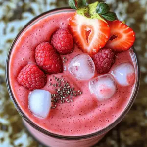 - 1 Tasse frische Erdbeeren, entstielt und halbiert - 1 Tasse frische Himbeeren - 1 reife Banane, in Stücke geschnitten - 1 Tasse griechischer Joghurt (oder pflanzlicher Joghurt) - 1 Tasse Mandelmilch (oder andere Milch) - 1-2 Esslöffel Honig oder Agavensirup - 1 Esslöffel Chiasamen - Eine Handvoll Eiswürfel