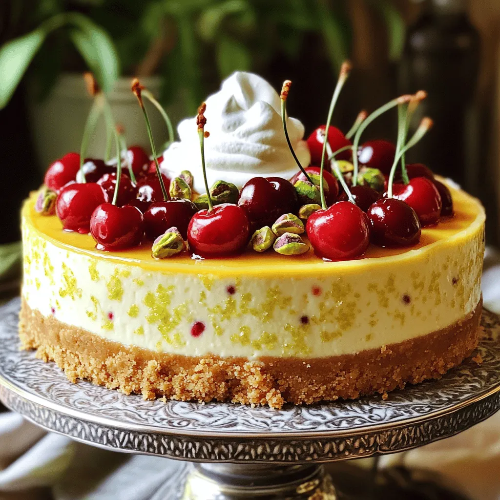 - 200 g Kekse (z. B. Butterkekse), zerbröselt - 400 g Frischkäse, zimmerwarm - 200 g Quark - 150 g entsteinte Kirschen (frisch oder gefroren) - 50 g gehackte Pistazien