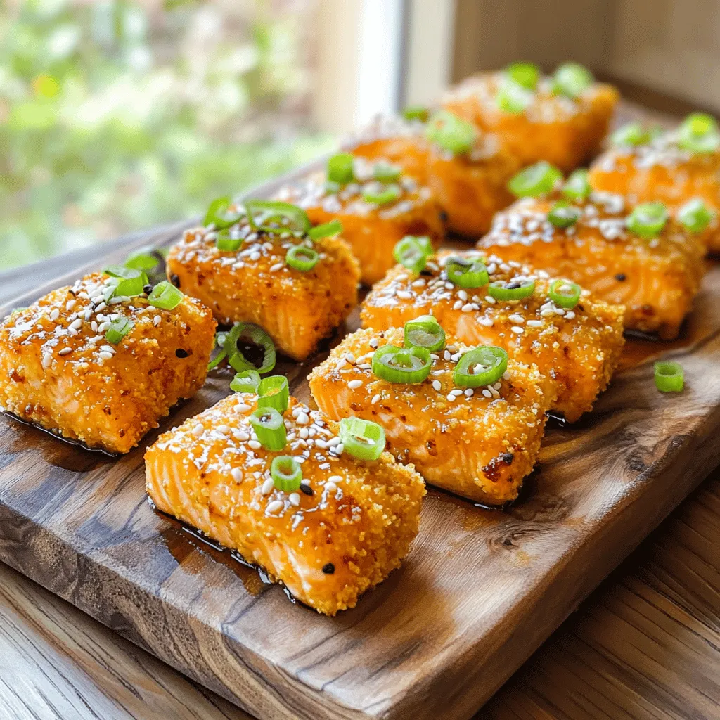 Für die knusprigen Honig-Knoblauch-Lachs-Happen brauchst du einige wichtige Zutaten. Diese geben dem Gericht seinen besonderen Geschmack und die perfekte Textur. Hier sind die Hauptzutaten: - 450 g Lachsfilet, ohne Haut und Gräten, in mundgerechte Würfel geschnitten - 120 ml Speisestärke - 60 g Allzweckmehl - 1 Teelöffel Knoblauchpulver - 1 Teelöffel geräuchertes Paprikapulver - Salz und Pfeffer nach Geschmack - 60 ml Honig - 60 ml Sojasauce (mit reduziertem Natriumgehalt) - 2 Knoblauchzehen, fein gehackt - 1 Esslöffel frisch geriebener Ingwer - 2 Esslöffel Frühlingszwiebeln, dünn geschnitten (zum Garnieren) - Pflanzenöl (zum Frittieren) Diese Zutaten machen die Lachshappen so besonders. Der Lachs bleibt saftig, während die Panade schön knusprig wird. Die Mehlmischung ist entscheidend für die Knusprigkeit. Die Speisestärke und das Allzweckmehl geben der Panade den notwendigen Halt. Knoblauchpulver sorgt für einen kräftigen Geschmack, während geräuchertes Paprikapulver eine rauchige Note hinzufügt. Hier sind die Gewürze, die du für die Mischung benötigst: - 120 ml Speisestärke - 60 g Allzweckmehl - 1 Teelöffel Knoblauchpulver - 1 Teelöffel geräuchertes Paprikapulver - Salz und Pfeffer nach Geschmack Diese Mischung macht die Lachshappen besonders knusprig und aromatisch. Du wirst den Unterschied sofort schmecken. Frische Zutaten machen den besten Unterschied! Achte darauf, frischen Lachs zu wählen. Er sollte fest und glänzend sein. Vermeide Lachs, der einen fischigen Geruch hat. Auch die Knoblauchzehen und der Ingwer sollten frisch sein. Frische Knoblauchzehen haben eine feste Konsistenz und keinen grünen Kern. Hier sind einige Tipps für frische Zutaten: - Kaufe Lachs beim Fischhändler deines Vertrauens. - Wähle ganze Knoblauchzehen, nicht bereits geschälte. - Ingwer sollte fest und ohne Flecken sein. Mit diesen frischen Zutaten wird dein Gericht noch leckerer. Wenn du die Zutaten mit Sorgfalt auswählst, werden die knusprigen Honig-Knoblauch-Lachs-Happen zu einem echten Highlight auf deinem Tisch. Du findest das vollständige Rezept [Full Recipe]. Zuerst nehme ich 450 g frisches Lachsfilet. Ich tupfe die Lachswürfel mit Küchenpapier trocken. Dies hilft, dass sie beim Frittieren knusprig werden. Danach schneide ich den Lachs in gleich große Stücke. So garen sie gleichmäßig. Jetzt bereite ich die Mehlmischung vor. In einer flachen Schüssel vermische ich: - 120 ml Speisestärke - 60 g Allzweckmehl - 1 Teelöffel Knoblauchpulver - 1 Teelöffel geräuchertes Paprikapulver - Salz und Pfeffer nach Geschmack Ich wälze jeden Lachswürfel in dieser Mischung. Dabei klopfe ich überschüssiges Mehl ab. Jedes Stück sollte gleichmäßig bedeckt sein. So wird der Lachs später schön knusprig. In einer großen Pfanne erhitze ich etwa 1,5 cm Pflanzenöl. Die Hitze sollte mittel bis hoch sein, bis das Öl schimmert. Ich lege die panierten Lachswürfel vorsichtig ins heiße Öl. Ich achte darauf, die Pfanne nicht zu überfüllen. So frittieren die Stücke gleichmäßig. Nach 2-3 Minuten wende ich die Lachsbissen. Sie sollten goldbraun und knusprig sein. Mit einem Schaumlöffel nehme ich sie heraus und lege sie auf einen Teller mit Küchenpapier. So kann das überschüssige Öl abtropfen. Für die Honig-Knoblauch-Sauce koche ich in einem kleinen Topf Honig, Sojasauce, gehackten Knoblauch und Ingwer. Die Lachsbissen tauche ich dann in die leckere Sauce. Sie sind jetzt bereit zum Servieren. - 60 ml Honig - 60 ml Sojasauce (mit reduziertem Natriumgehalt) - 2 Knoblauchzehen, fein gehackt - 1 Esslöffel frisch geriebener Ingwer Um die Honig-Knoblauch-Sauce zu machen, beginne ich mit einem kleinen Topf. Ich gebe den Honig, die Sojasauce, den gehackten Knoblauch und den Ingwer hinein. Dann stelle ich den Topf auf mittlere Hitze. Ich rühre alles gut um. Es ist wichtig, die Mischung sanft zu erhitzen. Wenn sie köchelt, lasse ich sie für 2-3 Minuten kochen. So wird die Sauce leicht dick und aromatisch. Manchmal möchte ich die Sauce dicker. Dann koche ich sie einfach länger. Wenn ich sie süßer mag, füge ich mehr Honig hinzu. Für einen salzigeren Geschmack kann ich etwas mehr Sojasauce nehmen. Es ist wichtig, die Sauce zu probieren. So finde ich heraus, was mir am besten schmeckt. Diese Anpassungen machen die Sauce perfekt für meine knusprigen Lachshappen. {{image_4}} Um die perfekte Knusprigkeit zu erreichen, ist die Vorbereitung wichtig. Trockne die Lachswürfel gut mit Küchenpapier. Das hilft, überschüssige Feuchtigkeit zu entfernen. Diese Schritte sorgen dafür, dass die Kruste knusprig wird. Die Mehlmischung ist ebenfalls entscheidend. Verwende eine Mischung aus Speisestärke und Allzweckmehl. Diese Kombination gibt dem Lachs eine tolle Textur. Achte darauf, das Öl heiß genug zu haben. Es sollte schimmern, bevor du die Lachshappen hinzufügst. Frittiere sie in kleinen Mengen, damit sie gleichmäßig bräunen. Wenn du das Frittieren vermeiden möchtest, kannst du die Lachshappen auch backen. Heize den Ofen auf 200 Grad Celsius vor. Lege die panierten Lachswürfel auf ein Backblech mit Backpapier. Sprühe etwas Pflanzenöl auf die Stücke. Das hilft, sie knusprig zu machen. Backe sie für 15 bis 20 Minuten. Wende sie nach der Hälfte der Zeit, damit sie gleichmäßig garen. Diese Methode ist gesünder, aber etwas weniger knusprig. Ein häufiger Fehler beim Frittieren ist das Überfüllen der Pfanne. Wenn du zu viele Lachshappen auf einmal hinzufügst, sinkt die Öltemperatur. Das führt zu fettigen und nicht knusprigen Stücken. Achte auch darauf, die Lachshappen nicht zu lange zu frittieren. Sie sollten goldbraun sein, aber nicht verbrennen. Verwende einen Schaumlöffel, um sie herauszunehmen. Lass sie kurz auf Küchenpapier abtropfen, um überschüssiges Öl zu entfernen. So bleiben sie knusprig und lecker. Du kannst das Rezept für knusprige Honig-Knoblauch-Lachs-Happen leicht abwandeln. Probiere es mit anderen Fischsorten. Forelle oder Kabeljau bieten sich gut an. Achte darauf, die Stücke gleich groß zu schneiden. So garen sie gleichmäßig. Diese Fische haben ähnliche Texturen, das macht sie zur perfekten Wahl. Wenn du eine vegetarische Option suchst, nutze Tofu oder Blumenkohl. Tofu nimmt die Aromen gut auf. Schneide ihn in Würfel und mariniere ihn vor dem Panieren. Blumenkohl kann in Röschen geschnitten werden. Diese Abwandlungen sind lecker und knusprig. Sie bieten eine gesunde Alternative für alle Gäste. Die Präsentation macht viel aus. Du kannst die Lachshappen auf einem großen Teller anrichten. Füge frische Kräuter oder Limettenscheiben hinzu. Für Beilagen sind gebratene Gemüse oder Reis ideal. Du kannst auch einen frischen Salat servieren. So balancierst du die Süße der Honig-Knoblauch-Sauce. Experimentiere mit verschiedenen Beilagen, um die Geschmackskombination zu erweitern. Wenn du Lachshappen übrig hast, lass sie zuerst abkühlen. Lege sie dann in einen luftdichten Behälter. Du kannst sie bis zu drei Tage im Kühlschrank aufbewahren. Wenn du sie länger aufbewahren möchtest, friere sie ein. In diesem Fall sind sie bis zu drei Monate haltbar. Achte darauf, die Lachshappen nicht übereinander zu stapeln. So bleiben sie knusprig. Wenn du sie im Kühlschrank lagerst, lege etwas Küchenpapier in den Behälter. Das hilft, Feuchtigkeit aufzusaugen und die Knusprigkeit zu bewahren. Bei der Lagerung im Gefrierschrank ist es wichtig, die Happen gut einzupacken. Benutze Gefrierbeutel oder Frischhaltefolie. Um die Lachshappen wieder aufzuwärmen, empfehle ich die Pfanne oder den Ofen. So bleiben sie knusprig. Heize die Pfanne bei mittlerer Hitze vor. Lege die Happen hinein und erwärme sie für 3-5 Minuten. Du kannst auch den Ofen nutzen. Heize ihn auf 180 Grad vor und lege die Happen auf ein Backblech. Backe sie für etwa 10 Minuten, bis sie heiß sind. Vermeide die Mikrowelle, da sie die Happen weich macht. Wenn du die Lachshappen perfekt aufwärmen möchtest, kannst du die Honig-Knoblauch-Sauce aus dem [Full Recipe] zusätzlich erhitzen und darüber geben. Die Vorbereitungen für die knusprigen Honig-Knoblauch-Lachs-Happen dauern etwa 15 Minuten. In dieser Zeit schneidest du den Lachs in mundgerechte Würfel und bereitest die Mehlmischung vor. Du hast alles schnell erledigt, bevor du mit dem Frittieren beginnst. Die Gesamtzeit für das Gericht beträgt nur 30 Minuten. Ja, du kannst den Lachs im Voraus zubereiten. Schneide die Lachswürfel und mariniere sie mit der Sojasauce. Lasse sie dann im Kühlschrank für bis zu zwei Stunden stehen. Dies gibt dem Lachs mehr Geschmack und macht die Zubereitung schneller, wenn du bereit bist, zu kochen. Frittiere die Lachswürfel einfach, wenn du bereit bist, sie zu servieren. Zu den knusprigen Honig-Knoblauch-Lachs-Happen passen verschiedene Beilagen gut. Hier sind einige Vorschläge: - Gebratener Reis mit Gemüse - Frischer grüner Salat - Gedünstetes Gemüse wie Brokkoli oder Spargel - Kartoffelpüree oder Süßkartoffelpüree Diese Beilagen ergänzen den Geschmack des Lachses perfekt und sorgen für eine ausgewogene Mahlzeit. Für die vollständige Anleitung und das Rezept, schaue dir die Full Recipe an. Die knusprigen Honig-Knoblauch-Lachs-Happen sind leicht zuzubereiten. Wir haben die besten Zutaten und Tipps für die Zubereitung besprochen. Die Schritt-für-Schritt-Anleitung hilft dir beim Frittieren. Die Honig-Knoblauch-Sauce rundet den Geschmack ab. Denke an die Variationen, um Abwechslung zu schaffen. Halte die Reste frisch mit unseren Lagerungstipps. Mit diesen Informationen kannst du köstliche Lachs-Happen genießen. Sei kreativ und probiere neue Ideen aus!
