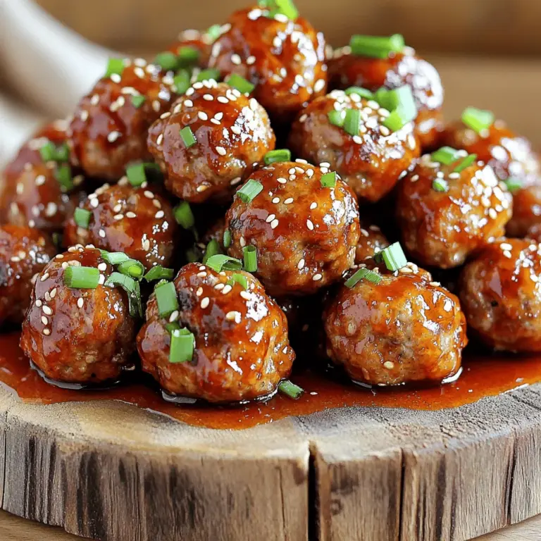 Um die besten Honig-Sriracha-Fleischbällchen zu machen, brauchst du folgende Hauptzutaten: - 450 g Rinderhackfleisch (oder Putenhackfleisch für eine leichtere Variante) - 120 g Paniermehl - 30 g frisch geriebener Parmesan - 60 g gehackte Frühlingszwiebeln (zuzüglich mehr zum Garnieren) - 1 großes Ei - 2 Knoblauchzehen, fein gehackt - 1 Teelöffel Ingwer, fein gehackt - Salz und Pfeffer nach Geschmack - 60 ml Honig - 60 ml Sriracha-Sauce - 15 ml Sojasauce Diese Zutaten geben den Fleischbällchen eine tolle Textur und einen großartigen Geschmack. Rinderhackfleisch ist reichhaltig, während Putenhackfleisch leichter ist. Um die Aromen zu verstärken, verwende frischen Knoblauch und Ingwer. Diese Zutaten sorgen für einen würzigen Kick. Salz und Pfeffer sind wichtig, um das Fleisch zu würzen. Sie helfen, die Aromen zu heben und die Fleischbällchen lecker zu machen. Die Kombination aus Honig und Sriracha bringt süße und scharfe Noten zusammen. Dies macht die Sauce besonders ansprechend. Die Sojasauce fügt eine salzige Tiefe hinzu. Diese Mischung sorgt für den perfekten Geschmack. Wenn du etwas Abwechslung willst, probiere alternative Zutaten. Anstelle von Rinderhack kannst du auch Lammhack verwenden. Das gibt den Fleischbällchen einen anderen Geschmack. Für eine glutenfreie Option nimm glutenfreies Paniermehl. Wenn du keine Sriracha-Sauce hast, kannst du auch andere scharfe Saucen verwenden. Chipotle-Sauce oder Tabasco sind gute Alternativen. Du kannst auch die Menge von Honig anpassen, um die Süße zu verändern. Wenn du nach einer pflanzlichen Variante suchst, nutze pflanzliches Hackfleisch. Kombiniere es mit denselben Gewürzen für einen tollen Geschmack. So kannst du die Fleischbällchen nach deinem Geschmack anpassen. Für die vollständige Rezeptur, siehe den Abschnitt "Full Recipe". Zuerst heizen Sie Ihren Ofen auf 200°C vor. Das hilft den Fleischbällchen, gleichmäßig zu garen. Legen Sie ein Backblech mit Backpapier aus. So bleibt nichts kleben, und die Reinigung wird einfacher. Diese einfachen Schritte sind wichtig, um ein gutes Ergebnis zu erzielen. Jetzt kommen wir zur Mischung der Zutaten. In einer großen Schüssel geben Sie das Hackfleisch, das Paniermehl, den Parmesan, die Frühlingszwiebeln, das Ei, den Knoblauch und den Ingwer. Vergessen Sie nicht, etwas Salz und Pfeffer hinzuzufügen. Mischen Sie alles gut mit den Händen. Achten Sie darauf, die Mischung nicht zu stark zu bearbeiten. Dadurch bleiben die Fleischbällchen zart und saftig. Jetzt formen Sie die Fleischbällchen. Nehmen Sie etwa einen Esslöffel der Mischung und rollen Sie sie zu etwa 2,5 cm großen Bällchen. Platzieren Sie die Bällchen auf dem Backblech. Lassen Sie dazwischen etwa 2,5 cm Platz. So garen sie gleichmäßig. Backen Sie die Fleischbällchen für 18 bis 20 Minuten, bis sie goldbraun sind. Während die Fleischbällchen backen, können Sie die Sauce zubereiten. In einer kleinen Schüssel mischen Sie den Honig, die Sriracha-Sauce und die Sojasauce. Rühren Sie, bis alles gut vermischt ist. Diese Sauce gibt den Fleischbällchen den besonderen Kick. Sobald die Fleischbällchen fertig sind, nehmen Sie sie aus dem Ofen. In einer großen Pfanne erhitzen Sie die Fleischbällchen mit der Honig-Sriracha-Sauce. Wenden Sie die Bällchen vorsichtig, sodass sie gleichmäßig glasiert werden. Lassen Sie sie 2 bis 3 Minuten in der Sauce erwärmen. Übertragen Sie die glasierten Fleischbällchen auf eine Servierplatte und garnieren Sie sie mit weiteren gehackten Frühlingszwiebeln. So sehen sie toll aus, und der Geschmack wird alle begeistern. Für die vollständige Zubereitung können Sie auch die [Full Recipe] beachten. Um zarte Fleischbällchen zu machen, achte auf die Mischung. Mische die Zutaten nur leicht. Zu viel Mischen macht die Fleischbällchen hart. Verwende frisches Hackfleisch. Das bringt mehr Geschmack und Saftigkeit. Die Honig-Sriracha-Sauce ist köstlich, aber du kannst sie anpassen. Füge mehr Honig hinzu für mehr Süße. Verwende Limettensaft für frische Säure. Ein Schuss Reisessig gibt der Sauce einen tollen Kick. Experimentiere mit verschiedenen scharfen Soßen, um deinen eigenen Twist zu finden. Serviere die Fleischbällchen mit Reis oder in Salatwraps. Das bringt Frische und eine schöne Textur. Du kannst auch Gemüse oder einen grünen Salat als Beilage wählen. Diese Beilagen ergänzen die Aromen perfekt. Wenn du mehr Sauce magst, serviere sie extra in einer kleinen Schüssel. Diese Ideen machen das Essen noch besser. Für das vollständige Rezept, sieh dir die [Full Recipe] an. {{image_4}} Wenn Sie eine vegetarische oder vegane Option wünschen, können Sie die Fleischbällchen leicht anpassen. Verwenden Sie stattdessen 450 g schwarze Bohnen oder Linsen. Diese sorgen für einen herzhaften Biss. Fügen Sie zusätzlich etwas Haferflocken oder gemahlene Mandeln hinzu, um die richtige Konsistenz zu erreichen. Die Honig-Sriracha-Sauce kann durch eine Mischung aus Ahornsirup und veganer Sriracha ersetzt werden. So bleibt der süße und scharfe Geschmack erhalten. Die Gewürze sind der Schlüssel zu tollen Fleischbällchen. Fühlen Sie sich frei, andere Kräuter und Gewürze hinzuzufügen. Zum Beispiel passen Kreuzkümmel und Koriander gut zu asiatischen Aromen. Für einen fruchtigen Kick können Sie auch Ananas oder Mango in die Sauce geben. Experimentieren Sie mit der Schärfe der Sriracha. Wählen Sie eine mildere Sauce für weniger Hitze oder fügen Sie mehr hinzu, wenn Sie es schärfer mögen. Für besondere Anlässe können Sie die Fleischbällchen auf einem großen Servierteller anrichten. Garnieren Sie sie mit frischen Kräutern und Sesamsamen. Servieren Sie sie mit kleinen Holzspießen, damit Ihre Gäste einfach zugreifen können. Diese Fleischbällchen sind perfekt für Feiern oder als Teil eines Buffets. Kombinieren Sie sie mit Reis oder einem knackigen Salat für ein komplettes Gericht. Nutzen Sie die [Full Recipe], um die genauen Schritte zur Zubereitung zu verfolgen. Nachdem Sie die Honig-Sriracha-Fleischbällchen zubereitet haben, sollten Sie sie richtig lagern. Lassen Sie die Fleischbällchen zuerst auf Raumtemperatur abkühlen. Dann legen Sie sie in einen luftdichten Behälter. So bleiben sie frisch und saftig. Achten Sie darauf, sie nicht übereinander zu stapeln. So vermeiden Sie, dass die Glasur zerkratzt. Um die Fleischbällchen einzufrieren, lassen Sie sie zuerst vollständig abkühlen. Legen Sie sie dann in einen Gefrierbeutel oder einen luftdichten Behälter. Sie können die Fleischbällchen bis zu drei Monate im Gefrierfach aufbewahren. Zum Wiedererwärmen nehmen Sie die benötigte Menge heraus und lassen sie im Kühlschrank auftauen. Erhitzen Sie die Fleischbällchen dann in der Mikrowelle oder in einem Ofen bei 180 Grad Celsius, bis sie warm sind. Für zusätzliche Frische können Sie etwas Honig-Sriracha-Sauce hinzufügen. Im Kühlschrank halten sich die Fleischbällchen etwa drei bis vier Tage. Stellen Sie sicher, dass sie gut verpackt sind, um Gerüche zu vermeiden. Wenn Sie die Fleischbällchen länger aufbewahren möchten, frieren Sie sie ein. So behalten Sie die beste Qualität. Verwenden Sie die Fleischbällchen in Salaten, Sandwiches oder als Snack. Sie sind vielseitig und schmecken immer gut! Die Zubereitung der Honig-Sriracha-Fleischbällchen dauert etwa 15 Minuten. Dann backen Sie sie für 18 bis 20 Minuten. Insgesamt benötigen Sie also etwa 35 Minuten. Das ist schnell, oder? Perfekt für ein einfaches Abendessen oder eine Party. Ja, Sie können diese Fleischbällchen im Airfryer zubereiten. Stellen Sie die Temperatur auf 180°C ein. Backen Sie die Fleischbällchen für etwa 12 bis 15 Minuten. Die Fleischbällchen werden knusprig und lecker. Verwenden Sie die Honig-Sriracha-Sauce wie im Ofen. Ja, Sie können die Fleischbällchen glutenfrei machen. Ersetzen Sie das Paniermehl durch glutenfreies Paniermehl oder gemahlene Haferflocken. Achten Sie darauf, glutenfreie Sojasauce zu verwenden. So bleibt der Geschmack perfekt und ohne Gluten. Zu Honig-Sriracha-Fleischbällchen passen viele Dips. Hier sind einige Vorschläge: - Erdnusssoße für eine nussige Note - Joghurt-Dip für Frische - Süß-saurer Dip für mehr Süße Diese Dips ergänzen den scharfen Geschmack und machen das Essen noch besser. Probieren Sie sie aus! Für das vollständige Rezept schauen Sie sich die Punkte in der Zutatenliste an. Honig-Sriracha-Fleischbällchen sind einfach und lecker. Wir haben die besten Zutaten untersucht und wie man sie zubereitet. Die Schritte sind klar und leicht zu folgen. Denke an Tipps, um die perfekten Fleischbällchen zu machen. Auch Alternativen lassen sich schnell umsetzen. Denke daran, wie du die Überreste lagerst oder einfrierst. Diese Rezepte machen jede Mahlzeit besonders. Experimentiere und finde deinen eigenen Geschmack. Bei Fragen stehe ich bereit. Viel Spaß beim Kochen!
