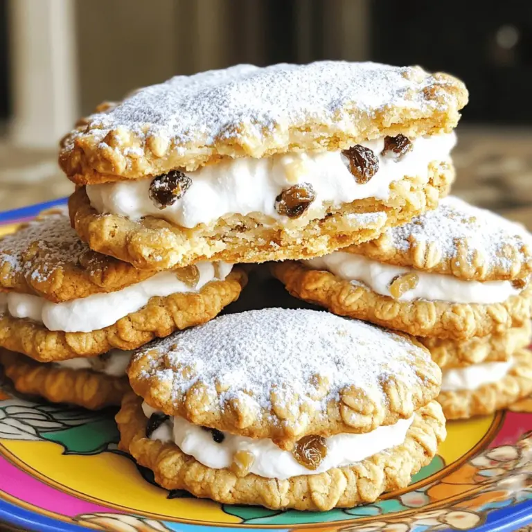 Für die perfekten Haferflocken-Creme-Kekse brauchen wir einige Hauptzutaten. Diese Zutaten bilden die Basis und sorgen für den leckeren Geschmack. Hier sind die Zutaten, die du benötigst: - 1 Tasse ungesalzene Butter, weich - 1 Tasse brauner Zucker, gepackt - 1/2 Tasse Kristallzucker - 2 große Eier - 1 Teelöffel Vanilleextrakt - 1 1/2 Tassen Allzweckmehl - 1 Teelöffel Backnatron - 1/2 Teelöffel Salz - 1 Teelöffel gemahlener Zimt - 3 Tassen zarte Haferflocken - 1 Tasse Rosinen oder Schokoladenstückchen Diese Zutaten sind wichtig. Sie geben den Keksen die richtige Textur und den tollen Geschmack. Die Haferflocken sorgen für ein weiches und zähes Gefühl im Mund. Zusätzlich zu den Hauptzutaten gibt es besondere Zutaten. Diese bringen den einzigartigen Geschmack in deine Kekse. Die Marshmallow-Creme ist hier der Star! Sie macht die Füllung extra süß und cremig. Auch der Zimt fügt einen warmen Geschmack hinzu. Du kannst auch andere Zutaten ausprobieren, wie: - Schokoladenstückchen für eine schokoladige Note - Kokosraspeln für einen tropischen Twist - Nüsse für zusätzlichen Crunch Diese besonderen Zutaten machen deine Kekse besonders. Sie bieten viele Möglichkeiten für kreatives Backen. Wenn du gesunde Alternativen suchst, gibt es einige einfache Optionen. Du kannst die Butter durch Kokosöl ersetzen. Das macht die Kekse leichter. Verwende auch Vollkornmehl statt Allzweckmehl. Das erhöht den Ballaststoffgehalt und macht die Kekse nahrhafter. Anstelle von Zucker kannst du Honig oder Ahornsirup verwenden. Diese Süßungsmittel sind natürlicher. Für eine kalorienärmere Füllung kannst du griechischen Joghurt mit etwas Honig mischen. So bleibt der cremige Geschmack, aber gesünder. Mit diesen Tipps kannst du die Haferflocken-Creme-Kekse an deine Bedürfnisse anpassen. Das macht das Backen noch mehr Spaß! Zuerst heize deinen Ofen auf 175°C vor. Lege Backbleche mit Backpapier aus. In einer großen Schüssel mischst du die weiche Butter mit braunem und Kristallzucker. Rühre sie für 3 bis 4 Minuten, bis die Masse hell ist. Füge dann die Eier einzeln hinzu und mische gut. Das Vanilleextrakt kommt jetzt dazu. In einer anderen Schüssel vermische das Mehl, Backnatron, Salz und Zimt. Füge die trockenen Zutaten schrittweise zu den feuchten Zutaten hinzu. Rühre nur kurz, bis alles vermischt ist. Jetzt kommen die zarten Haferflocken und die Rosinen (oder Schokoladenstückchen) dazu. Der Teig wird dick und klebrig sein. Verwende einen Esslöffel, um kleine Portionen des Teigs auf die Backbleche zu setzen. Lass genug Platz zwischen den Kugeln. Backe die Kekse im Ofen für 10 bis 12 Minuten. Die Ränder sollten leicht goldbraun sein, während die Mitte weich bleibt. Nach dem Backen nimm die Kekse aus dem Ofen. Lass sie 5 Minuten auf den Blech auskühlen und lege sie dann auf ein Kuchengitter. Während die Kekse abkühlen, bereite die Füllung vor. Nimm eine mittelgroße Schüssel und mische die Marshmallow-Creme mit dem Puderzucker. Rühre, bis die Mischung glatt ist. Wenn die Kekse abgekühlt sind, verteile die Cremefüllung auf die flache Seite eines Kekses. Setze einen anderen Keks darauf, um ein Sandwich zu bilden. Wiederhole das mit allen Keksen. Diese hausgemachten Haferflocken-Creme-Kekse sind einfach und lecker! Du kannst das komplette Rezept [Full Recipe] nachlesen. Um die perfekte Konsistenz der Kekse zu erreichen, achte auf die richtigen Zutaten. Verwende weiche Butter, nicht geschmolzene. Das sorgt für eine schöne Textur. Mische die trockenen und feuchten Zutaten nur kurz. Zu langes Rühren kann die Kekse hart machen. Achte darauf, den Teig leicht klebrig zu lassen. So werden die Kekse weich und chewy. Ein häufiger Fehler ist, die Kekse zu lange zu backen. Halte die Backzeit im Auge. Die Kekse sollten am Rand goldbraun, aber in der Mitte noch weich sein. Ein weiterer Fehler ist, den Teig nicht genug kühlen zu lassen. Wenn du den Teig vor dem Backen 30 Minuten im Kühlschrank ruhen lässt, wird er stabiler. So verlaufen die Kekse beim Backen nicht. Beim Anrichten der Kekse kannst du kreativ sein. Lege die Kekse auf einen bunten Teller für einen schönen Look. Bestäube sie mit Puderzucker für einen süßen Touch. Serviere sie mit einem Glas Milch. Das macht das Erlebnis noch besser. Du kannst auch verschiedene Füllungen nutzen, um Abwechslung zu schaffen. Die Keks-Sandwiches sehen toll aus und schmecken köstlich. Für die vollständige Anleitung und alle Schritte schaue dir das Full Recipe an. {{image_4}} Eine tolle Variation sind Kekse mit Schokoladenstückchen. Diese machen die Kekse noch schokoladiger und süßer. Du kannst auch Trockenfrüchte wie Cranberries oder Aprikosen verwenden. Diese geben den Keksen einen fruchtigen Kick. Misch einfach die Schokoladenstückchen oder Trockenfrüchte in den Teig, bevor du ihn backst. Das sorgt für eine aufregende Geschmackskombination. Wenn du glutenfreie Kekse willst, gibt es einfache Lösungen. Ersetze das Allzweckmehl durch eine glutenfreie Mehlmischung. Achte darauf, dass die Mischung für Backwaren geeignet ist. Auch Haferflocken können glutenfrei sein. Überprüfe die Verpackung, um sicherzugehen. Diese Anpassungen sorgen für einen leckeren Keks, der für alle geeignet ist. Die Füllung ist der Schlüssel zu jedem Keks. Anstelle von Marshmallow-Creme kannst du Frischkäse oder Nutella verwenden. Diese geben den Keksen eine neue, cremige Textur. Du kannst auch Erdnussbutter für einen nussigen Geschmack nutzen. Experimentiere mit verschiedenen Füllungen. So findest du die perfekte Kombination für deinen Gaumen. Um deine Haferflocken-Creme-Kekse frisch zu halten, lagere sie in einem luftdichten Behälter. Das hilft, die Feuchtigkeit zu bewahren. Du kannst auch ein Stück Brot in den Behälter legen. Das Brot hält die Kekse weich und lecker. Stelle den Behälter an einen kühlen, dunklen Ort. So bleiben die Kekse bis zu einer Woche frisch. Falls du Kekse übrig hast, friere sie ein für späteren Genuss. Wickel jeden Keks in Frischhaltefolie ein. Lege die eingewickelten Kekse in einen Gefrierbeutel. Achte darauf, die Luft herauszudrücken, bevor du den Beutel schließt. So bleiben die Kekse bis zu drei Monate haltbar. Wenn du sie essen willst, lasse sie einfach bei Raumtemperatur auftauen. Um die Kekse wieder aufzuwärmen, lege sie auf ein Backblech und stelle den Ofen auf 150°C. Warte etwa fünf Minuten, bis sie warm sind. Du kannst auch die Mikrowelle nutzen. Erhitze jeden Keks für 10-15 Sekunden. So schmecken sie fast wie frisch gebacken. Für einen besonderen Genuss, serviere sie mit einem Glas Milch! Die Haferflocken-Creme-Kekse halten sich etwa eine Woche. Bewahre sie in einem luftdichten Behälter auf. So bleiben sie weich und frisch. Du kannst sie auch im Kühlschrank lagern, wenn du die Frische verlängern willst. Ja, du kannst die Kekse ohne Zucker backen. Verwende stattdessen natürliche Süßstoffe wie Honig oder Ahornsirup. Beachte, dass sich die Konsistenz leicht ändern kann. Du musst vielleicht die Menge an Butter anpassen. Wenn du keine Marshmallow-Creme verwenden willst, probiere Frischkäse oder eine vegane Creme. Diese Optionen bieten einen anderen, aber leckeren Geschmack. Ein weiterer Vorschlag ist, Erdnussbutter oder Nutella für einen besonderen Twist zu nutzen. In diesem Artikel haben wir die Zutaten, Zubereitung und Tipps für hausgemachte Haferflocken-Creme-Kekse besprochen. Wir haben wichtige Zutaten für den Geschmack, gesunde Alternativen und Schritt-für-Schritt-Anleitungen behandelt. Auch Variationen und Lagerungshinweise kamen nicht zu kurz. Hausgemachte Kekse sind einfach und lecker. Zögere nicht, mit den Rezepten zu experimentieren und verschiedene Zutaten zu probieren. Deine Kreativität macht die Kekse einzigartig und noch köstlicher!