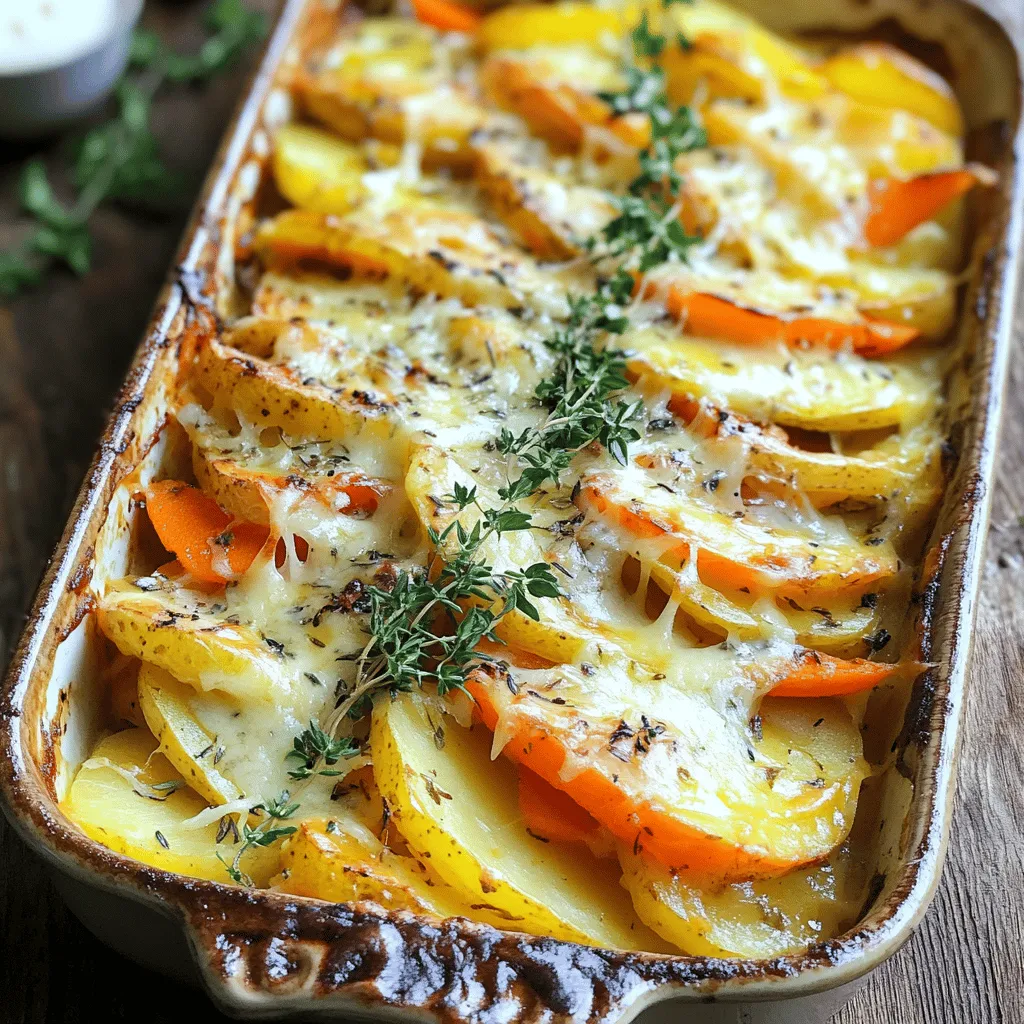 - 3 mittelgroße Kartoffeln - 2 Pastinaken - 2 Karotten - 1 kleine Zwiebel - 300 ml Sahne - 150 g geriebener Käse - 50 g Parmesan - 2 Esslöffel Butter - 1 Teelöffel frisch gehackter Thymian - Salz und Pfeffer - Muskatnuss