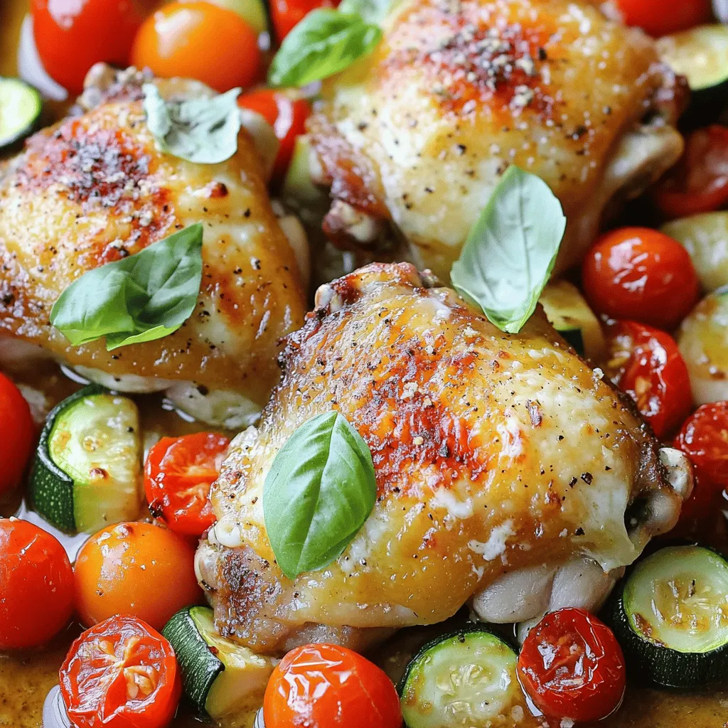 - Hähnchenschenkel und Gemüse Für dieses Rezept braucht man 4 Hähnchenschenkel. Diese sollten mit Knochen und Haut sein. Sie geben viel Geschmack ab. Dazu kommen frische Kirschtomaten, eine mittelgroße Zucchini und eine rote Paprika. Diese Gemüse bringen Farbe und Frische. - Gewürze und Öle Die Marinade ist wichtig. Man benötigt 1 Esslöffel italienische Gewürzmischung und 1 Teelöffel rote Chiliflocken, wenn man es schärfer mag. Außerdem braucht man 1/4 Tasse Olivenöl. Salz und Pfeffer sind ebenfalls wichtig, um den Geschmack zu verbessern. - Käse und Garnitur Für die perfekte Kruste verwenden wir 1/2 Tasse geriebenen Mozzarella und 1/4 Tasse geriebenen Parmesan. Sie schmelzen schön und machen das Hühnchen köstlich. Frische Basilikumblätter dienen als Garnitur. Sie geben einen frischen Geschmack und sehen toll aus. Für das vollständige Rezept, schauen Sie sich bitte den [Full Recipe] an. 1. Heize deinen Ofen auf 200°C (400°F) vor. 2. In einer großen Schüssel mische das Olivenöl, den fein gehackten Knoblauch, die italienische Gewürzmischung und die roten Chiliflocken. 3. Füge Salz und Pfeffer nach Geschmack hinzu. 4. Gib die Hähnchenschenkel in die Schüssel und wende sie in der Marinade. 5. Lasse das Hähnchen mindestens 15 Minuten marinieren, damit die Aromen gut einziehen. 1. Nimm eine Auflaufform. Verteile die Kirschtomaten, die Zucchini und die rote Paprika gleichmäßig. 2. Träufle ein wenig Olivenöl über das Gemüse. 3. Würze das Gemüse mit Salz und Pfeffer. 4. Platziere die marinierten Hähnchenschenkel mit der Haut nach oben auf das Gemüse. 1. Schiebe die Auflaufform in den vorgeheizten Ofen. 2. Backe das Gericht für 30 Minuten. 3. Nimm die Auflaufform heraus und streue den Mozzarella und den Parmesan gleichmäßig darüber. 4. Stelle die Form zurück in den Ofen und backe sie weitere 10-15 Minuten, bis das Hähnchen durch ist. 5. Lass das Gericht einige Minuten ruhen und garniere es mit frischen Basilikumblättern. Du kannst das vollständige Rezept [Full Recipe] hier finden. Die Marinade macht den Unterschied. Einweichzeit ist wichtig für den Geschmack. Lassen Sie das Hühnchen mindestens 15 Minuten marinieren. So ziehen die Aromen gut ein. Wenn Sie mehr Geschmack wollen, probieren Sie verschiedene Gewürze. Basilikum, Oregano oder Thymian passen gut. Eine Prise Zitrone kann auch helfen. Die richtige Ofentemperatur ist entscheidend. Heizen Sie den Ofen auf 200°C vor. Diese Temperatur sorgt für eine goldbraune Haut. Verwenden Sie ein Fleischthermometer, um das Hühnchen perfekt zu garen. Es sollte 75°C innere Temperatur haben. So bleibt das Fleisch saftig und lecker. {{image_4}} Sie können dieses Rezept leicht anpassen. Fügen Sie saisonales Gemüse hinzu. Im Frühling sind Spargel und Erbsen toll. Im Sommer passen Zucchini und Auberginen perfekt. Im Herbst sind Kürbis und Rosenkohl lecker. Verschiedene Paprika- oder Zucchiniarten bringen neue Farben und Geschmäcker. Gelbe Paprika sorgt für Süße. Grüne Zucchini hat einen milden Geschmack. Experimentieren Sie mit Gemüse, das Ihnen gefällt. So bleibt das Gericht frisch und spannend. Wenn Sie Hähnchen nicht mögen, probieren Sie Pute. Sie hat einen ähnlichen Geschmack, ist aber magerer. Für eine vegetarische Option nutzen Sie Tofu oder Seitan. Marinieren Sie Tofu wie das Hähnchen. Das gibt ihm viel Geschmack. Seitan hat eine fleischige Textur, die viele mögen. Diese Alternativen machen das Gericht vielseitig und anpassbar. So können mehr Menschen Ihr leckeres italienisches gebackenes Hühnchen genießen. Um dein italienisches gebackenes Hühnchen frisch zu halten, lagere es im Kühlschrank. Verwende einen luftdichten Behälter oder wickele es fest in Folie. So bleibt das Hühnchen saftig und lecker. Die maximale Haltbarkeit im Kühlschrank beträgt drei bis vier Tage. Nach dieser Zeit kann der Geschmack und die Textur leiden. Wenn du das Hühnchen aufwärmen möchtest, gibt es zwei Hauptmethoden: Mikrowelle und Ofen. Die Mikrowelle ist schnell, aber das Hühnchen kann trocken werden. Der Ofen ist langsamer, aber das Hühnchen bleibt saftiger und knuspriger. Zur Zubereitung von Resten empfehle ich, das Hühnchen im Ofen bei 180°C für etwa 15 Minuten zu erwärmen. Das hilft, die Aromen zu erhalten. Bedecke das Hühnchen mit Aluminiumfolie, um es vor dem Austrocknen zu schützen. So schmeckt es fast wie frisch gebacken! Die Zubereitung dieses leckeren Gerichts dauert insgesamt etwa 55 Minuten. Die Vorbereitungszeit beträgt nur 15 Minuten. Die restlichen 40 Minuten sind für das Backen im Ofen. So bleibt genug Zeit, um alles schön vorzubereiten und zu genießen. Ja, du kannst dieses Rezept im Voraus zubereiten! Marinieren Sie die Hähnchenschenkel bis zu 24 Stunden im Voraus. Bewahre sie im Kühlschrank auf. Das Gemüse kannst du auch vorher schneiden und in einem Behälter aufbewahren. So sparst du Zeit, wenn es Zeit zum Kochen ist. Für die perfekte Beilage empfehle ich ein frisches Baguette. Es passt gut dazu und nimmt die köstlichen Säfte auf. Außerdem kannst du einen grünen Salat oder gedünstetes Gemüse servieren. Ein Glas Rotwein rundet das Essen ab. Das Rezept für italienisches gebackenes Hühnchen ist einfach und lecker. Wir haben die Hauptzutaten, Zubereitungsschritte und Tipps besprochen. Vorbereitungen wie das Marinieren und Anordnen der Zutaten helfen, den Geschmack zu verbessern. Variationen ermöglichen es Ihnen, kreativ zu sein und das Gericht anzupassen. Richtige Lagerung verlängert die Haltbarkeit, und wir haben Aufwärmmethoden geprüft. Nutzen Sie die Tipps, um Ihr Gericht perfekt zu machen. Kochen macht Spaß und bringt Freude!