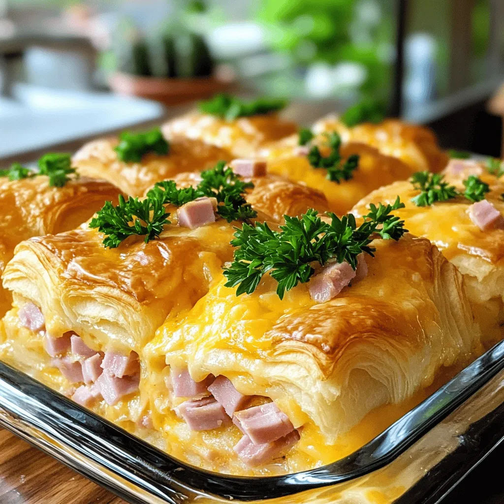 - 6 große Buttercroissants, halbiert - 200 g gekochter Schinken, gewürfelt - 200 g Cheddar-Käse, gerieben