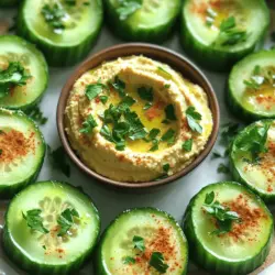 Für die Erfrischenden Gurken-Hummus-Häppchen brauchen Sie: - 2 mittelgroße Gurken - 1 Tasse Kichererbsen aus der Dose, abgetropft und gespült - 2 Esslöffel Tahini - 2 Esslöffel Zitronensaft - 1 Knoblauchzehe, fein gehackt - 1 Teelöffel Kreuzkümmel - Salz und Pfeffer nach Geschmack - 1 Esslöffel Olivenöl - Frische Petersilie, gehackt (zum Garnieren) - Paprika (zum Garnieren) Diese Zutaten sind voll von Nährstoffen. Gurken sind kalorienarm und hydratisierend. Kichererbsen liefern Protein und Ballaststoffe, die lange satt machen. Tahini bringt gesunde Fette mit. Zitronensaft sorgt für einen frischen Geschmack und ist reich an Vitamin C. Knoblauch hat viele gesundheitliche Vorteile, darunter die Stärkung des Immunsystems. Kreuzkümmel fördert die Verdauung und gibt Aroma. Olivenöl ist voller Antioxidantien und gut für das Herz. Man kann die Zutaten nach Ihrem Geschmack anpassen. Statt Gurken können Sie Karotten oder Paprika verwenden. Probieren Sie auch verschiedene Hummus-Geschmäcker aus, wie Rote Bete oder Avocado. Für einen scharfen Kick fügen Sie etwas Chili oder Pfeffer hinzu. Sie können auch frische Kräuter wie Minze oder Basilikum verwenden, um die Häppchen zu verfeinern. Damit bleiben die Snacks spannend und lecker. Entdecken Sie die Vielfalt der Möglichkeiten mit dem Full Recipe! Um den Hummus zuzubereiten, nehmen Sie eine Küchenmaschine. Geben Sie die Kichererbsen, Tahini, Zitronensaft, den gehackten Knoblauch, Kreuzkümmel und Olivenöl hinein. Fügen Sie Salz und Pfeffer nach Ihrem Geschmack hinzu. Mixen Sie alles gut. Die Mischung sollte glatt und cremig sein. Wenn sie zu dick ist, geben Sie etwas Wasser dazu. So wird der Hummus perfekt. Nehmen Sie zwei mittelgroße Gurken. Schneiden Sie die Enden ab und schneiden Sie die Gurken in etwa 2,5 cm dicke Scheiben. Diese Scheiben sind die Basis für Ihre Häppchen. Die Gurken geben einen frischen Geschmack und sind knackig. Legen Sie nun einen Esslöffel Hummus auf jede Gurkenscheibe. Verteilen Sie ihn gleichmäßig. Dann garnieren Sie die Häppchen mit frischer, gehackter Petersilie und einer Prise Paprika. Diese Garnitur sieht toll aus und bringt zusätzlichen Geschmack. Arrangieren Sie die fertigen Häppchen auf einem schönen Servierteller für Ihre Gäste. Für das vollständige Rezept, inklusive aller Schritte, schauen Sie sich die [Full Recipe] an. Um den perfekten Hummus zu machen, ist die Konsistenz wichtig. Beginnen Sie mit Kichererbsen aus der Dose. Spülen Sie sie gut ab. Mischen Sie die Kichererbsen mit Tahini, Zitronensaft, Knoblauch und Kreuzkümmel. Mixen Sie alles in Ihrer Küchenmaschine. Fügen Sie langsam Wasser hinzu, um die gewünschte Cremigkeit zu erreichen. Zu viel Wasser macht den Hummus dünn. Das Ziel ist eine glatte und cremige Masse. Die Präsentation macht einen großen Unterschied. Verwenden Sie einen schönen Servierteller für Ihre Häppchen. Schneiden Sie die Gurken in gleichmäßige Scheiben. Legen Sie einen Esslöffel Hummus auf jede Scheibe. Achten Sie darauf, dass das Hummus nicht überläuft. Garnieren Sie mit frischer Petersilie und etwas Paprika. Das sorgt für Farbe und einladenden Look. Stellen Sie die Häppchen in einer kreisförmigen Anordnung auf. So sieht es schön aus und ist einfach zu greifen. Frische Kräuter bringen viel Geschmack. Ich empfehle, Petersilie zu verwenden. Sie gibt den Häppchen einen frischen Kick. Sie können auch andere Kräuter ausprobieren. Minze oder Koriander passen gut zu Hummus. Hacken Sie die Kräuter fein. Streuen Sie sie über die Häppchen kurz vor dem Servieren. Das gibt einen tollen Duft und sieht appetitlich aus. Frische Kräuter machen jedes Gericht lebendiger und schmackhafter. {{image_4}} Du kannst viele Gemüsesorten für deine Snacks verwenden. Karotten sind knackig und süß. Paprika bringt Farbe und Geschmack. Sellerie hat einen frischen Biss. Radieschen sind scharf und machen Spaß. Wähle das Gemüse, das dir am besten gefällt. Jedes Gemüse hat seinen eigenen Geschmack und Textur. Hummus kann viele Aromen haben. Füge geröstete Paprika für eine süße Note hinzu. Oliven machen den Hummus salzig und herzhaft. Avocado sorgt für eine cremige Konsistenz. Für einen scharfen Kick, probiere Chili oder Cayennepfeffer. Du kannst auch frische Kräuter wie Basilikum oder Koriander verwenden. Diese Variationen machen deine Häppchen noch spannender. Um deine Snack-Platte aufzupeppen, füge Nüsse oder Samen hinzu. Mandeln und Walnüsse sind gute Optionen. Sie bieten einen knusprigen Biss und gesunde Fette. Oliven und eingelegte Gemüse sind ebenfalls lecker. Diese Beilagen bringen Vielfalt und Geschmack. Du kannst auch kleine Käsestücke oder getrocknete Früchte anbieten. So wird deine Snack-Platte bunt und einladend. Um die Gurken-Hummus-Häppchen frisch zu halten, lagere ich sie in einem luftdichten Behälter. So bleiben sie knackig und lecker. Ich empfehle, die Häppchen nicht zu stapeln. Das schützt die Gurken vor Druck und macht sie matschig. Diese Snacks halten sich bis zu drei Tage im Kühlschrank. Nach ein paar Tagen können die Gurken etwas weich werden. Prüfe vor dem Essen, ob sie noch frisch sind. Bei Anzeichen von Verderb solltest du sie entsorgen. Du kannst den Hummus einen Tag im Voraus zubereiten. So sparst du Zeit. Lagere den Hummus in einem separaten Behälter, um ihn frisch zu halten. Schneide die Gurken erst kurz vor dem Servieren. So bleiben sie frisch und knackig. Wenn du die Häppchen gleich zubereiten möchtest, mache sie am besten am Tag des Servierens. Dann sind sie am besten. Um den Hummus geschmacklich zu verändern, können Sie verschiedene Zutaten hinzufügen. Zum Beispiel können Sie geröstete rote Paprika verwenden. Das gibt dem Hummus eine süße Note. Auch frische Kräuter wie Basilikum oder Koriander bringen neue Aromen. Für eine scharfe Variante fügen Sie etwas Chili oder Cayennepfeffer hinzu. Experimentieren Sie mit Gewürzen wie Paprika oder schwarzem Pfeffer. Diese kleinen Änderungen machen den Hummus spannend und lecker. Ja, diese Gurken-Hummus-Häppchen sind glutenfrei. Die Hauptzutaten sind Gurken und Kichererbsen, die beide kein Gluten enthalten. Sie können diese Snacks ohne Bedenken genießen, wenn Sie glutenfreie Optionen suchen. Achten Sie jedoch darauf, dass alle verwendeten Zutaten, wie Tahini und Gewürze, glutenfrei sind. So stellen Sie sicher, dass Ihre Snacks für alle geeignet sind. Ja, die Hummus-Häppchen sind bereits vegan. Alle Zutaten sind pflanzlich und enthalten keine tierischen Produkte. Kichererbsen, Tahini, und Olivenöl sind perfekte Zutaten für vegane Rezepte. Sie können den Hummus nach Belieben anpassen und trotzdem vegan bleiben. Genießen Sie diese gesunden Snacks ohne Bedenken! Zusammengefasst haben wir die wichtigsten Zutaten, die Zubereitung von Hummus, Tipps für die ideale Konsistenz und verschiedene Varianten behandelt. Ich hoffe, du hast neue Ideen für gesunde Snacks bekommen. Diese Hummus-Häppchen sind nicht nur lecker, sondern auch vielseitig. Probiere sie mit unterschiedlichen Gemüsesorten oder Geschmäckern. Die Aufbewahrung ist einfach, und du kannst sie gut im Voraus planen. Nutze die FAQ, um Fragen zu klären. So kannst du mit Freunden gesunde Snacks genießen!