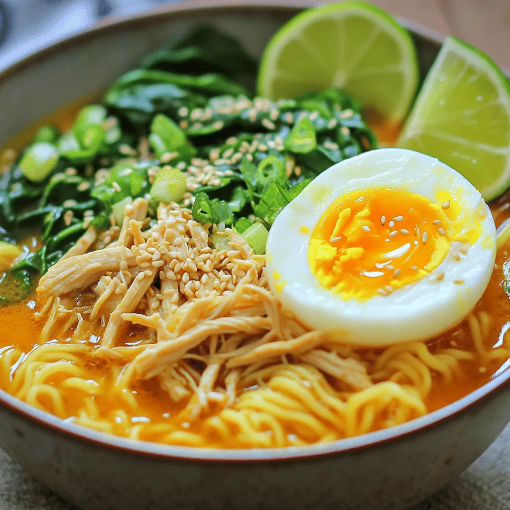 Für ein köstliches Fiery Chicken Ramen brauchst du einige Hauptzutaten. Diese Zutaten geben dem Gericht seine besondere Note. Hier sind die wichtigsten: - 2 Hähnchenschenkel ohne Haut und Knochen - 4 Tassen Hühnerbrühe - 2 Packungen frische Ramen-Nudeln - 1 Esslöffel Sesamöl - 2 Knoblauchzehen, gehackt - 1 Zoll frischer Ingwer, gerieben - 2 Esslöffel Sojasauce - 1 Esslöffel Sriracha (nach Geschmack anpassen) - 1 Teelöffel Chilipaste - 2 Frühlingszwiebeln, gehackt (zum Garnieren) - 2 weichgekochte Eier (optional) - 1 Tasse Spinat oder Pak Choi - Sesamkörner (zum Garnieren) - Limettenviertel (zum Servieren) Diese Zutaten sind einfach zu finden und machen dein Ramen einzigartig. Die Gewürze und aromatischen Zusätze sind entscheidend für den Geschmack. Knoblauch und Ingwer bringen Frische. Sriracha und Chilipaste sorgen für die nötige Schärfe. Sojasauce gibt Tiefe. Das Sesamöl fügt einen nussigen Geschmack hinzu. Diese Kombination macht dein Ramen würzig und aufregend. Wenn du einige Zutaten nicht hast, gibt es Alternativen. Du kannst Hühnchenbrust statt Hähnchenschenkel verwenden. Gemüsebrühe ist eine tolle Wahl für eine vegetarische Variante. Statt frischen Ramen kannst du auch getrocknete Nudeln verwenden. Diese Varianten funktionieren gut und bringen neue Geschmäcker. Für das Feurige Hähnchen-Ramen benötigst du frische Zutaten. Hier sind die Schritte, um alles vorzubereiten: - <strong>Hähnchenschenkel:</strong> Entferne Haut und Knochen. Schneide sie in Stücke. – <strong>Gemüse:</strong> Hacke den Knoblauch und reibe den Ingwer. – <strong>Frühlingszwiebeln:</strong> Schneide sie in feine Ringe. – <strong>Eier:</strong> Bereite weichgekochte Eier vor, wenn du sie verwenden möchtest. – <strong>Spinat oder Pak Choi:</strong> Wasche und schneide sie grob. Die Vorbereitungen sind wichtig, um schnell und einfach zu kochen. Jetzt geht es ans Kochen. Folge diesen Schritten für einen perfekten Ramen: 1. <strong>Sesamöl erhitzen:</strong> Erhitze das Öl in einem großen Topf bei mittlerer Hitze. 2. <strong>Knoblauch und Ingwer anbraten:</strong> Füge den Knoblauch und den Ingwer hinzu. Brate sie 1-2 Minuten an. Sie sollten duften. 3. <strong>Hähnchen bräunen:</strong> Lege die Hähnchenteile in den Topf. Brate sie etwa 4 Minuten an, bis sie goldbraun sind. 4. <strong>Brühe hinzufügen:</strong> Gieße die Hühnerbrühe, Sojasauce, Sriracha und Chilipaste dazu. Lass alles aufkochen. 5. <strong>Köcheln lassen:</strong> Decke den Topf ab und lasse die Mischung 15-20 Minuten köcheln. Das Hähnchen sollte gut durchgegart sein. 6. <strong>Hähnchen zerkleinern:</strong> Nimm das Hähnchen heraus und lasse es auf einem Brett ruhen. Zerkleinere es mit zwei Gabeln. 7. <strong>Ramen-Nudeln kochen:</strong> Gib die Ramen-Nudeln in die Brühe. Koche sie nach Packungsanweisung (ca. 3-4 Minuten). 8. <strong>Gemüse hinzufügen:</strong> In der letzten Minute der Kochzeit fügst du den Spinat oder Pak Choi hinzu. Lasse ihn welken. Jetzt kommt der schönste Teil: Anrichten und Servieren! – <strong>Ramen in Schalen:</strong> Gib zuerst die Nudeln in die Schalen. Dann füge die Brühe hinzu. – <strong>Hähnchen darauflegen:</strong> Toppe die Nudeln mit dem zerkleinerten Hähnchen. – <strong>Eier und Frühlingszwiebeln:</strong> Wenn du Eier verwendest, lege sie dazu. Bestreue die Schalen mit Frühlingszwiebeln. – <strong>Garnieren:</strong> Streue Sesamkörner darüber und serviere Limettenviertel an der Seite. Jeder Bissen wird frisch und würzig sein. Für das komplette Rezept, schau dir die Full Recipe an. Um die Schärfe zu verbessern, nutzen Sie frische Zutaten. Frischer Ingwer und Knoblauch bringen viel Geschmack. Passen Sie die Menge von Sriracha und Chilipaste an. Für extra Hitze, fügen Sie frische Chilis hinzu. Verwenden Sie auch Chiliöl. Es gibt dem Gericht eine tolle Tiefe. Experimentieren Sie mit verschiedenen Schärfen, um Ihren Geschmack zu treffen. Achten Sie darauf, nicht zu übertreiben. Ein bisschen kann eine große Wirkung haben. Die perfekte Brühe ist klar und reichhaltig. Sie sollte eine schöne Balance aus Umami und Schärfe bieten. Achten Sie darauf, die Brühe langsam zu köcheln. So entwickeln sich die Aromen gut. Verwenden Sie hochwertige Hühnerbrühe. Selbstgemachte Brühe bringt den besten Geschmack. Fügen Sie auch Sojasauce hinzu, um Tiefe zu schaffen. Eine Prise Zucker kann die Aromen balancieren. Die richtige Nudelzubereitung ist wichtig für den Ramen. Kochen Sie die Ramen-Nudeln separat. So bleiben sie nicht matschig. Folgen Sie den Anweisungen auf der Verpackung. Normalerweise dauert es 3-4 Minuten. Fügen Sie die Nudeln kurz vor dem Servieren zur Brühe hinzu. So bleiben sie bissfest. Wenn Sie Gemüse wie Spinat hinzufügen, tun Sie das in der letzten Minute. So bleibt es frisch und knusprig. Für die besten Ergebnisse, probieren Sie die Nudeln während des Kochens. So finden Sie den perfekten Biss. {{image_4}} Wenn Sie eine vegetarische oder vegane Version von Fiery Chicken Ramen wünschen, können Sie das Hähnchen einfach durch Tofu ersetzen. Tofu nimmt die Aromen gut auf. Verwenden Sie festen Tofu und braten Sie ihn goldbraun an. Außerdem können Sie die Hühnerbrühe durch Gemüsebrühe ersetzen. Das bringt einen frischen und leichten Geschmack. Fügen Sie mehr Gemüse wie Karotten, Zucchini oder Pilze hinzu. Sie geben der Suppe eine tolle Textur. Für extra Protein können Sie Eier oder Bohnen hinzufügen. Weichgekochte Eier sind eine beliebte Wahl. Sie machen das Gericht reichhaltiger. Wenn Sie eine vegane Option wollen, probieren Sie Kichererbsen oder Edamame. Diese Bohnen sind nahrhaft und passen gut zu Ramen. Sie sind leicht zuzubereiten und erhöhen den Nährwert. Die Toppings machen Ihr Ramen einzigartig. Frühlingszwiebeln sind klassisch, aber Sie können auch Mungobohnensprossen verwenden. Sesamkörner geben zusätzlichen Crunch. Scharfe Chilis oder Nori-Blätter (Algen) bringen mehr Geschmack. Wenn Sie es frisch mögen, fügen Sie Limette oder Koriander hinzu. Diese Aromen machen das Gericht lebhaft. Experimentieren Sie mit verschiedenen Zutaten, um Ihre perfekte Schüssel zu finden. Wenn du Ramen übrig hast, lagere ihn in einem luftdichten Behälter. So bleibt der Geschmack frisch. Stelle sicher, dass die Brühe und die Nudeln getrennt sind. Auf diese Weise wird die Textur der Nudeln nicht matschig. Du kannst den Ramen bis zu drei Tage im Kühlschrank aufbewahren. Für die Brühe empfehle ich, sie in einem separaten Behälter zu lagern. So bleibt sie klar und aromatisch. Das Hähnchen kannst du auch in einem anderen Behälter aufbewahren. Achte darauf, die Hähnchenstücke gut abzudecken. So bleiben sie saftig. Beide können bis zu drei Tage im Kühlschrank bleiben. Um den Ramen wieder zu erwärmen, erhitze die Brühe in einem Topf. Lass sie sanft köcheln, bis sie heiß ist. Füge die gekochten Nudeln erst kurz vor dem Servieren hinzu. So bleiben sie al dente. Das Hähnchen kannst du einfach in die heiße Brühe legen, damit es warm wird. Wenn du magst, füge frisches Gemüse hinzu, um das Gericht aufzufrischen. Um den Ramen weniger scharf zu machen, reduzieren Sie die Menge an Sriracha und Chilipaste. Sie können auch mehr Hühnerbrühe hinzufügen, um die Schärfe auszugleichen. Ein wenig Zucker kann helfen, die Schärfe abzuschwächen. Ein guter Tipp ist, mit einer kleinen Menge zu beginnen und nach Geschmack anzupassen. Ja, Sie können das Rezept im Voraus zubereiten. Kochen Sie die Brühe und das Hähnchen einen Tag früher. Lagern Sie die Brühe und das Hähnchen getrennt im Kühlschrank. Wenn Sie bereit sind zu essen, erhitzen Sie die Brühe und fügen Sie die frischen Nudeln hinzu. Das sorgt für frischen Geschmack und gute Textur. Das Hähnchen ist gar, wenn es eine Innentemperatur von 75 Grad Celsius erreicht. Ein Fleischthermometer ist dabei sehr hilfreich. Alternativ können Sie das Hähnchen aufschneiden; der Saft sollte klar sein und das Fleisch nicht rosa. Achten Sie darauf, das Hähnchen nach dem Kochen ruhen zu lassen, damit es saftig bleibt. Mit diesem Blog-Post haben Sie alles, was Sie für das perfekte Fiery Chicken Ramen brauchen. Sie haben die Hauptzutaten, Ausweichmöglichkeiten und Schritt-für-Schritt-Anleitungen kennengelernt. Denken Sie auch an unsere Tipps, um die Schärfe anzupassen und die Brühe zu perfektionieren. Variieren Sie das Rezept nach Ihrem Geschmack und beachten Sie die Lagerhinweise für den besten Genuss. Ich hoffe, diese Informationen helfen Ihnen, Ihr Ramen-Erlebnis zu verbessern. Viel Spaß beim Kochen und Experimentieren!” /></p>
</p>
<h2>Variationen des Rezeptes</h2>
</p>
<h3>Vegetarische oder vegane Varianten</h3>
</p>
<p>Wenn Sie eine vegetarische oder vegane Version von Fiery Chicken Ramen wünschen, können Sie das Hähnchen einfach durch Tofu ersetzen. Tofu nimmt die Aromen gut auf. Verwenden Sie festen Tofu und braten Sie ihn goldbraun an. Außerdem können Sie die Hühnerbrühe durch Gemüsebrühe ersetzen. Das bringt einen frischen und leichten Geschmack. Fügen Sie mehr Gemüse wie Karotten, Zucchini oder Pilze hinzu. Sie geben der Suppe eine tolle Textur.</p>
</p>
<h3>Zusätzliche Proteinquellen</h3>
</p>
<p>Für extra Protein können Sie Eier oder Bohnen hinzufügen. Weichgekochte Eier sind eine beliebte Wahl. Sie machen das Gericht reichhaltiger. Wenn Sie eine vegane Option wollen, probieren Sie Kichererbsen oder Edamame. Diese Bohnen sind nahrhaft und passen gut zu Ramen. Sie sind leicht zuzubereiten und erhöhen den Nährwert.</p>
</p>
<h3>Beliebige Einlagen und Toppings</h3>
</p>
<p>Die Toppings machen Ihr Ramen einzigartig. Frühlingszwiebeln sind klassisch, aber Sie können auch Mungobohnensprossen verwenden. Sesamkörner geben zusätzlichen Crunch. Scharfe Chilis oder Nori-Blätter (Algen) bringen mehr Geschmack. Wenn Sie es frisch mögen, fügen Sie Limette oder Koriander hinzu. Diese Aromen machen das Gericht lebhaft. Experimentieren Sie mit verschiedenen Zutaten, um Ihre perfekte Schüssel zu finden.</p>
</p>
</p>
<h2>Lagerhinweise</h2>
</p>
<h3>Richtige Aufbewahrung von übrig gebliebenem Ramen</h3>
</p>
<p>Wenn du Ramen übrig hast, lagere ihn in einem luftdichten Behälter. So bleibt der Geschmack frisch. Stelle sicher, dass die Brühe und die Nudeln getrennt sind. Auf diese Weise wird die Textur der Nudeln nicht matschig. Du kannst den Ramen bis zu drei Tage im Kühlschrank aufbewahren.</p>
</p>
<h3>Aufbewahrung der Brühe und Hähnchen</h3>
</p>
<p>Für die Brühe empfehle ich, sie in einem separaten Behälter zu lagern. So bleibt sie klar und aromatisch. Das Hähnchen kannst du auch in einem anderen Behälter aufbewahren. Achte darauf, die Hähnchenstücke gut abzudecken. So bleiben sie saftig. Beide können bis zu drei Tage im Kühlschrank bleiben.</p>
</p>
<h3>Tipps zur Wiedererwärmung für besten Geschmack</h3>
</p>
<p>Um den Ramen wieder zu erwärmen, erhitze die Brühe in einem Topf. Lass sie sanft köcheln, bis sie heiß ist. Füge die gekochten Nudeln erst kurz vor dem Servieren hinzu. So bleiben sie al dente. Das Hähnchen kannst du einfach in die heiße Brühe legen, damit es warm wird. Wenn du magst, füge frisches Gemüse hinzu, um das Gericht aufzufrischen.</p>
</p>
<h2>Häufige Fragen (FAQs)</h2>
</p>
<h3>Wie kann ich den Ramen weniger scharf machen?</h3>
</p>
<p>Um den Ramen weniger scharf zu machen, reduzieren Sie die Menge an Sriracha und Chilipaste. Sie können auch mehr Hühnerbrühe hinzufügen, um die Schärfe auszugleichen. Ein wenig Zucker kann helfen, die Schärfe abzuschwächen. Ein guter Tipp ist, mit einer kleinen Menge zu beginnen und nach Geschmack anzupassen.</p>
</p>
<h3>Kann ich das Rezept im Voraus zubereiten?</h3>
</p>
<p>Ja, Sie können das Rezept im Voraus zubereiten. Kochen Sie die Brühe und das Hähnchen einen Tag früher. Lagern Sie die Brühe und das Hähnchen getrennt im Kühlschrank. Wenn Sie bereit sind zu essen, erhitzen Sie die Brühe und fügen Sie die frischen Nudeln hinzu. Das sorgt für frischen Geschmack und gute Textur.</p>
</p>
<h3>Woher weiß ich, wann das Hähnchen gar ist?</h3>
</p>
<p>Das Hähnchen ist gar, wenn es eine Innentemperatur von 75 Grad Celsius erreicht. Ein Fleischthermometer ist dabei sehr hilfreich. Alternativ können Sie das Hähnchen aufschneiden; der Saft sollte klar sein und das Fleisch nicht rosa. Achten Sie darauf, das Hähnchen nach dem Kochen ruhen zu lassen, damit es saftig bleibt.</p>
</p>
<p>Mit diesem Blog-Post haben Sie alles, was Sie für das perfekte Fiery Chicken Ramen brauchen. Sie haben die Hauptzutaten, Ausweichmöglichkeiten und Schritt-für-Schritt-Anleitungen kennengelernt. Denken Sie auch an unsere Tipps, um die Schärfe anzupassen und die Brühe zu perfektionieren. Variieren Sie das Rezept nach Ihrem Geschmack und beachten Sie die Lagerhinweise für den besten Genuss. Ich hoffe, diese Informationen helfen Ihnen, Ihr Ramen-Erlebnis zu verbessern. Viel Spaß beim Kochen und Experimentieren!</p>
</div>