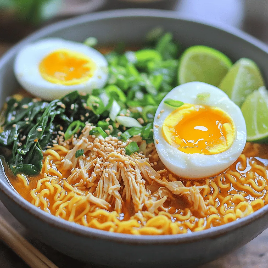 Für ein köstliches Fiery Chicken Ramen brauchst du einige Hauptzutaten. Diese Zutaten geben dem Gericht seine besondere Note. Hier sind die wichtigsten: - 2 Hähnchenschenkel ohne Haut und Knochen - 4 Tassen Hühnerbrühe - 2 Packungen frische Ramen-Nudeln - 1 Esslöffel Sesamöl - 2 Knoblauchzehen, gehackt - 1 Zoll frischer Ingwer, gerieben - 2 Esslöffel Sojasauce - 1 Esslöffel Sriracha (nach Geschmack anpassen) - 1 Teelöffel Chilipaste - 2 Frühlingszwiebeln, gehackt (zum Garnieren) - 2 weichgekochte Eier (optional) - 1 Tasse Spinat oder Pak Choi - Sesamkörner (zum Garnieren) - Limettenviertel (zum Servieren) Diese Zutaten sind einfach zu finden und machen dein Ramen einzigartig. Die Gewürze und aromatischen Zusätze sind entscheidend für den Geschmack. Knoblauch und Ingwer bringen Frische. Sriracha und Chilipaste sorgen für die nötige Schärfe. Sojasauce gibt Tiefe. Das Sesamöl fügt einen nussigen Geschmack hinzu. Diese Kombination macht dein Ramen würzig und aufregend. Wenn du einige Zutaten nicht hast, gibt es Alternativen. Du kannst Hühnchenbrust statt Hähnchenschenkel verwenden. Gemüsebrühe ist eine tolle Wahl für eine vegetarische Variante. Statt frischen Ramen kannst du auch getrocknete Nudeln verwenden. Diese Varianten funktionieren gut und bringen neue Geschmäcker. Für das Feurige Hähnchen-Ramen benötigst du frische Zutaten. Hier sind die Schritte, um alles vorzubereiten: - Hähnchenschenkel: Entferne Haut und Knochen. Schneide sie in Stücke. - Gemüse: Hacke den Knoblauch und reibe den Ingwer. - Frühlingszwiebeln: Schneide sie in feine Ringe. - Eier: Bereite weichgekochte Eier vor, wenn du sie verwenden möchtest. - Spinat oder Pak Choi: Wasche und schneide sie grob. Die Vorbereitungen sind wichtig, um schnell und einfach zu kochen. Jetzt geht es ans Kochen. Folge diesen Schritten für einen perfekten Ramen: 1. Sesamöl erhitzen: Erhitze das Öl in einem großen Topf bei mittlerer Hitze. 2. Knoblauch und Ingwer anbraten: Füge den Knoblauch und den Ingwer hinzu. Brate sie 1-2 Minuten an. Sie sollten duften. 3. Hähnchen bräunen: Lege die Hähnchenteile in den Topf. Brate sie etwa 4 Minuten an, bis sie goldbraun sind. 4. Brühe hinzufügen: Gieße die Hühnerbrühe, Sojasauce, Sriracha und Chilipaste dazu. Lass alles aufkochen. 5. Köcheln lassen: Decke den Topf ab und lasse die Mischung 15-20 Minuten köcheln. Das Hähnchen sollte gut durchgegart sein. 6. Hähnchen zerkleinern: Nimm das Hähnchen heraus und lasse es auf einem Brett ruhen. Zerkleinere es mit zwei Gabeln. 7. Ramen-Nudeln kochen: Gib die Ramen-Nudeln in die Brühe. Koche sie nach Packungsanweisung (ca. 3-4 Minuten). 8. Gemüse hinzufügen: In der letzten Minute der Kochzeit fügst du den Spinat oder Pak Choi hinzu. Lasse ihn welken. Jetzt kommt der schönste Teil: Anrichten und Servieren! - Ramen in Schalen: Gib zuerst die Nudeln in die Schalen. Dann füge die Brühe hinzu. - Hähnchen darauflegen: Toppe die Nudeln mit dem zerkleinerten Hähnchen. - Eier und Frühlingszwiebeln: Wenn du Eier verwendest, lege sie dazu. Bestreue die Schalen mit Frühlingszwiebeln. - Garnieren: Streue Sesamkörner darüber und serviere Limettenviertel an der Seite. Jeder Bissen wird frisch und würzig sein. Für das komplette Rezept, schau dir die Full Recipe an. Um die Schärfe zu verbessern, nutzen Sie frische Zutaten. Frischer Ingwer und Knoblauch bringen viel Geschmack. Passen Sie die Menge von Sriracha und Chilipaste an. Für extra Hitze, fügen Sie frische Chilis hinzu. Verwenden Sie auch Chiliöl. Es gibt dem Gericht eine tolle Tiefe. Experimentieren Sie mit verschiedenen Schärfen, um Ihren Geschmack zu treffen. Achten Sie darauf, nicht zu übertreiben. Ein bisschen kann eine große Wirkung haben. Die perfekte Brühe ist klar und reichhaltig. Sie sollte eine schöne Balance aus Umami und Schärfe bieten. Achten Sie darauf, die Brühe langsam zu köcheln. So entwickeln sich die Aromen gut. Verwenden Sie hochwertige Hühnerbrühe. Selbstgemachte Brühe bringt den besten Geschmack. Fügen Sie auch Sojasauce hinzu, um Tiefe zu schaffen. Eine Prise Zucker kann die Aromen balancieren. Die richtige Nudelzubereitung ist wichtig für den Ramen. Kochen Sie die Ramen-Nudeln separat. So bleiben sie nicht matschig. Folgen Sie den Anweisungen auf der Verpackung. Normalerweise dauert es 3-4 Minuten. Fügen Sie die Nudeln kurz vor dem Servieren zur Brühe hinzu. So bleiben sie bissfest. Wenn Sie Gemüse wie Spinat hinzufügen, tun Sie das in der letzten Minute. So bleibt es frisch und knusprig. Für die besten Ergebnisse, probieren Sie die Nudeln während des Kochens. So finden Sie den perfekten Biss. {{image_4}} Wenn Sie eine vegetarische oder vegane Version von Fiery Chicken Ramen wünschen, können Sie das Hähnchen einfach durch Tofu ersetzen. Tofu nimmt die Aromen gut auf. Verwenden Sie festen Tofu und braten Sie ihn goldbraun an. Außerdem können Sie die Hühnerbrühe durch Gemüsebrühe ersetzen. Das bringt einen frischen und leichten Geschmack. Fügen Sie mehr Gemüse wie Karotten, Zucchini oder Pilze hinzu. Sie geben der Suppe eine tolle Textur. Für extra Protein können Sie Eier oder Bohnen hinzufügen. Weichgekochte Eier sind eine beliebte Wahl. Sie machen das Gericht reichhaltiger. Wenn Sie eine vegane Option wollen, probieren Sie Kichererbsen oder Edamame. Diese Bohnen sind nahrhaft und passen gut zu Ramen. Sie sind leicht zuzubereiten und erhöhen den Nährwert. Die Toppings machen Ihr Ramen einzigartig. Frühlingszwiebeln sind klassisch, aber Sie können auch Mungobohnensprossen verwenden. Sesamkörner geben zusätzlichen Crunch. Scharfe Chilis oder Nori-Blätter (Algen) bringen mehr Geschmack. Wenn Sie es frisch mögen, fügen Sie Limette oder Koriander hinzu. Diese Aromen machen das Gericht lebhaft. Experimentieren Sie mit verschiedenen Zutaten, um Ihre perfekte Schüssel zu finden. Wenn du Ramen übrig hast, lagere ihn in einem luftdichten Behälter. So bleibt der Geschmack frisch. Stelle sicher, dass die Brühe und die Nudeln getrennt sind. Auf diese Weise wird die Textur der Nudeln nicht matschig. Du kannst den Ramen bis zu drei Tage im Kühlschrank aufbewahren. Für die Brühe empfehle ich, sie in einem separaten Behälter zu lagern. So bleibt sie klar und aromatisch. Das Hähnchen kannst du auch in einem anderen Behälter aufbewahren. Achte darauf, die Hähnchenstücke gut abzudecken. So bleiben sie saftig. Beide können bis zu drei Tage im Kühlschrank bleiben. Um den Ramen wieder zu erwärmen, erhitze die Brühe in einem Topf. Lass sie sanft köcheln, bis sie heiß ist. Füge die gekochten Nudeln erst kurz vor dem Servieren hinzu. So bleiben sie al dente. Das Hähnchen kannst du einfach in die heiße Brühe legen, damit es warm wird. Wenn du magst, füge frisches Gemüse hinzu, um das Gericht aufzufrischen. Um den Ramen weniger scharf zu machen, reduzieren Sie die Menge an Sriracha und Chilipaste. Sie können auch mehr Hühnerbrühe hinzufügen, um die Schärfe auszugleichen. Ein wenig Zucker kann helfen, die Schärfe abzuschwächen. Ein guter Tipp ist, mit einer kleinen Menge zu beginnen und nach Geschmack anzupassen. Ja, Sie können das Rezept im Voraus zubereiten. Kochen Sie die Brühe und das Hähnchen einen Tag früher. Lagern Sie die Brühe und das Hähnchen getrennt im Kühlschrank. Wenn Sie bereit sind zu essen, erhitzen Sie die Brühe und fügen Sie die frischen Nudeln hinzu. Das sorgt für frischen Geschmack und gute Textur. Das Hähnchen ist gar, wenn es eine Innentemperatur von 75 Grad Celsius erreicht. Ein Fleischthermometer ist dabei sehr hilfreich. Alternativ können Sie das Hähnchen aufschneiden; der Saft sollte klar sein und das Fleisch nicht rosa. Achten Sie darauf, das Hähnchen nach dem Kochen ruhen zu lassen, damit es saftig bleibt. Mit diesem Blog-Post haben Sie alles, was Sie für das perfekte Fiery Chicken Ramen brauchen. Sie haben die Hauptzutaten, Ausweichmöglichkeiten und Schritt-für-Schritt-Anleitungen kennengelernt. Denken Sie auch an unsere Tipps, um die Schärfe anzupassen und die Brühe zu perfektionieren. Variieren Sie das Rezept nach Ihrem Geschmack und beachten Sie die Lagerhinweise für den besten Genuss. Ich hoffe, diese Informationen helfen Ihnen, Ihr Ramen-Erlebnis zu verbessern. Viel Spaß beim Kochen und Experimentieren!