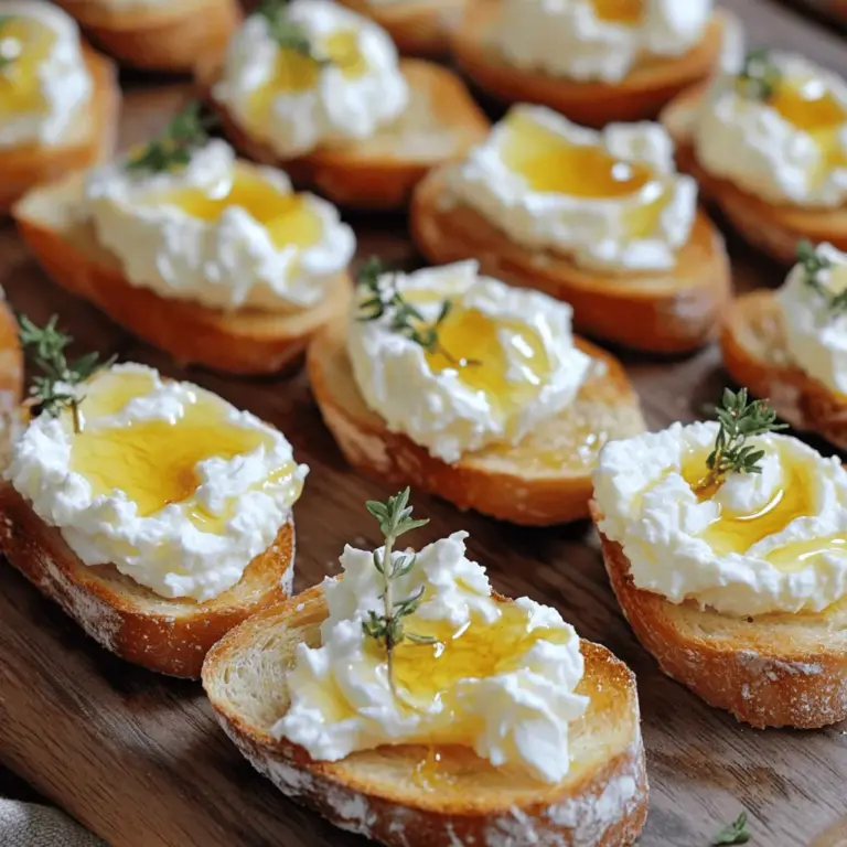 Um die Whipped Feta Crostini mit Hot Honey zuzubereiten, brauchst du einige einfache Zutaten. Diese Zutaten sind frisch und geben dem Gericht tollen Geschmack. - 225 g Schafskäse, zerkrümelt - 113 g Frischkäse, weichgeklopft - 2 Esslöffel extra natives Olivenöl - 1 Teelöffel Zitronensaft - 1 Knoblauchzehe, fein gehackt - 1 Baguette, in 1,5 cm dicke Scheiben geschnitten - 60 ml scharfer Honig (fertig gekauft oder selbstgemacht) - Frische Thymianblätter, zur Garnitur Jede Zutat spielt eine wichtige Rolle für den Geschmack. Der Schafskäse gibt eine cremige Basis. Der Frischkäse macht die Mischung noch glatter. Olivenöl und Zitronensaft fügen Frische hinzu. Der Knoblauch sorgt für einen herzhaften Kick. Das Baguette wird knusprig und hält die Füllung. Der scharfe Honig bringt süße und scharfe Noten, die perfekt harmonieren. Die Thymianblätter sind das i-Tüpfelchen und geben Farbe und Aroma. Mit diesen Zutaten bist du bereit, das Rezept zu starten. Du kannst die Schafskäse-Creme auch im Voraus zubereiten. Sie bleibt bis zu drei Tage im Kühlschrank frisch. Die Crostini sind ideal für Partys oder einfach zum Snacken. Für das vollständige Rezept schau dir die Anweisungen an. - Vermenge den zerkrümelten Schafskäse, den Frischkäse, das Olivenöl, den Zitronensaft und den gehackten Knoblauch in einer Küchenmaschine. - Püriere die Mischung, bis sie glatt und cremig ist. - Schmecke die Creme mit Salz und Pfeffer ab. - Heize den Ofen auf 200°C vor. - Bereite die Baguettescheiben vor, indem du sie in 1,5 cm dicke Stücke schneidest. - Lege die Scheiben gleichmäßig auf ein Backblech und beträufle sie leicht mit Olivenöl. - Streue eine Prise Salz darüber und backe sie für 8-10 Minuten, bis sie goldbraun und knusprig sind. - Nach dem Rösten trage eine großzügige Portion der Schafskäse-Creme auf jede Baguettescheibe auf. - Gib über die Creme jeweils einen Teelöffel scharfen Honig. - Streue frische Thymianblätter über die Crostini. - Serviere sie sofort für die beste Textur. - Du kannst die Schafskäse-Creme im Voraus zubereiten und bis zu 3 Tage im Kühlschrank aufbewahren. Für die vollständige Anleitung, siehe das [Full Recipe]. - Auswahl des Schafskäses: Wählen Sie einen hochwertigen Schafskäse für den besten Geschmack. Ein milder und cremiger Käse bringt die Aromen perfekt zur Geltung. Ich empfehle einen griechischen oder italienischen Schafskäse. - Alternative Käseoptionen: Wenn Sie keinen Schafskäse mögen, probieren Sie Feta oder Ricotta. Beide Käse bieten eine ähnliche Textur, aber mit einem anderen Geschmack. Vegane Alternativen sind ebenfalls möglich, wie Cashew- oder Sojakäse. - Tipps für knusprige Scheiben: Schneiden Sie das Baguette in gleichmäßige Scheiben. Ein dicker Schnitt sorgt für eine bessere Knusprigkeit. Beträufeln Sie die Scheiben mit Olivenöl, bevor Sie sie rösten. - Vermeidung von verbrannten Rändern: Achten Sie darauf, die Baguettescheiben nicht zu lange zu rösten. Überprüfen Sie die Scheiben nach 5 Minuten. Goldbraun ist der perfekte Farbton. - Beilagen und Getränke: Diese Crostini passen gut zu einem frischen Salat oder einer leichten Suppe. Ein Glas Weißwein oder ein spritziger Cocktail ergänzt die Aromen wunderbar. - Anlässe für die Crostini: Diese Crostini sind perfekt für Partys oder als Snack. Sie beeindrucken Gäste und sind einfach zuzubereiten. Genießen Sie sie bei einem gemütlichen Abendessen oder einem Brunch. Für das vollständige Rezept besuchen Sie [Full Recipe]. {{image_4}} Du kannst deine Crostini aufregend variieren, indem du andere Käsesorten verwendest. Feta ist eine tolle Wahl. Er hat einen salzigen Geschmack, der gut zu den anderen Zutaten passt. Ricotta ist eine weitere Option. Er ist cremig und mild. Wenn du nach veganen Alternativen suchst, probiere einen pflanzlichen Frischkäse. Er gibt eine ähnliche Textur, aber ohne tierische Produkte. Experimentiere mit verschiedenen Honigsorten, um neue Geschmackserlebnisse zu schaffen. Du könntest Blütenhonig verwenden, der süß und blumig ist. Oder probiere einen würzigen Honig, der Chili oder Ingwer enthält. Diese Kombinationen bringen mehr Tiefe in dein Gericht. Du kannst sogar eigene Mischungen kreieren, um die perfekte Balance aus Süße und Schärfe zu finden. Zusätzliche Toppings machen deine Crostini noch besser. Du kannst frisches Gemüse wie Paprika oder Gurken verwenden. Diese bringen frische und Knusprigkeit. Früchte wie Feigen oder Birnen fügen eine süße Note hinzu. Nüsse oder Samen geben einen schönen Crunch. Mandeln oder Pinienkerne sind großartige Optionen, um Textur und Geschmack zu verbessern. Für mehr Details zu diesem Gericht, schau dir das Full Recipe an. Die Schafskäse-Creme bewahre ich am besten im Kühlschrank auf. Stelle sicher, dass du sie in einem luftdichten Behälter verpackst. So bleibt sie frisch und lecker. Die Creme hält sich bis zu drei Tage. Achte darauf, immer mit einem sauberen Löffel zu entnehmen, um die Haltbarkeit zu verlängern. Falls du Reste hast, lagere die Crostini getrennt von der Creme. Lege die Baguettescheiben in einen luftdichten Behälter. So bleiben sie knusprig. Die Schafskäse-Creme kannst du ebenfalls in einem Behälter aufbewahren. Zum Wiederaufwärmen empfehle ich, die Baguettescheiben kurz in den Ofen zu legen. Sie werden so wieder schön warm und knusprig. Du kannst die Crostini bis zu 3 Tage im Voraus zubereiten. Die Schafskäse-Creme ist sehr praktisch. Bewahre sie in einem luftdichten Behälter im Kühlschrank auf. Röste die Baguettescheiben erst kurz vor dem Servieren. So bleiben sie knusprig. Das hält die Textur frisch und lecker. Ja, du kannst den Honig ganz einfach selbst machen. Mische Honig mit Chili oder Cayennepfeffer. Lass es eine Stunde ziehen, damit die Aromen sich verbinden. Du kannst auch frische Chili-Schoten verwenden. Schneide sie klein und füge sie dem Honig hinzu. Ein einfaches Rezept, das viel Geschmack bringt. Diese Crostini passen gut zu vielen Beilagen. Du kannst sie mit Oliven, getrockneten Tomaten oder frischem Gemüse servieren. Für Getränke sind ein leichter Weißwein oder ein spritziger Sekt ideal. Auch ein frischer Salat kann gut dazu harmonieren. Das macht dein Essen noch bunter und interessanter. Die Schafskäse-Creme-Crostini sind einfach und lecker. Wir haben alle Zutaten, Zubereitung, und Aufbewahrung besprochen. Probieren Sie verschiedene Käsesorten und Honigvariationen für neuen Geschmack. Nutzen Sie die Tipps, um knusprige Baguettescheiben zu machen. Diese Crostini sind vielseitig und passen zu vielen Anlässen. Genießen Sie die tollen Kombinationen und teilen Sie Ihre Kreationen mit Freunden!