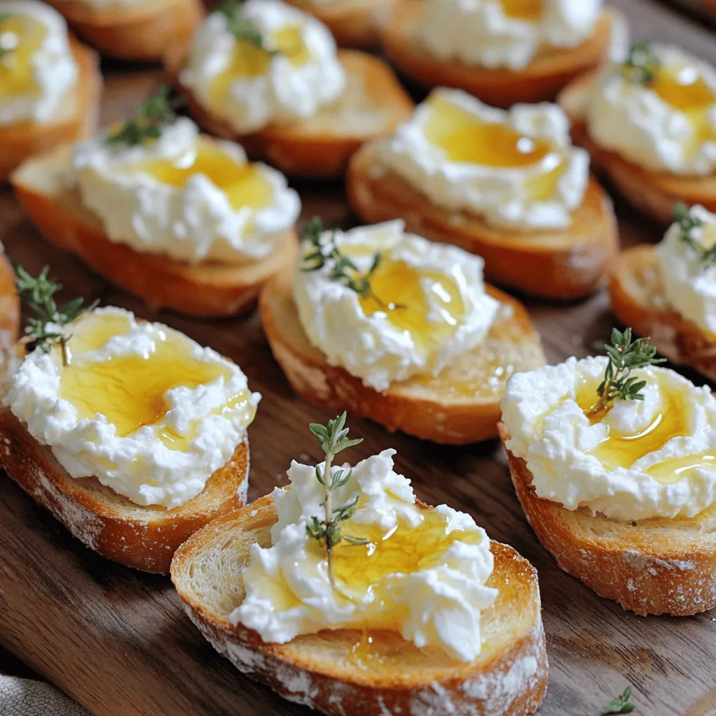 Um die Whipped Feta Crostini mit Hot Honey zuzubereiten, brauchst du einige einfache Zutaten. Diese Zutaten sind frisch und geben dem Gericht tollen Geschmack. - 225 g Schafskäse, zerkrümelt - 113 g Frischkäse, weichgeklopft - 2 Esslöffel extra natives Olivenöl - 1 Teelöffel Zitronensaft - 1 Knoblauchzehe, fein gehackt - 1 Baguette, in 1,5 cm dicke Scheiben geschnitten - 60 ml scharfer Honig (fertig gekauft oder selbstgemacht) - Frische Thymianblätter, zur Garnitur Jede Zutat spielt eine wichtige Rolle für den Geschmack. Der Schafskäse gibt eine cremige Basis. Der Frischkäse macht die Mischung noch glatter. Olivenöl und Zitronensaft fügen Frische hinzu. Der Knoblauch sorgt für einen herzhaften Kick. Das Baguette wird knusprig und hält die Füllung. Der scharfe Honig bringt süße und scharfe Noten, die perfekt harmonieren. Die Thymianblätter sind das i-Tüpfelchen und geben Farbe und Aroma. Mit diesen Zutaten bist du bereit, das Rezept zu starten. Du kannst die Schafskäse-Creme auch im Voraus zubereiten. Sie bleibt bis zu drei Tage im Kühlschrank frisch. Die Crostini sind ideal für Partys oder einfach zum Snacken. Für das vollständige Rezept schau dir die Anweisungen an. - Vermenge den zerkrümelten Schafskäse, den Frischkäse, das Olivenöl, den Zitronensaft und den gehackten Knoblauch in einer Küchenmaschine. - Püriere die Mischung, bis sie glatt und cremig ist. - Schmecke die Creme mit Salz und Pfeffer ab. - Heize den Ofen auf 200°C vor. - Bereite die Baguettescheiben vor, indem du sie in 1,5 cm dicke Stücke schneidest. - Lege die Scheiben gleichmäßig auf ein Backblech und beträufle sie leicht mit Olivenöl. - Streue eine Prise Salz darüber und backe sie für 8-10 Minuten, bis sie goldbraun und knusprig sind. - Nach dem Rösten trage eine großzügige Portion der Schafskäse-Creme auf jede Baguettescheibe auf. - Gib über die Creme jeweils einen Teelöffel scharfen Honig. - Streue frische Thymianblätter über die Crostini. - Serviere sie sofort für die beste Textur. - Du kannst die Schafskäse-Creme im Voraus zubereiten und bis zu 3 Tage im Kühlschrank aufbewahren. Für die vollständige Anleitung, siehe das [Full Recipe]. - Auswahl des Schafskäses: Wählen Sie einen hochwertigen Schafskäse für den besten Geschmack. Ein milder und cremiger Käse bringt die Aromen perfekt zur Geltung. Ich empfehle einen griechischen oder italienischen Schafskäse. - Alternative Käseoptionen: Wenn Sie keinen Schafskäse mögen, probieren Sie Feta oder Ricotta. Beide Käse bieten eine ähnliche Textur, aber mit einem anderen Geschmack. Vegane Alternativen sind ebenfalls möglich, wie Cashew- oder Sojakäse. - Tipps für knusprige Scheiben: Schneiden Sie das Baguette in gleichmäßige Scheiben. Ein dicker Schnitt sorgt für eine bessere Knusprigkeit. Beträufeln Sie die Scheiben mit Olivenöl, bevor Sie sie rösten. - Vermeidung von verbrannten Rändern: Achten Sie darauf, die Baguettescheiben nicht zu lange zu rösten. Überprüfen Sie die Scheiben nach 5 Minuten. Goldbraun ist der perfekte Farbton. - Beilagen und Getränke: Diese Crostini passen gut zu einem frischen Salat oder einer leichten Suppe. Ein Glas Weißwein oder ein spritziger Cocktail ergänzt die Aromen wunderbar. - Anlässe für die Crostini: Diese Crostini sind perfekt für Partys oder als Snack. Sie beeindrucken Gäste und sind einfach zuzubereiten. Genießen Sie sie bei einem gemütlichen Abendessen oder einem Brunch. Für das vollständige Rezept besuchen Sie [Full Recipe]. {{image_4}} Du kannst deine Crostini aufregend variieren, indem du andere Käsesorten verwendest. Feta ist eine tolle Wahl. Er hat einen salzigen Geschmack, der gut zu den anderen Zutaten passt. Ricotta ist eine weitere Option. Er ist cremig und mild. Wenn du nach veganen Alternativen suchst, probiere einen pflanzlichen Frischkäse. Er gibt eine ähnliche Textur, aber ohne tierische Produkte. Experimentiere mit verschiedenen Honigsorten, um neue Geschmackserlebnisse zu schaffen. Du könntest Blütenhonig verwenden, der süß und blumig ist. Oder probiere einen würzigen Honig, der Chili oder Ingwer enthält. Diese Kombinationen bringen mehr Tiefe in dein Gericht. Du kannst sogar eigene Mischungen kreieren, um die perfekte Balance aus Süße und Schärfe zu finden. Zusätzliche Toppings machen deine Crostini noch besser. Du kannst frisches Gemüse wie Paprika oder Gurken verwenden. Diese bringen frische und Knusprigkeit. Früchte wie Feigen oder Birnen fügen eine süße Note hinzu. Nüsse oder Samen geben einen schönen Crunch. Mandeln oder Pinienkerne sind großartige Optionen, um Textur und Geschmack zu verbessern. Für mehr Details zu diesem Gericht, schau dir das Full Recipe an. Die Schafskäse-Creme bewahre ich am besten im Kühlschrank auf. Stelle sicher, dass du sie in einem luftdichten Behälter verpackst. So bleibt sie frisch und lecker. Die Creme hält sich bis zu drei Tage. Achte darauf, immer mit einem sauberen Löffel zu entnehmen, um die Haltbarkeit zu verlängern. Falls du Reste hast, lagere die Crostini getrennt von der Creme. Lege die Baguettescheiben in einen luftdichten Behälter. So bleiben sie knusprig. Die Schafskäse-Creme kannst du ebenfalls in einem Behälter aufbewahren. Zum Wiederaufwärmen empfehle ich, die Baguettescheiben kurz in den Ofen zu legen. Sie werden so wieder schön warm und knusprig. Du kannst die Crostini bis zu 3 Tage im Voraus zubereiten. Die Schafskäse-Creme ist sehr praktisch. Bewahre sie in einem luftdichten Behälter im Kühlschrank auf. Röste die Baguettescheiben erst kurz vor dem Servieren. So bleiben sie knusprig. Das hält die Textur frisch und lecker. Ja, du kannst den Honig ganz einfach selbst machen. Mische Honig mit Chili oder Cayennepfeffer. Lass es eine Stunde ziehen, damit die Aromen sich verbinden. Du kannst auch frische Chili-Schoten verwenden. Schneide sie klein und füge sie dem Honig hinzu. Ein einfaches Rezept, das viel Geschmack bringt. Diese Crostini passen gut zu vielen Beilagen. Du kannst sie mit Oliven, getrockneten Tomaten oder frischem Gemüse servieren. Für Getränke sind ein leichter Weißwein oder ein spritziger Sekt ideal. Auch ein frischer Salat kann gut dazu harmonieren. Das macht dein Essen noch bunter und interessanter. Die Schafskäse-Creme-Crostini sind einfach und lecker. Wir haben alle Zutaten, Zubereitung, und Aufbewahrung besprochen. Probieren Sie verschiedene Käsesorten und Honigvariationen für neuen Geschmack. Nutzen Sie die Tipps, um knusprige Baguettescheiben zu machen. Diese Crostini sind vielseitig und passen zu vielen Anlässen. Genießen Sie die tollen Kombinationen und teilen Sie Ihre Kreationen mit Freunden!