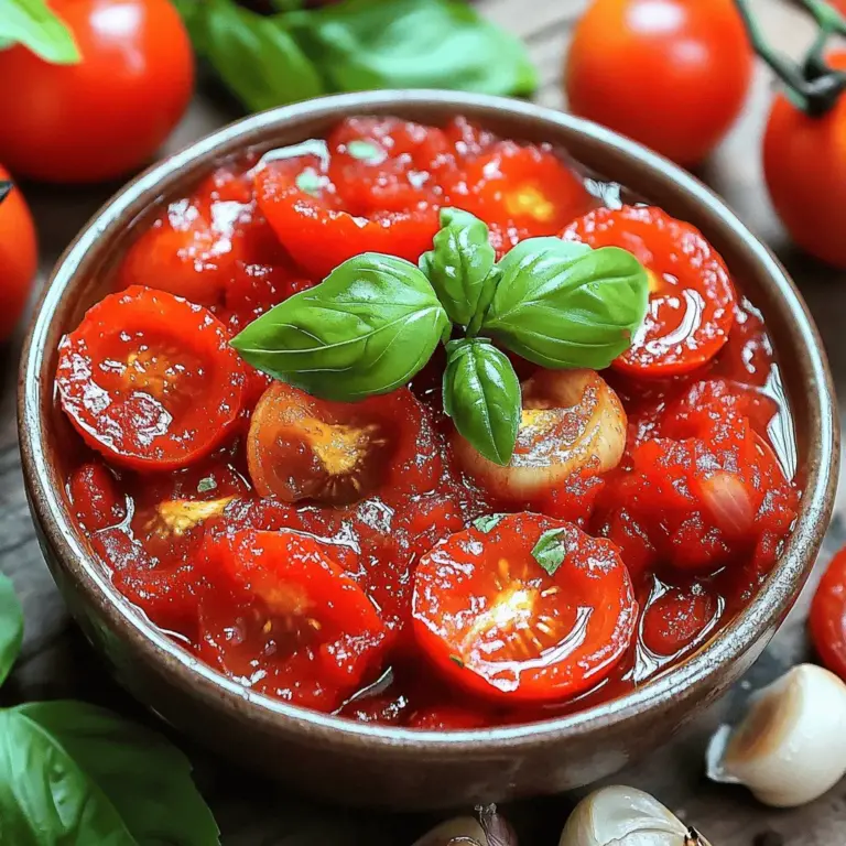Um deine eigene köstliche Tomatensauce zu machen, benötigst du folgende Zutaten: - 900 g reife Tomaten (z. B. Roma oder Rindersteak), halbiert - 1 mittelgroße Zwiebel, geviertelt - 4 Knoblauchzehen, ungeschält - 3 Esslöffel Olivenöl - 1 Teelöffel Meersalz - ½ Teelöffel schwarzer Pfeffer - 1 Teelöffel getrockneter Oregano - 1 Esslöffel frisches Basilikum, gehackt (oder 1 Teelöffel getrocknetes Basilikum) - 1 Esslöffel Balsamico-Essig (optional, für zusätzlichen Geschmack) Ich empfehle, reife Tomaten zu wählen. Sie geben der Sauce einen besseren Geschmack. Frische Tomaten bringen mehr Aroma. Sie sind oft süßer und saftiger. Ich bevorzuge sie, wenn ich die Sauce mache. Konservierte Tomaten sind jedoch eine gute Option, wenn frische nicht verfügbar sind. Sie sind einfach und schnell zu verwenden. Wähle gute Qualität, um den besten Geschmack zu sichern. Die Gewürze und Kräuter bringen Leben in die Sauce. Oregano ist klassisch und passt gut zu Tomaten. Basilikum verleiht eine frische Note. Du kannst auch andere Kräuter wie Thymian oder Rosmarin hinzufügen. Diese geben der Sauce eine persönliche Note. Experimentiere mit den Mengen, um den perfekten Geschmack für dich zu finden. Für die vollständige Anleitung und Zubereitung kannst du das [Full Recipe] anschauen. Zuerst wählst du frische, reife Tomaten. Ich empfehle Roma oder Rindersteak-Tomaten. Diese haben viel Geschmack. Halbiere sie und lege sie auf ein Backblech. Füge eine geviertelte Zwiebel und vier ungeschälte Knoblauchzehen hinzu. Diese geben der Sauce Tiefe. Träufle drei Esslöffel Olivenöl über das Gemüse. Bestreue es mit einem Teelöffel Meersalz, einem halben Teelöffel schwarzem Pfeffer und einem Teelöffel getrocknetem Oregano. Wende alles gut, damit die Gewürze gleichmäßig verteilt sind. Heize deinen Ofen auf 200 °C vor. Röste das Gemüse für 35 bis 40 Minuten. Die Tomaten sollten weich und leicht karamellisiert sein. Du erkennst das am Duft! Nimm das Blech aus dem Ofen und lasse es ein paar Minuten abkühlen. Drücke die gerösteten Knoblauchzehen aus ihren Schalen. Sie sind jetzt süß und weich. Werfe die Schalen weg. Gebe die gerösteten Tomaten, Zwiebel und Knoblauch in einen Mixer. Füge einen Esslöffel frisches, gehacktes Basilikum hinzu. Wenn du magst, kannst du auch einen Esslöffel Balsamico-Essig für mehr Geschmack hinzufügen. Püriere alles bis zur gewünschten Konsistenz. Probiere die Sauce und passe die Gewürze nach deinem Geschmack an. Vielleicht möchtest du mehr Salz oder Pfeffer hinzufügen. Für eine stückige Sauce pulsiere den Mixer ein paar Mal. Für eine glatte Sauce püriere sie vollständig. Übertrage die Sauce in einen Topf und lasse sie bei niedriger Hitze 10 bis 15 Minuten köcheln. Rühre gelegentlich um, damit sich die Aromen gut verbinden. Jetzt kannst du deine köstliche, hausgemachte Sauce genießen! Um die beste Tomatensauce zu machen, wähle reife Tomaten. Sie haben den besten Geschmack. Röste die Tomaten bei hoher Temperatur. So karamellisieren sie gut. Das bringt die Süße hervor. Verwende frischen Knoblauch und Zwiebeln. Dies hebt die Aromen. Achte darauf, die Sauce gut zu pürieren. So wird sie schön cremig. Ein häufiger Fehler ist, die Tomaten nicht gut zu rösten. Sie müssen weich und leicht gebräunt sein. Ein anderer Fehler ist, zu wenig Gewürze zu verwenden. Schmecke die Sauce während des Kochens ab. So kannst du die Gewürze nach deinem Geschmack anpassen. Vermeide auch, die Sauce zu lange zu kochen. Das kann den Geschmack mindern. Hast du Sauce übrig? Kein Problem! Du kannst sie für viele Gerichte verwenden. Mische sie mit Pasta für ein schnelles Abendessen. Nutze die Sauce als Basis für Pizza. Du kannst auch Suppen damit aufpeppen. Lagere die Sauce im Kühlschrank oder friere sie ein. So bleibt sie lange frisch. Für mehr Tipps und Details schaue dir das vollständige Rezept an. {{image_4}} Um deine Sauce noch besser zu machen, kannst du einige einfache Zutaten hinzufügen. Möchtest du mehr Tiefe? Probiere geröstete Paprika oder frische Chili. Diese geben einen tollen Geschmack. Für ein süßeres Aroma füge einen Teelöffel Zucker hinzu. Auch Kapern oder Oliven passen gut. Sie bringen ein salziges Element in die Sauce. Diese Sauce ist von Natur aus vegan und glutenfrei. Du kannst sie also ohne Sorgen genießen. Wenn du etwas anderes ausprobieren möchtest, ersetze den Balsamico-Essig durch Apfelessig. Das gibt einen frischen Geschmack. Für eine cremigere Sauce kannst du ungesüßte pflanzliche Sahne hinzufügen. Die Verwendungsmöglichkeiten für diese Sauce sind endlos. Sie passt perfekt zu Pasta. Gib einfach die Sauce über deine Lieblingspasta und rühre gut um. Du kannst sie auch auf Pizza verwenden. Verteile die Sauce auf dem Teig, bevor du die anderen Zutaten hinzufügst. Probier sie auch als Dip für Brot oder Gemüse. So wird jede Mahlzeit besonders. Für mehr Infos, sieh dir das [Full Recipe] an! Um deine hausgemachte geröstete Tomatensauce frisch zu halten, solltest du sie in ein sauberes Glas oder einen luftdichten Behälter füllen. Achte darauf, dass der Behälter vollständig trocken ist. Wenn du die Sauce abkühlen lässt, decke sie leicht ab, um Staub zu vermeiden. So bleibt der Geschmack klar und frisch. Das Einfrieren deiner Sauce ist eine großartige Option, um sie länger haltbar zu machen. Teile die Sauce in Portionen auf. Verwende dafür gefriergeeignete Beutel oder Behälter. Lasse etwas Platz, da sich die Sauce beim Gefrieren ausdehnt. Beschrifte die Beutel mit dem Datum. So weißt du immer, wie lange sie schon im Gefrierfach ist. Im Kühlschrank bleibt deine geröstete Tomatensauce bis zu einer Woche frisch. Stelle sicher, dass du sie immer in einem luftdichten Behälter aufbewahrst. Wenn du die Sauce länger aufbewahren möchtest, ist das Einfrieren die bessere Wahl. Mit diesen Tipps kannst du deine Sauce einfach lagern und immer wieder genießen. Um die Sauce dickflüssiger zu machen, kannst du sie länger kochen. Lasse sie einfach auf niedriger Hitze köcheln. Eine andere Methode ist, etwas Tomatenmark hinzuzufügen. Das gibt mehr Geschmack und Dicke. Du kannst auch die Menge der frischen Tomaten reduzieren. So bleibt die Konsistenz fester. Ja, du kannst die Sauce im Voraus zubereiten. Sie schmeckt sogar noch besser, wenn sie einige Stunden oder über Nacht im Kühlschrank steht. Bereite die Sauce wie im Rezept vor und lasse sie abkühlen. Dann füllst du sie in einen luftdichten Behälter. So bleibt sie frisch. Du kannst sie bis zu fünf Tage im Kühlschrank aufbewahren. Die Sauce passt gut zu vielen Beilagen. Hier sind einige Ideen: - Pasta, wie Spaghetti oder Penne - Pizza mit frischem Belag - Risotto für einen italienischen Touch - Gnocchi für eine besondere Abwechslung - Brotstangen oder Baguette zum Dippen Mit diesen Beilagen wird deine hausgemachte Tomatensauce noch köstlicher! Für das vollständige Rezept, schau dir die Anleitung an. Du hast nun alles, was du brauchst, um die perfekte Tomatensauce zuzubereiten. Wir haben die Zutaten besprochen, von frischen bis zu konservierten Tomaten. Du weißt jetzt, wie man die Sauce Schritt für Schritt zubereitet und welche Tipps dir dabei helfen. Zudem hast du Variationen und Lagerinformationen kennengelernt. Denke daran, dass Übung und Kreativität den besten Geschmack bringen. Mit deinem Wissen machst du sicher eine großartige Sauce. Lass deiner Fantasie freien Lauf und genieße die Resultate!