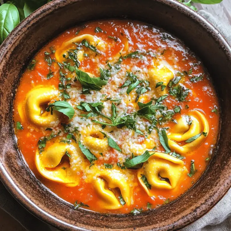 Die Hauptzutaten sind einfach und frisch. Sie machen den Geschmack der Suppe besonders. Hier sind die wichtigen Zutaten, die du brauchst: - 1 Esslöffel Olivenöl - 1 mittlere Zwiebel, gewürfelt - 3 Knoblauchzehen, fein gehackt - 1 Dose (28 oz) gehackte Tomaten - 4 Tassen Gemüsebrühe - 1 Teelöffel getrockneter Basilikum - 1 Teelöffel getrockneter Oregano - 1/2 Teelöffel rote Pfefferflocken (optional) - Salz und Pfeffer nach Geschmack - 1 Packung (9 oz) Käse-Tortellini - 1 Tasse Sahne - 1/4 Tasse frisches Basilikum, gehackt (zum Garnieren) - Geriebener Parmesan (zum Servieren) Diese Zutaten geben der Suppe ihren vollen, reichen Geschmack. Die Kombination von frischen Tomaten und Kräutern ist einfach köstlich. Um die Suppe noch besser zu machen, kannst du ein paar zusätzliche Zutaten hinzufügen. Hier sind einige tolle Vorschläge: - 1 Karotte, gewürfelt - 1 Selleriestange, gewürfelt - 1 Teelöffel Zitronensaft - Ein Spritzer Balsamico-Essig Diese Zutaten bringen mehr Tiefe in den Geschmack. Die Karotte und der Sellerie geben eine süße Note. Der Zitronensaft und der Balsamico-Essig sorgen für eine frische, saure Balance. Wenn du eine vegetarische Version machen möchtest, gibt es viele tolle Optionen. Du kannst die Käse-Tortellini durch Gemüse-Tortellini ersetzen. Das gibt dir eine andere, aber leckere Geschmacksrichtung. Außerdem kannst du die Sahne durch Kokosmilch ersetzen. Das macht die Suppe cremig und gibt ihr einen neuen, exotischen Geschmack. Mit diesen Variationen bleibt die Suppe köstlich und passt zu vielen Diäten. Um die Basis zu machen, erhitze das Olivenöl in einem großen Topf. Füge die gewürfelte Zwiebel hinzu. Brate sie, bis sie glasig wird, etwa 4-5 Minuten. Dann gib den gehackten Knoblauch dazu. Koche ihn für eine weitere Minute. Rühre oft, damit er nicht anbrennt. Jetzt ist es Zeit für die gehackten Tomaten. Gieße sie in den Topf zusammen mit der Gemüsebrühe. Füge den getrockneten Basilikum, den getrockneten Oregano und die roten Pfefferflocken hinzu. Schmecke mit Salz und Pfeffer ab. Lass die Mischung aufkochen, dann reduziere die Hitze. Lass alles 15 Minuten lang köcheln. Nach dem Köcheln ist es Zeit für die Tortellini. Nimm die Packung und gib sie in den Topf. Koche die Tortellini nach Packungsanweisung. Das dauert normalerweise 3-5 Minuten. Rühre während des Kochens, damit sie nicht zusammenkleben. Wenn die Tortellini gar sind, füge die Sahne hinzu. Rühre gut um und lass die Suppe weitere 2-3 Minuten köcheln. Probiere die Suppe jetzt. Passe die Gewürze an, wenn nötig. Nimm den Topf vom Herd. Serviere die Suppe heiß und garniere sie mit frischem Basilikum und geriebenem Parmesan. Du kannst die vollständige Anleitung in unserem Full Recipe finden. Um die Aromen deiner cremigen Tomaten-Tortellini-Suppe zu verstärken, kannst du verschiedene Gewürze verwenden. Ich empfehle: - Basilikum: Frisch oder getrocknet, es bringt eine schöne Note. - Oregano: Gibt Tiefe und Wärme. - Rote Pfefferflocken: Für etwas Schärfe, wenn du es magst. - Salz und Pfeffer: Wichtig für den Geschmack, also nach Belieben hinzufügen. Diese Gewürze heben den Tomatengeschmack und machen die Suppe noch köstlicher. Die Zubereitung der Tortellini ist einfach, aber es gibt einige Tricks: - Koche die Tortellini in einem separaten Topf, um die beste Textur zu erzielen. - Achte darauf, dass das Wasser stark kocht, bevor du die Tortellini hinzufügst. - Rühre sie sanft um, damit sie nicht zusammenkleben. - Probiere die Tortellini kurz vor dem Abgießen. Sie sollten al dente sein, also bissfest. So bleiben sie perfekt in der Suppe. Eine schöne Präsentation macht die Suppe noch einladender. Hier sind meine Tipps: - Verwende tiefe Schalen für die Suppe, das sieht elegant aus. - Garniere die Suppe mit frischem Basilikum und geriebenem Parmesan. - Ein Spritzer Sahne obenauf sorgt für einen schönen Kontrast. - Du kannst auch einen schönen Löffel oder eine rustikale Brotscheibe danebenlegen. Diese einfachen Schritte machen dein Gericht zu etwas Besonderem und laden zum Genießen ein. {{image_4}} Die cremige Tomaten-Tortellini-Suppe lässt sich leicht vegetarisch anpassen. Du kannst zum Beispiel frisches Gemüse hinzufügen. Zucchini, Spinat oder Karotten passen gut dazu. Diese Gemüsesorten machen die Suppe bunter und nährstoffreicher. Du kannst auch eine pflanzliche Sahne verwenden. So bleibt die Suppe komplett vegan und lecker. Wenn du etwas Neues ausprobieren möchtest, nutze Kokosmilch. Sie macht die Suppe noch cremiger und verleiht einen tropischen Touch. Ersetze einfach die Sahne durch eine Dose Kokosmilch. Das passt gut zu den Tomaten und sorgt für eine interessante Geschmackskombination. Du kannst auch Cashew-Creme verwenden, um die Suppe vegan und sehr reichhaltig zu machen. Serviere die Suppe mit frischem Brot oder knusprigen Croutons. Das gibt einen schönen Kontrast zur cremigen Textur. Ein einfacher grüner Salat passt ebenfalls gut dazu. Du kannst auch geröstete Kichererbsen als Topping verwenden. Sie bringen einen extra Crunch und sind gesund. Vergiss nicht, die Suppe mit frischem Basilikum und Parmesan zu garnieren. Diese kleinen Extras machen einen großen Unterschied. Für das vollständige Rezept schau dir die Anleitung zur cremigen Tomaten-Tortellini-Suppe an. Um die cremige Tomaten-Tortellini-Suppe frisch zu halten, stelle sicher, dass sie abgekühlt ist. Gieße die Suppe in einen luftdichten Behälter. So bleibt der Geschmack erhalten. Du kannst die Suppe bis zu fünf Tage im Kühlschrank aufbewahren. Achte darauf, sie vor dem Servieren gut zu erwärmen. Möchtest du die Suppe länger lagern? Gefriere sie einfach ein! Lass die Suppe ganz abkühlen, bevor du sie in gefriergeeignete Behälter füllst. Lasse etwas Platz oben, damit die Suppe beim Gefrieren ausdehnen kann. Sie hält sich bis zu drei Monate im Gefrierfach. Zum Auftauen, lasse die Suppe über Nacht im Kühlschrank stehen. Hast du Reste übrig? Du kannst die Suppe als Basis für andere Gerichte nutzen. Mische sie mit Pasta oder Reis für ein schnelles Mittagessen. Du kannst auch etwas Gemüse und Bohnen hinzugeben, um eine neue, leckere Mahlzeit zu kreieren. Sei kreativ! Kombiniere die Reste mit frischen Kräutern oder Käse. Ja, du kannst die Tortellini selbst machen. Es ist einfach und spaßig! Du brauchst Mehl, Eier und Füllung. Mische das Mehl mit Eiern, bis der Teig glatt ist. Rolle den Teig dünn aus und schneide ihn in kleine Quadrate. Fülle sie mit deinem Lieblingskäse oder Gemüse. Klappe die Quadrate zusammen und drücke die Ränder gut fest. Frische Tortellini schmecken toll in der cremigen Tomaten-Tortellini-Suppe. Die Suppe hält sich gut im Kühlschrank. Du kannst sie bis zu drei Tage lagern. Stelle sicher, dass du die Suppe in einem luftdichten Behälter aufbewahrst. Vor dem Servieren einfach aufwärmen. Manchmal wird die Suppe dicker, also füge etwas Wasser oder Brühe hinzu, wenn du sie aufwärmst. Zu dieser Suppe passen viele Beilagen. Hier sind einige tolle Ideen: - Ein frisches Baguette für das Dippen - Ein einfacher grüner Salat - Gegrillter Käse oder Panini für extra Geschmack - Knoblauchbrot, das herrlich knusprig ist Jede Beilage ergänzt die Suppe perfekt und macht die Mahlzeit rundum lecker. Für die vollständige Rezeptanleitung schaue dir das Rezept für die cremige Tomaten-Tortellini-Suppe an. Die cremige Tomaten-Tortellini-Suppe ist einfach zuzubereiten und voller Geschmack. Ich habe die Haupt- und zusätzliche Zutaten besprochen, die diese Suppe besonders machen. Außerdem gibt es Tipps zur perfekten Zubereitung und zum besten Servieren. Variationen wie vegetarische Optionen zeigen, wie vielseitig das Rezept ist. Achte auf die Lagerung, um die Frische zu bewahren. Probiere es selbst aus und genieße jeden Löffel dieser köstlichen Suppe!