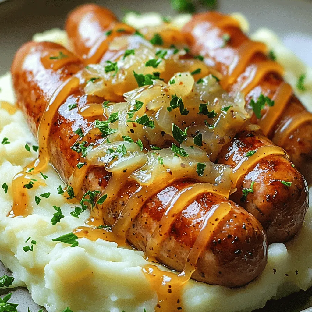 - 4 britische Schweinswürste - 500 g Kartoffeln - 100 ml Milch - 50 g Butter - 1 Zwiebel