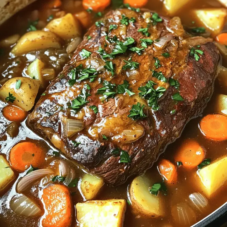- 1,5 kg Rindfleisch (z.B. Schulter oder Nacken) - 4 große Karotten, in Stücke geschnitten - 3 Kartoffeln, gewürfelt - 2 Zwiebeln, grob gehackt - 4 Knoblauchzehen, ganz - 500 ml Rinderbrühe - 2 Esslöffel Olivenöl - 2 Teelöffel getrockneter Thymian - 1 Teelöffel getrockneter Rosmarin - 2 Lorbeerblätter - Salz und Pfeffer nach Geschmack - Frische Petersilie zum Garnieren