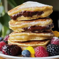 Für die perfekten Nutella-Gefüllten Pfannkuchen benötigst du folgende Zutaten: - 1 Tasse (125 g) Weizenmehl - 2 Esslöffel Zucker - 1 Esslöffel Backpulver - 1/2 Teelöffel Salz - 1 Tasse (250 ml) Milch - 1 großes Ei - 2 Esslöffel Butter, geschmolzen (plus zusätzlich Butter zum Braten) - 1/2 Tasse Nutella - Puderzucker zum Bestäuben (optional) - Frische Beeren zur Garnitur (optional) Diese Zutaten ergeben einen wunderbaren Teig. Das Mehl und der Zucker geben die Basis. Das Backpulver sorgt für die fluffige Textur. Das Salz hebt die Aromen hervor. Die Milch und das Ei verbinden alles zu einem geschmeidigen Teig. Falls du spezielle Diäten befolgst, gibt es tolle Alternativen. - Für glutenfreie Pfannkuchen nutze glutenfreies Mehl. - Bei Lactoseintoleranz kannst du Pflanzenmilch verwenden. - Vegane Optionen sind möglich. Ersetze das Ei durch eine Banane oder Apfelmus. Diese Alternativen machen die Pfannkuchen für jeden zugänglich. Du kannst sie anpassen, ohne den Geschmack zu verlieren. Um diese leckeren Pfannkuchen zu machen, benötigst du ein paar einfache Geräte. Hier sind die wichtigsten: - Schüsseln (eine große für den Teig und eine kleinere) - Schneebesen oder Gabel zum Mischen - Teigschaber für das Umrühren - Eine beschichtete Pfanne oder Grillplatte - Eine Kelle zum Portionieren des Teigs Mit diesen Geräten wird das Kochen einfach. Sie helfen, die Zutaten gut zu vermischen und die Pfannkuchen gleichmäßig zu braten. So gelingt dir das Rezept aus dem Full Recipe ganz sicher! Um den Teig für die Nutella gefüllten Pfannkuchen zu machen, nimm eine mittlere Schüssel. Füge das Weizenmehl, den Zucker, das Backpulver und das Salz hinzu. Mische die trockenen Zutaten gut. In einer anderen Schüssel gib die Milch, das Ei und die geschmolzene Butter hinein. Rühre diese Mischung gut um, bis sie gleichmäßig ist. Jetzt gieße die flüssigen Zutaten in die Schüssel mit den trockenen Zutaten. Rühre vorsichtig um, bis alles gut vermischt ist. Achte darauf, dass der Teig leicht klumpig bleibt. Erhitze eine beschichtete Pfanne bei mittlerer Hitze. Füge etwas Butter hinzu, um den Boden leicht einzufetten. Gieße für jeden Pfannkuchen etwa 1/4 Tasse Teig in die Pfanne. Sofort danach gib etwa 1 Esslöffel Nutella in die Mitte des Teigs. Decke die Nutella mit einer weiteren 1/4 Tasse Teig ab. Backe den Pfannkuchen etwa 2-3 Minuten, bis Blasen an der Oberfläche erscheinen. Drehe den Pfannkuchen vorsichtig um und backe ihn auf der anderen Seite für weitere 2-3 Minuten goldbraun. Wiederhole dies mit dem restlichen Teig. Um die Nutella perfekt in die Pfannkuchen zu füllen, achte darauf, dass der Teig nicht zu flüssig ist. Ein dickerer Teig hält die Nutella besser. Du kannst auch die Nutella leicht erwärmen, damit sie flüssiger wird. So lässt sie sich einfacher in den Pfannkuchen geben. Wenn du mehr Geschmack möchtest, mische einige Nüsse oder frische Früchte in die Nutella. Diese Ideen machen deine Pfannkuchen noch leckerer. Du findest das vollständige Rezept in der Sektion "Zutaten". Um die perfekte Konsistenz für Ihre Pfannkuchen zu erreichen, sind einige Schritte wichtig. Beginnen Sie mit den trockenen Zutaten. Mischen Sie das Mehl, den Zucker, das Backpulver und das Salz gut. In einer anderen Schüssel vermengen Sie die feuchten Zutaten: Milch, Ei und geschmolzene Butter. Gießen Sie die flüssigen Zutaten langsam zu den trockenen. Rühren Sie nur kurz, bis alles leicht vermischt ist. Klumpen sind in Ordnung. Vermeiden Sie es, den Teig zu lange zu mixen. Das macht die Pfannkuchen zäh. Ein häufiges Problem ist, dass Pfannkuchen an der Pfanne kleben. Stellen Sie sicher, dass die Pfanne gut gefettet ist. Außerdem ist die Hitze wichtig. Wenn die Pfanne zu heiß ist, brennen die Pfannkuchen außen an, während sie innen roh bleiben. Eine mittlere Hitze ist ideal. Ein weiteres Problem ist das Überfüllen mit Nutella. Achten Sie darauf, nicht zu viel Nutella zu verwenden. Ein Esslöffel reicht aus, um die perfekte Füllung zu erzielen. Die Präsentation macht viel aus! Servieren Sie die Pfannkuchen auf einem großen Teller. Stauben Sie sie leicht mit Puderzucker ab. Fügen Sie frische Beeren hinzu, um Farbe und Frische zu bringen. Himbeeren, Erdbeeren oder Blaubeeren sind großartige Optionen. Sie können auch etwas Schokolade obenauf träufeln. Das sieht nicht nur gut aus, sondern schmeckt auch fantastisch. Experimentieren Sie mit verschiedenen Garnituren, um Ihre Pfannkuchen einzigartig zu machen. {{image_4}} Für eine vegane Version der Nutella-Gefüllten Pfannkuchen können wir einige einfache Änderungen vornehmen. Verwenden Sie pflanzliche Milch, wie Mandel- oder Hafermilch. Anstelle von Eiern probieren Sie Leinsamen oder Chia-Samen. Mischen Sie einen Esslöffel gemahlene Leinsamen mit drei Esslöffeln Wasser. Lassen Sie es fünf Minuten stehen, bis es geliert. Nutzen Sie vegane Butter, um den Teig geschmeidig zu halten. So bleibt der Geschmack lecker und die Pfannkuchen sind tierfreundlich. Nutella ist wunderbar, aber Sie können auch andere Füllungen wählen. Versuchen Sie Erdnussbutter, Marmelade oder sogar frische Früchte. Bananen oder Erdbeeren passen gut zu Schokolade. Für einen besonderen Kick, fügen Sie einen Hauch von Zimt oder Vanille hinzu. Diese Variationen bringen neuen Schwung in Ihr Frühstück und machen es spannend. Die Basis für Ihre Pfannkuchen ist einfach anpassbar. Fügen Sie Kakaopulver für schokoladige Pfannkuchen hinzu. Oder probieren Sie etwas Zitronenschale für einen frischen Geschmack. Für eine herzhafte Variante, können Sie Käse oder Spinat einmischen. So wird jeder Biss zu einem neuen Erlebnis, das Sie und Ihre Familie lieben werden. Wenn du Pfannkuchen übrig hast, lass sie zuerst abkühlen. Lege sie dann in einen Behälter. Trenne jede Schicht mit Backpapier, damit sie nicht aneinanderkleben. Verschließe den Behälter gut. So bleiben sie frisch und lecker. Du kannst sie bis zu drei Tage im Kühlschrank lagern. Um die Pfannkuchen aufzuwärmen, benutze eine Pfanne. Stelle die Hitze auf niedrig. Lege den Pfannkuchen in die Pfanne und erwärme ihn für 1-2 Minuten. So bleibt der Pfannkuchen weich und die Nutella schmilzt perfekt. Alternativ kannst du die Mikrowelle verwenden. Erwärme sie dort für 20-30 Sekunden. Achte darauf, sie nicht zu lange zu erhitzen. Gefüllte Pfannkuchen sind am besten frisch. Du kannst sie jedoch auch lagern. Im Kühlschrank halten sie bis zu drei Tage. Gefrorene Pfannkuchen halten sich bis zu zwei Monate. Achte darauf, sie gut zu verpacken. So bleibt der Geschmack erhalten. Wenn du sie auftauen willst, lege sie einfach in den Kühlschrank über Nacht. Um die besten Nutella-Gefüllten Pfannkuchen zu machen, beginne mit frischen Zutaten. Achte darauf, dass der Teig leicht und klumpig ist. Übermixe ihn nicht, sonst wird der Pfannkuchen zäh. Brate sie bei mittlerer Hitze. Dadurch wird die Außenseite goldbraun und die Innenseite bleibt weich. Wenn du die Nutella in die Mitte gibst, decke sie gut mit Teig ab. So bleibt sie beim Braten schön geschmolzen. Ja, du kannst Nutella durch jede andere Schokoladencreme ersetzen. Achte darauf, dass die Konsistenz ähnlich ist. Du kannst auch Erdnussbutter oder eine Nusscreme wählen, wenn du magst. Diese Alternativen geben den Pfannkuchen einen neuen Twist. Probiere verschiedene Optionen aus, um deinen Favoriten zu finden. In vielen Cafés und Restaurants findest du Nutella-Gefüllte Pfannkuchen. Sie sind oft auf der Frühstückskarte. Suche nach Lokalen, die für ihre Pfannkuchen bekannt sind. Einige Bäckereien bieten auch diesen köstlichen Genuss an. Wenn du auf Reisen bist, frage Einheimische nach ihren Empfehlungen. In diesem Artikel haben wir die besten Nutella-gefüllten Pfannkuchen erkundet. Wir gingen die Zutaten durch, einschließlich Haupt- und Alternativen. Ich gab Ihnen eine einfache Schritt-für-Schritt-Anleitung, um perfekte Pfannkuchen zu machen. Tipps und Tricks helfen, häufige Fehler zu vermeiden und die Konsistenz zu verbessern. Variationen wie vegane Versionen erweitern die Möglichkeiten. Nutzen Sie all dieses Wissen. Kreieren Sie Ihre eigenen köstlichen Pfannkuchen. Genießen Sie die verschiedenen Füllungen und präsentieren Sie sie stilvoll. Viel Spaß beim Kochen!