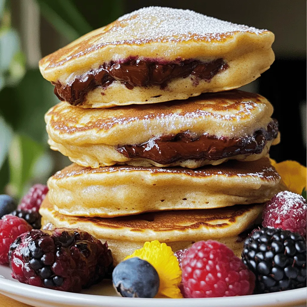 Für die perfekten Nutella-Gefüllten Pfannkuchen benötigst du folgende Zutaten: - 1 Tasse (125 g) Weizenmehl - 2 Esslöffel Zucker - 1 Esslöffel Backpulver - 1/2 Teelöffel Salz - 1 Tasse (250 ml) Milch - 1 großes Ei - 2 Esslöffel Butter, geschmolzen (plus zusätzlich Butter zum Braten) - 1/2 Tasse Nutella - Puderzucker zum Bestäuben (optional) - Frische Beeren zur Garnitur (optional) Diese Zutaten ergeben einen wunderbaren Teig. Das Mehl und der Zucker geben die Basis. Das Backpulver sorgt für die fluffige Textur. Das Salz hebt die Aromen hervor. Die Milch und das Ei verbinden alles zu einem geschmeidigen Teig. Falls du spezielle Diäten befolgst, gibt es tolle Alternativen. - Für glutenfreie Pfannkuchen nutze glutenfreies Mehl. - Bei Lactoseintoleranz kannst du Pflanzenmilch verwenden. - Vegane Optionen sind möglich. Ersetze das Ei durch eine Banane oder Apfelmus. Diese Alternativen machen die Pfannkuchen für jeden zugänglich. Du kannst sie anpassen, ohne den Geschmack zu verlieren. Um diese leckeren Pfannkuchen zu machen, benötigst du ein paar einfache Geräte. Hier sind die wichtigsten: - Schüsseln (eine große für den Teig und eine kleinere) - Schneebesen oder Gabel zum Mischen - Teigschaber für das Umrühren - Eine beschichtete Pfanne oder Grillplatte - Eine Kelle zum Portionieren des Teigs Mit diesen Geräten wird das Kochen einfach. Sie helfen, die Zutaten gut zu vermischen und die Pfannkuchen gleichmäßig zu braten. So gelingt dir das Rezept aus dem Full Recipe ganz sicher! Um den Teig für die Nutella gefüllten Pfannkuchen zu machen, nimm eine mittlere Schüssel. Füge das Weizenmehl, den Zucker, das Backpulver und das Salz hinzu. Mische die trockenen Zutaten gut. In einer anderen Schüssel gib die Milch, das Ei und die geschmolzene Butter hinein. Rühre diese Mischung gut um, bis sie gleichmäßig ist. Jetzt gieße die flüssigen Zutaten in die Schüssel mit den trockenen Zutaten. Rühre vorsichtig um, bis alles gut vermischt ist. Achte darauf, dass der Teig leicht klumpig bleibt. Erhitze eine beschichtete Pfanne bei mittlerer Hitze. Füge etwas Butter hinzu, um den Boden leicht einzufetten. Gieße für jeden Pfannkuchen etwa 1/4 Tasse Teig in die Pfanne. Sofort danach gib etwa 1 Esslöffel Nutella in die Mitte des Teigs. Decke die Nutella mit einer weiteren 1/4 Tasse Teig ab. Backe den Pfannkuchen etwa 2-3 Minuten, bis Blasen an der Oberfläche erscheinen. Drehe den Pfannkuchen vorsichtig um und backe ihn auf der anderen Seite für weitere 2-3 Minuten goldbraun. Wiederhole dies mit dem restlichen Teig. Um die Nutella perfekt in die Pfannkuchen zu füllen, achte darauf, dass der Teig nicht zu flüssig ist. Ein dickerer Teig hält die Nutella besser. Du kannst auch die Nutella leicht erwärmen, damit sie flüssiger wird. So lässt sie sich einfacher in den Pfannkuchen geben. Wenn du mehr Geschmack möchtest, mische einige Nüsse oder frische Früchte in die Nutella. Diese Ideen machen deine Pfannkuchen noch leckerer. Du findest das vollständige Rezept in der Sektion "Zutaten". Um die perfekte Konsistenz für Ihre Pfannkuchen zu erreichen, sind einige Schritte wichtig. Beginnen Sie mit den trockenen Zutaten. Mischen Sie das Mehl, den Zucker, das Backpulver und das Salz gut. In einer anderen Schüssel vermengen Sie die feuchten Zutaten: Milch, Ei und geschmolzene Butter. Gießen Sie die flüssigen Zutaten langsam zu den trockenen. Rühren Sie nur kurz, bis alles leicht vermischt ist. Klumpen sind in Ordnung. Vermeiden Sie es, den Teig zu lange zu mixen. Das macht die Pfannkuchen zäh. Ein häufiges Problem ist, dass Pfannkuchen an der Pfanne kleben. Stellen Sie sicher, dass die Pfanne gut gefettet ist. Außerdem ist die Hitze wichtig. Wenn die Pfanne zu heiß ist, brennen die Pfannkuchen außen an, während sie innen roh bleiben. Eine mittlere Hitze ist ideal. Ein weiteres Problem ist das Überfüllen mit Nutella. Achten Sie darauf, nicht zu viel Nutella zu verwenden. Ein Esslöffel reicht aus, um die perfekte Füllung zu erzielen. Die Präsentation macht viel aus! Servieren Sie die Pfannkuchen auf einem großen Teller. Stauben Sie sie leicht mit Puderzucker ab. Fügen Sie frische Beeren hinzu, um Farbe und Frische zu bringen. Himbeeren, Erdbeeren oder Blaubeeren sind großartige Optionen. Sie können auch etwas Schokolade obenauf träufeln. Das sieht nicht nur gut aus, sondern schmeckt auch fantastisch. Experimentieren Sie mit verschiedenen Garnituren, um Ihre Pfannkuchen einzigartig zu machen. {{image_4}} Für eine vegane Version der Nutella-Gefüllten Pfannkuchen können wir einige einfache Änderungen vornehmen. Verwenden Sie pflanzliche Milch, wie Mandel- oder Hafermilch. Anstelle von Eiern probieren Sie Leinsamen oder Chia-Samen. Mischen Sie einen Esslöffel gemahlene Leinsamen mit drei Esslöffeln Wasser. Lassen Sie es fünf Minuten stehen, bis es geliert. Nutzen Sie vegane Butter, um den Teig geschmeidig zu halten. So bleibt der Geschmack lecker und die Pfannkuchen sind tierfreundlich. Nutella ist wunderbar, aber Sie können auch andere Füllungen wählen. Versuchen Sie Erdnussbutter, Marmelade oder sogar frische Früchte. Bananen oder Erdbeeren passen gut zu Schokolade. Für einen besonderen Kick, fügen Sie einen Hauch von Zimt oder Vanille hinzu. Diese Variationen bringen neuen Schwung in Ihr Frühstück und machen es spannend. Die Basis für Ihre Pfannkuchen ist einfach anpassbar. Fügen Sie Kakaopulver für schokoladige Pfannkuchen hinzu. Oder probieren Sie etwas Zitronenschale für einen frischen Geschmack. Für eine herzhafte Variante, können Sie Käse oder Spinat einmischen. So wird jeder Biss zu einem neuen Erlebnis, das Sie und Ihre Familie lieben werden. Wenn du Pfannkuchen übrig hast, lass sie zuerst abkühlen. Lege sie dann in einen Behälter. Trenne jede Schicht mit Backpapier, damit sie nicht aneinanderkleben. Verschließe den Behälter gut. So bleiben sie frisch und lecker. Du kannst sie bis zu drei Tage im Kühlschrank lagern. Um die Pfannkuchen aufzuwärmen, benutze eine Pfanne. Stelle die Hitze auf niedrig. Lege den Pfannkuchen in die Pfanne und erwärme ihn für 1-2 Minuten. So bleibt der Pfannkuchen weich und die Nutella schmilzt perfekt. Alternativ kannst du die Mikrowelle verwenden. Erwärme sie dort für 20-30 Sekunden. Achte darauf, sie nicht zu lange zu erhitzen. Gefüllte Pfannkuchen sind am besten frisch. Du kannst sie jedoch auch lagern. Im Kühlschrank halten sie bis zu drei Tage. Gefrorene Pfannkuchen halten sich bis zu zwei Monate. Achte darauf, sie gut zu verpacken. So bleibt der Geschmack erhalten. Wenn du sie auftauen willst, lege sie einfach in den Kühlschrank über Nacht. Um die besten Nutella-Gefüllten Pfannkuchen zu machen, beginne mit frischen Zutaten. Achte darauf, dass der Teig leicht und klumpig ist. Übermixe ihn nicht, sonst wird der Pfannkuchen zäh. Brate sie bei mittlerer Hitze. Dadurch wird die Außenseite goldbraun und die Innenseite bleibt weich. Wenn du die Nutella in die Mitte gibst, decke sie gut mit Teig ab. So bleibt sie beim Braten schön geschmolzen. Ja, du kannst Nutella durch jede andere Schokoladencreme ersetzen. Achte darauf, dass die Konsistenz ähnlich ist. Du kannst auch Erdnussbutter oder eine Nusscreme wählen, wenn du magst. Diese Alternativen geben den Pfannkuchen einen neuen Twist. Probiere verschiedene Optionen aus, um deinen Favoriten zu finden. In vielen Cafés und Restaurants findest du Nutella-Gefüllte Pfannkuchen. Sie sind oft auf der Frühstückskarte. Suche nach Lokalen, die für ihre Pfannkuchen bekannt sind. Einige Bäckereien bieten auch diesen köstlichen Genuss an. Wenn du auf Reisen bist, frage Einheimische nach ihren Empfehlungen. In diesem Artikel haben wir die besten Nutella-gefüllten Pfannkuchen erkundet. Wir gingen die Zutaten durch, einschließlich Haupt- und Alternativen. Ich gab Ihnen eine einfache Schritt-für-Schritt-Anleitung, um perfekte Pfannkuchen zu machen. Tipps und Tricks helfen, häufige Fehler zu vermeiden und die Konsistenz zu verbessern. Variationen wie vegane Versionen erweitern die Möglichkeiten. Nutzen Sie all dieses Wissen. Kreieren Sie Ihre eigenen köstlichen Pfannkuchen. Genießen Sie die verschiedenen Füllungen und präsentieren Sie sie stilvoll. Viel Spaß beim Kochen!