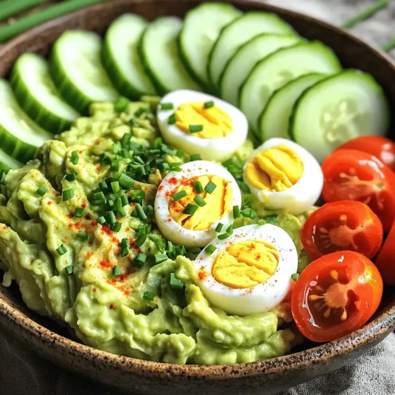 - 4 große Eier - 1 reife Avocado - 2 Esslöffel griechischer Joghurt - 1 Esslöffel Dijon-Senf - 1 Esslöffel Zitronensaft - 1/4 Teelöffel Knoblauchpulver - Salz und Pfeffer nach Geschmack - 2 Esslöffel frische, gehackte Schnittlauch - 1/4 Teelöffel geräuchertes Paprikapulver (optional) Die Hauptzutaten sind einfach und frisch. Eier sind die Basis des Rezepts. Sie bringen Protein und eine tolle Textur. Die Avocado macht den Salat cremig und lecker. Griechischer Joghurt gibt zusätzlichen Geschmack und macht ihn leicht. Für die weiteren Zutaten verwenden wir Dijon-Senf, um dem Salat einen scharfen Kick zu geben. Zitronensaft sorgt für Frische und hilft, die Avocado hellgrün zu halten. Knoblauchpulver gibt einen feinen Geschmack, der nicht zu stark ist. Die Gewürze sind wichtig, um den Geschmack zu verbessern. Salz und Pfeffer sind ein Muss. Frischer Schnittlauch bringt Farbe und einen milden Zwiebelgeschmack. Geräuchertes Paprikapulver gibt eine rauchige Note, ist aber optional. Für das vollständige Rezept, einschließlich der Zubereitungsschritte, schauen Sie sich den Abschnitt "Full Recipe" an. Um den perfekten Avocado-Ei-Salat zu machen, beginne mit dem Kochen der Eier. Lege die Eier in einen kleinen Topf und bedecke sie mit kaltem Wasser. Stelle den Herd auf hohe Hitze. Wenn das Wasser kocht, reduziere die Hitze auf niedrig. Lass die Eier dann 9 bis 12 Minuten köcheln. Nach dem Kochen sind die Eier fertig. Um sie abzukühlen, lege sie in eine Schüssel mit Eiswasser für etwa 5 Minuten. Dies stoppt den Kochprozess und macht das Schälen einfacher. Während die Eier abkühlen, ist es Zeit für die Avocado. Nehme eine reife Avocado und schneide sie in der Mitte durch. Entferne den Kern vorsichtig. Mit einem Löffel löffelst du das Fruchtfleisch in eine Rührschüssel. Nimm eine Gabel und zerdrücke die Avocado gut, bis sie cremig ist. Dies gibt dem Salat die gewünschte Konsistenz. Nachdem die Eier abgekühlt sind, schäle sie. Schneide die Eier in kleine Stücke. Füge die gehackten Eier zur zerdrückten Avocado in die Schüssel hinzu. Jetzt ist es Zeit für die anderen Zutaten. Gib den griechischen Joghurt, Dijon-Senf, Zitronensaft, Knoblauchpulver sowie Salz und Pfeffer in die Mischung. Rühre alles vorsichtig um, bis die Zutaten gut vermischt sind. Zum Schluss füge den frisch gehackten Schnittlauch hinzu und, wenn gewünscht, etwas geräuchertes Paprikapulver. Probiere die Mischung und passe die Gewürze nach deinem Geschmack an. Für die genaue Zutatenliste und Zubereitung, schaue dir das Rezept "Avocado-Ei-Salat-Delight" an. Um die perfekte Konsistenz zu erreichen, ist die Menge an Joghurt wichtig. Beginne mit 2 Esslöffeln griechischem Joghurt. Du kannst mehr hinzufügen, wenn du eine cremigere Textur möchtest. Achte darauf, die Avocado richtig zu zerdrücken. Reife Avocados sind weicher und leichter zu verarbeiten. Wenn du die Avocado gut zerdrückst, wird der Salat richtig cremig. Jeder hat einen eigenen Geschmack. Probiere verschiedene Gewürze aus, um den Salat nach deinem Wunsch zu gestalten. Ein wenig mehr Dijon-Senf bringt einen scharfen Kick. Frische Kräuter wie Schnittlauch oder Petersilie geben dem Salat mehr Frische. Füge sie einfach am Ende hinzu und mische sie gut unter. Die Art, wie du den Salat servierst, zählt. Nutze eine rustikale Schüssel für einen schönen Look. Garniere den Salat mit mehr Schnittlauch und einem Hauch Paprikapulver. Das macht den Salat ansprechender. Serviere ihn mit geschnittenen Gurken und Kirschtomaten. Diese Beilagen sorgen für mehr Farbe auf dem Teller. {{image_4}} Du kannst deinen Avocado-Ei-Salat ganz leicht abwandeln. Ein beliebter Trick ist, kleine Stücke von Tomaten oder Gurken hinzuzufügen. Diese bringen frische Farben und Geschmäcker. Wenn du einen anderen Ansatz wählst, püriere einfach die Eier. Das gibt dem Salat eine andere Textur und macht ihn noch cremiger. Wenn du auf deine Ernährung achtest, gibt es viele Optionen. Du kannst eine Low-Carb-Version machen, indem du den Joghurt weglässt. Für eine Paleo-freundliche Variante, ersetze den Joghurt durch Avocado. Veganer können Kichererbsen als Proteinquelle nutzen. Püriere sie einfach und mische sie mit der Avocado. Der Avocado-Ei-Salat ist sehr vielseitig. Du kannst ihn auf frischem Brot servieren oder in Salatwickeln genießen. Diese Optionen sind einfach und lecker. Du kannst auch gesunde Snacks wie Karotten oder Paprika dazu reichen. So hast du eine tolle Kombination für ein leichtes Mittagessen oder einen Snack. Um den Avocado-Ei-Salat frisch zu halten, lege ihn in einen luftdichten Behälter. Das schützt vor Luft und Feuchtigkeit. Du kannst den Salat bis zu drei Tage im Kühlschrank aufbewahren. Überprüfe vor dem Essen immer den Geruch und das Aussehen. Wenn der Salat braun wird, ist es Zeit, ihn wegzuwerfen. Du kannst die Zutaten im Voraus zubereiten. Koche die Eier einen Tag vorher und bewahre sie im Kühlschrank auf. Die Avocado solltest du jedoch frisch zerdrücken, da sie schnell bräunlich wird. Schneide die Avocado erst kurz vor dem Mischen in den Salat. Das sorgt für die beste Farbe und den besten Geschmack. Wenn du wenig Zeit hast, bereite die Mischung einfach am Abend zuvor vor. Das spart Zeit am Morgen. Du kannst sogar die Joghurt- und Senf-Mischung schon zusammenrühren. So geht es schnell, wenn du den Salat servieren möchtest. Für das komplette Rezept schaue dir [Full Recipe] an. Avocado-Ei-Salat bleibt im Kühlschrank etwa drei Tage frisch. Um die Haltbarkeit zu maximieren, bewahre ihn in einem luftdichten Behälter auf. Das verhindert, dass er schnell braun wird. Wenn du die Avocado in einem separaten Behälter aufbewahrst, bleibt sie länger grün. Achte darauf, den Salat gut abzudecken, um Gerüche zu vermeiden. Ja, du kannst viele Zutaten hinzufügen! Tomaten sorgen für Frische, und Gurken bringen Knackigkeit. Für mehr Protein kannst du gekochte Kichererbsen oder Tofu hinzufügen. Wenn du etwas Schärfe magst, probiere Jalapeños. Jede zusätzliche Zutat bringt neue Aromen in den Salat. Sei kreativ und passe die Zutaten nach deinem Geschmack an. Ja, Avocado-Ei-Salat ist sehr gesund! Er enthält gesunde Fette aus der Avocado, die gut für das Herz sind. Eier liefern hochwertiges Protein und Vitamine. Griechischer Joghurt fügt Probiotika hinzu, die gut für die Verdauung sind. Dieser Salat ist nahrhaft und sättigend. Er kann eine großartige Option für ein leichtes Mittagessen sein. Um den Salat für mehr Personen zu machen, verdopple oder verdreifache die Zutaten. Verwende mehr Eier und Avocado, um die Menge zu erhöhen. Achte darauf, auch die anderen Zutaten im Verhältnis zu erhöhen. Wenn du eine große Schüssel verwendest, kannst du alles besser mischen. Das Rezept "Avocado-Ei-Salat-Delight" stammt von meiner Leidenschaft für gesunde, einfache Gerichte. Ich wollte eine Mischung aus klassischen Zutaten und neuen Ideen schaffen. Die Kombination aus Avocado und Eiern ist nicht nur lecker, sondern auch nahrhaft. Der Salat ist inspiriert von verschiedenen Kulturen, die frische Zutaten schätzen. Der Avocado-Ei-Salat ist einfach zuzubereiten und voller Geschmack. Wir haben die Hauptzutaten wie Eier und Avocado sowie leckere Gewürze betrachtet. Ich habe eine Schritt-für-Schritt-Anleitung geteilt, um sicherzustellen, dass du jeden Schritt richtig machst. Die Tipps helfen dir, die perfekte Konsistenz zu erreichen und den Salat an deine Vorlieben anzupassen. Variationen und Aufbewahrungstipps bieten dir Flexibilität. Probiere es aus und entdecke neue Genussmomente mit diesem gesunden Rezept!