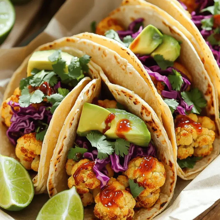 Für die Spicy Sriracha Blumenkohl-Tacos brauchst du einige einfache Zutaten. Hier sind die Hauptzutaten, die du sammeln solltest: - 1 mittelgroßer Blumenkohl, in Röschen zerteilt - 3 Esslöffel Olivenöl - 2 Esslöffel Sriracha-Sauce (nach Geschmack anpassen) - 1 Teelöffel geräuchertes Paprikapulver - 1 Teelöffel Kreuzkümmel - 1 Teelöffel Knoblauchpulver - Salz und Pfeffer nach Geschmack - 8 kleine Maistortillas Diese Zutaten bilden die Basis für deinen Taco. Der Blumenkohl bringt eine tolle Textur und ist eine gesunde Wahl. Die richtigen Gewürze machen den Unterschied. Hier sind die Öle und Gewürze, die du benötigst: - Olivenöl sorgt für die nötige Feuchtigkeit. - Sriracha macht die Tacos schön scharf. - Geräuchertes Paprikapulver fügt einen tiefen, rauchigen Geschmack hinzu. - Kreuzkümmel bringt eine erdige Note. - Knoblauchpulver gibt zusätzlichen Geschmack. Diese Gewürze und Öle helfen, den Blumenkohl perfekt zu würzen. Sie sind einfach zu finden und machen deine Tacos besonders lecker. Frische Beilagen geben den Tacos den letzten Schliff. Hier sind einige empfohlene Garnituren: - 1 Avocado, in Scheiben geschnitten - 1 Tasse rotkohl, fein gehobelt - Frische Korianderblätter, zur Garnitur - Limettenviertel, zum Servieren Diese frischen Zutaten bringen Farbe und Geschmack. Die Avocado sorgt für Cremigkeit, während der Koriander einen frischen Kick gibt. So wird jede Biss zu einem Genuss! Für mehr Details und die vollständige Zubereitung, schau dir das [Full Recipe] an. Zuerst heize den Ofen auf 220°C vor. In einer großen Schüssel mische die Blumenkohlröschen mit Olivenöl und Sriracha. Füge geräuchertes Paprikapulver, Kreuzkümmel und Knoblauchpulver hinzu. Würze mit Salz und Pfeffer. Rühre alles gut durch, bis der Blumenkohl gleichmäßig bedeckt ist. Verteile die Röschen auf ein mit Backpapier ausgelegtes Blech. Röste den Blumenkohl für 20 bis 25 Minuten. Wende die Röschen halbzeit, um eine schöne Bräunung zu erreichen. Während der Blumenkohl röstet, bereite die Maistortillas vor. Erhitze eine trockene Pfanne auf mittlerer Hitze. Lege die Tortillas in die Pfanne und erwärme sie etwa 30 Sekunden auf jeder Seite. Sie sollten weich und biegsam sein, bereit für die Füllung. Sobald der Blumenkohl geröstet ist, nimm ihn aus dem Ofen. Beginne mit dem Zusammenstellen der Tacos. Lege einige Blumenkohlröschen auf jede Tortilla. Danach füge geschnittene Avocado, geriebenen Rotkohl und frische Korianderblätter hinzu. Serviere die Tacos mit Limettenvierteln, damit jeder nach Belieben Limettensaft hinzufügen kann. Für das vollständige Rezept, inklusive der genauen Mengenangaben, schaue dir die [Full Recipe] an. Um Blumenkohl perfekt zu rösten, achte auf die Temperatur. Heize deinen Ofen auf 220°C vor. Diese hohe Hitze sorgt für eine schöne Bräunung. Schneide den Blumenkohl in gleichmäßige Röschen. So garen sie gleichmäßig. Vermische den Blumenkohl gut mit Olivenöl und Gewürzen. Das hilft, dass jede Rösche Geschmack aufnimmt. Lege die Röschen auf ein mit Backpapier belegtes Blech. Vermeide es, sie zu dicht aneinander zu legen. Wenn sie Platz haben, rösten sie besser. Wende sie nach 10 Minuten, damit sie gleichmäßig bräunen. Das Rösten dauert etwa 20-25 Minuten. Sriracha ist scharf und lecker, aber du kannst die Schärfe anpassen. Wenn du es milder magst, verwende weniger Sriracha. Mische es mit etwas Joghurt oder Sauerrahm. Dadurch wird die Sauce cremiger und weniger scharf. Hast du eine andere Sauce, die du magst? Probiere sie aus! Chili-Soße oder BBQ-Sauce sind tolle Alternativen. Experimentiere mit verschiedenen Geschmäckern. Das macht deine Tacos einzigartig. Die Tacos kannst du ganz nach deinem Geschmack anpassen. Füge frische Zutaten hinzu, wie Tomaten oder Mais. Avocado gibt eine cremige Note, die viele lieben. Denk auch an verschiedene Kräuter. Frischer Koriander passt gut dazu, aber Petersilie ist auch eine leckere Option. Für mehr Crunch kannst du geröstete Nüsse oder Samen verwenden. Das gibt deinen Tacos eine spannende Textur. Falls du das Rezept noch nicht hast, schau dir die vollständige Anleitung an, um alle Details zu erfahren. {{image_4}} Wenn du eine vegane Variante willst, ersetze die Avocado durch Guacamole. Du kannst auch pflanzliche Joghurtalternativen verwenden. So bekommst du eine cremige Note ohne tierische Produkte. Diese Optionen passen perfekt zu den würzigen Blumenkohlröschen. Du kannst die Tacos aufpeppen. Probiere schwarze Bohnen oder Kichererbsen als Füllung. Sie fügen Protein hinzu und machen die Tacos sättigender. Für mehr Geschmack kannst du noch nach Belieben Jalapeños oder frische Tomatenwürfel hinzufügen. Das gibt einen schönen Farbkontrast. Blumenkohl ist toll, aber du kannst auch andere Gemüse verwenden. Brokkoli oder Zucchini sind gute Alternativen. Diese Gemüsesorten nehmen die Aromen gut auf. Du kannst sie genauso würzen und rösten. Probiere auch Süßkartoffeln für eine süßere Note. Für das vollständige Rezept besuche die Seite mit dem Full Recipe. Wenn du Reste von den Tacos hast, bewahre sie in einem luftdichten Behälter auf. So bleiben sie frisch. Du kannst die Tacos auch ohne die Beilagen lagern. Das verhindert, dass die Tortillas weich werden. Stelle sicher, dass die Tacos abgekühlt sind, bevor du sie in den Kühlschrank stellst. So vermeidest du Kondenswasser. Um die Tacos wieder aufzuwärmen, benutze eine trockene Pfanne. Erhitze die Tacos bei mittlerer Hitze für etwa zwei bis drei Minuten. Achte darauf, dass die Tortillas nicht anbrennen. Alternativ kannst du die Tacos in der Mikrowelle aufwärmen. Lege sie auf einen Teller und decke sie mit einem feuchten Tuch ab. Erwärme sie für 30 Sekunden. Überprüfe die Temperatur und wiederhole es, falls nötig. Die meisten Zutaten sind gut haltbar. Du kannst den Blumenkohl im Kühlschrank bis zu einer Woche aufbewahren. Sriracha-Sauce hält sich lange im Kühlschrank. Sie bleibt auch nach dem Öffnen viele Monate frisch. Avocado sollte jedoch schnell gegessen werden, da sie schnell braun wird. Verwende Limetten zeitnah, um den besten Geschmack zu genießen. Die Schärfe dieser Tacos hängt von der Sriracha-Sauce ab. Ich empfehle, mit zwei Esslöffeln zu starten. Du kannst mehr Sriracha hinzufügen, wenn du es würziger magst. Die Kombination aus Blumenkohl und Gewürzen mildert die Schärfe. So bleibt der Geschmack ausgewogen und lecker. Ja, du kannst Maistortillas durch Weizentortillas oder Salatblätter ersetzen. Weizentortillas sind weicher und flexibler. Salatblätter sind eine tolle, kalorienarme Option. Wähle die Variante, die dir am besten schmeckt. Jede Option bringt ihren eigenen Charme in die Tacos. Das Rezept ergibt etwa vier Portionen. Du kannst die Anzahl leicht anpassen, indem du mehr Blumenkohl verwendest. Jeder Taco hat genug Füllung, um satt zu machen. Perfekt für ein schnelles Abendessen oder ein geselliges Essen mit Freunden. Für die vollständige Zubereitung, siehe das [Full Recipe]. Spicy Sriracha Blumenkohl-Tacos sind einfach und lecker. Wir haben die besten Zutaten, die Zubereitung und viele Tipps behandelt. Du kannst Reste leicht aufbewahren und die Tacos nach deinem Geschmack anpassen. Diese Tacos sind nicht nur scharf, sondern auch gesund. Trau dich, neue Variationen auszuprobieren. Mit diesem Wissen kannst du das Rezept perfekt umsetzen und deine Gäste beeindrucken. Viel Spaß beim Kochen und Genießen!