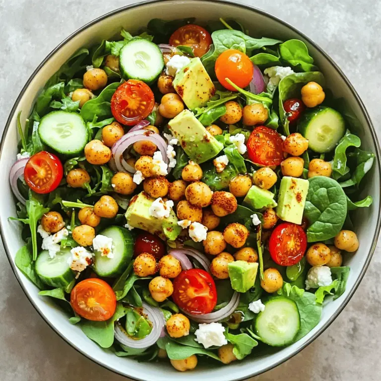 Für diesen köstlichen Salat brauchen Sie: - 1 Dose (425 g) Kichererbsen, abgetropft und gespült - 2 Esslöffel Olivenöl - 1 Teelöffel Knoblauchpulver - 1 Teelöffel geräuchertes Paprikapulver - 1/2 Teelöffel Kreuzkümmel (Cumin) - Salz und Pfeffer nach Geschmack Diese Zutaten geben dem Salat einen tollen Geschmack und die Kichererbsen sorgen für die knusprige Textur. Für den perfekten Salat mixen wir noch: - 4 Tassen gemischtes Blattwerk (Spinat, Rucola und Romaine) - 1 Tasse Kirschtomaten, halbiert - 1/2 Salatgurke, gewürfelt - 1/4 rote Zwiebel, dünn geschnitten - 1 Avocado, gewürfelt - 1/4 Tasse Feta-Käse, zerbröselt (optional) - 2 Esslöffel Balsamico-Essig Diese frischen Zutaten bringen Farbe und Geschmack. Sie machen den Salat nahrhaft und lecker. Wenn Sie spezielle Diäten haben, gibt es tolle Optionen: - Für vegane Optionen, lassen Sie den Feta-Käse weg oder verwenden Sie veganen Käse. - Für glutenfreie Vorschläge, sind alle Zutaten sicher, solange Sie die Gewürze überprüfen. So können alle den Salat genießen, egal welche Vorlieben sie haben. Probieren Sie den Salat aus dem [Full Recipe]. Um Kichererbsen knusprig zu machen, benutze ich immer die Ofenmethode. Das Rösten verleiht ihnen einen tollen Crunch. Hier sind meine Schritte: - Heize den Ofen auf 200°C vor. - Nimm eine Dose Kichererbsen, spüle sie gut ab und lasse sie abtropfen. - Mische die Kichererbsen mit Olivenöl, Knoblauchpulver, geräuchertem Paprikapulver, Kreuzkümmel, Salz und Pfeffer. Das sorgt für viel Geschmack. - Verteile die Kichererbsen gleichmäßig auf einem Backblech. - Röste sie für 25 bis 30 Minuten. Schüttle das Blech einmal, damit sie gleichmäßig bräunen. Diese Rösttechnik hilft, die Kichererbsen perfekt knusprig zu machen. Jetzt kommt der spaßige Teil – die frischen Zutaten! Hier mische ich alles zusammen: - In einer großen Schüssel gebe ich gemischtes Blattwerk wie Spinat, Rucola und Romaine. - Dann füge ich halbierte Kirschtomaten, gewürfelte Gurke, dünn geschnittene rote Zwiebel und gewürfelte Avocado hinzu. - Ich vermenge alles sanft, damit die Zutaten frisch bleiben. Diese Mischung sorgt für einen bunten und nahrhaften Salat. Jetzt ist es Zeit, alles zusammenzubringen: - Wenn die Kichererbsen knusprig sind, lasse ich sie kurz abkühlen. - Dann füge ich sie zur Salatmischung hinzu. - Ich träufle Balsamico-Essig über den Salat und vermenge alles vorsichtig. - Wenn du magst, kannst du zerbröselten Feta darüber streuen. Ich serviere den Salat sofort, um die beste Textur zu erleben. Du kannst die Aromen auch 30 Minuten im Kühlschrank ziehen lassen. Die vollständige Rezeptur findest du in der [Full Recipe]. Um die Kichererbsen knusprig zu machen, heizen Sie den Ofen auf 200°C vor. Trocknen Sie die Kichererbsen gut ab. Das hilft, die Feuchtigkeit zu entfernen. Mischen Sie die Kichererbsen mit Olivenöl und Gewürzen. Verteilen Sie sie gleichmäßig auf einem Backblech. Rösten Sie sie 25-30 Minuten. Schütteln Sie das Blech in der Mitte der Zeit. So werden sie gleichmäßig knusprig. Um den Salat noch besser zu machen, probieren Sie verschiedene Gewürze. Fügen Sie etwas Cayennepfeffer für Schärfe hinzu. Auch Zitronensaft bringt Frische. Für eine interessante Note mischen Sie frische Kräuter, wie Petersilie oder Koriander, in den Salat. Diese Kombinationen machen den Geschmack lebendig und aufregend. Eine ansprechende Präsentation macht den Salat noch leckerer. Servieren Sie ihn in großen, tiefen Tellern. Garnieren Sie den Salat mit frischen Kräutern oder ein paar Kichererbsen oben drauf. Fügen Sie den zerbröselten Feta-Käse erst kurz vor dem Servieren hinzu. So bleibt er frisch und lecker. Das Auge isst mit! {{image_4}} Für eine vegetarische oder vegane Version kannst du den Feta-Käse ganz weglassen. Das macht den Salat leicht und frisch. Du kannst auch Avocado als cremige Alternative nutzen. Ein Spritzer Zitronensaft bringt zusätzlichen Geschmack. Möchtest du mehr Textur? Füge Sonnenblumenkerne oder Nüsse hinzu. Sie geben einen tollen Crunch. Nutze saisonales Gemüse für mehr Frische. Im Frühling passen grüne Erbsen oder Radieschen gut. Im Sommer sind Paprika und Zucchini lecker. Im Herbst kannst du Kürbisstücke oder Rote Bete probieren. Diese Zutaten machen den Salat bunt und nahrhaft. Achte darauf, das Gemüse klein zu schneiden, damit es gut vermischt wird. Um den Nährstoffgehalt zu steigern, füge andere Proteinquellen hinzu. Gekochte Quinoa oder Linsen sind großartige Optionen. Sie machen den Salat herzhaft. Du kannst auch gebratene Tofu-Würfel einfügen. Sie bringen einen interessanten Geschmack. Diese Variationen sorgen dafür, dass du immer wieder etwas Neues im Salat entdeckst. Für das vollständige Rezept, schau dir die [Full Recipe] an. Um den Salat frisch zu halten, bewahre ihn im Kühlschrank auf. Nutze einen luftdichten Behälter. Der Salat bleibt so für bis zu drei Tage frisch. Wenn du die Kichererbsen getrennt aufbewahrst, bleibt ihre Knusprigkeit länger erhalten. Kichererbsen aus der Dose sind praktisch. Sie sind auch lange haltbar. Übrig gebliebene Kichererbsen kann man gut für weitere Gerichte nutzen. Ein einfacher Hummus oder eine Kichererbsensuppe sind tolle Ideen. Diese Optionen sind nahrhaft und lecker. Wenn du Reste hast, sei kreativ! Kichererbsen kannst du in einem Wrap oder Sandwich verwenden. Du kannst sie auch zu einem Curry hinzufügen. Mische sie in eine Gemüsesuppe für mehr Geschmack. Du kannst die Reste gut in vielen anderen Rezepten verwenden. Der knusprige Kichererbsensalat bleibt im Kühlschrank etwa 2 bis 3 Tage frisch. Wenn du ihn länger aufbewahren möchtest, lagere die Kichererbsen getrennt vom Salat. Das hält die Kichererbsen knusprig. Die frischen Zutaten, wie Gemüse, verlieren schnell ihre Knackigkeit. Daher ist es am besten, den Salat frisch zu genießen. Ja, Kichererbsen aus der Dose sind perfekt für diesen Salat. Sie sind bereits gar und sparen Zeit. Vergiss nicht, sie gut abzuspülen und abtropfen zu lassen. Dadurch reduzierst du die Menge an Natrium und verbesserst den Geschmack. Frische Kichererbsen sind auch eine Option, wenn du sie selbst kochen möchtest. Du kannst viele Zutaten nach deinem Geschmack hinzufügen. Probiere Paprika, Karotten oder sogar Nüsse für einen Crunch. Füge frische Kräuter wie Petersilie oder Minze für mehr Geschmack hinzu. Wenn du etwas Süßes magst, sind Avocado und getrocknete Cranberries eine tolle Wahl. Denke daran, kreativ zu sein und deinen persönlichen Lieblingsgeschmack zu finden! Dieser Blogpost hat dir gezeigt, wie du einen köstlichen Kichererbsensalat zubereitest. Wir haben die Hauptzutaten und zusätzliche Optionen wie frisches Gemüse besprochen. Es gibt auch Tipps für knusprige Kichererbsen und kreative Variationen. Denke daran, wie wichtig die Präsentation und die Lagerung sind, damit dein Salat frisch bleibt. Mit diesen Ideen kannst du deinen Salat ganz nach deinem Geschmack anpassen. Freude am Kochen kann viel erreichen! Probiere verschiedene Kombinationen aus und finde deinen Favoriten.