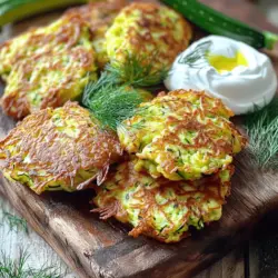 - Zucchini, Feta und Eier: Die Zucchini sind der Hauptbestandteil. Sie bringen Frische und Feuchtigkeit. Feta gibt den Fritters einen salzigen, cremigen Geschmack. Eier helfen, alles zu binden. - Gewürze und Kräuter: Pfeffer und Dill: Schwarzer Pfeffer fügt eine leichte Schärfe hinzu. Dill gibt einen frischen, aromatischen Ton. Diese Gewürze heben den Geschmack der Fritters hervor. - Mehl und Öl für die Zubereitung: Mehl sorgt für die richtige Konsistenz. Es hilft, die Fritters knusprig zu machen. Olivenöl ist ideal zum Braten. Es gibt einen leckeren, reichhaltigen Geschmack. Für das vollständige Rezept und die genauen Schritte, klicken Sie auf [Full Recipe]. Zuerst nehmen Sie die geriebenen Zucchini. Legen Sie sie in ein sauberes Tuch. Streuen Sie 1 Teelöffel Salz gleichmäßig darüber. Lassen Sie die Zucchini für 10 bis 15 Minuten stehen. Das Salz entzieht der Zucchini Feuchtigkeit. Danach drücken Sie das Tuch aus, um das überschüssige Wasser zu entfernen. Dies sorgt dafür, dass die Fritters nicht zu matschig werden. Geben Sie die entwässerten Zucchini in eine große Schüssel. Fügen Sie 1/2 Tasse zerbröselten Feta und 2 große Eier hinzu. Jetzt kommen 1/2 Tasse Weizenmehl, 1/4 Tasse fein gehackte Frühlingszwiebeln, 1/4 Tasse frischer Dill und 1/4 Teelöffel schwarzer Pfeffer dazu. Mischen Sie alles gut durch. Achten Sie darauf, dass sich alle Zutaten gleichmäßig verbinden. Erhitzen Sie 2 Esslöffel Olivenöl in einer großen Pfanne bei mittlerer Hitze. Nehmen Sie etwa 1/4 Tasse der Zucchini-Mischung und geben Sie sie in die Pfanne. Formen Sie die Mischung zu einem Patty und drücken Sie sie leicht flach. Braten Sie die Fritters für 4 bis 5 Minuten auf jeder Seite. Sie sollten goldbraun und durchgegart sein. Wiederholen Sie diesen Schritt, bis die gesamte Mischung gebraten ist. Servieren Sie die Fritters warm, vielleicht mit griechischem Joghurt oder Tzatziki. Das Rezept ist einfach lecker und macht Freude! Für das vollständige Rezept schauen Sie sich [Full Recipe] an. Um perfekte Fritters zu machen, ist das Entwässern der Zucchini entscheidend. Zucchini enthält viel Wasser. Wenn du sie nicht entwässerst, werden die Fritters matschig. Lege die geriebene Zucchini in ein Küchentuch und streue Salz darüber. Lass sie 10-15 Minuten stehen. Anschließend drücke das Tuch aus, um die Feuchtigkeit zu entfernen. So bleiben die Fritters knusprig. Wenn du die Fritters warmhalten möchtest, lege sie auf ein Blech im Ofen bei 100 Grad Celsius. Das hält sie warm, ohne sie zu verkochen. Ein häufiger Fehler ist, zu viel Öl zu verwenden. Zu viel Öl macht die Fritters fettig. Benutze nur genug, um die Pfanne leicht zu beschichten. Ein weiterer Fehler ist, die Fritters nicht in Chargen zu braten. Wenn du zu viele Fritters auf einmal brätst, sinkt die Temperatur des Öls. Das führt zu ungleichmäßigem Braten. Brate die Fritters lieber in kleinen Gruppen. So werden sie gleichmäßig goldbraun und knusprig. Wenn du diese Tipps befolgst, gelingen dir die Fritters immer. Für das vollständige Rezept schaue dir die Details an. {{image_4}} Zucchini Fritters sind sehr vielseitig. Sie können die Fritters anpassen, wie Sie möchten. Fügen Sie etwas geriebenen Käse hinzu. Parmesan oder Mozzarella passen gut. Sie können auch anderes Gemüse einmischen. Karotten oder Paprika bringen mehr Farbe und Geschmack. Kräuter sind auch wichtig. Frischer Basilikum oder Oregano geben einen neuen Twist. Sie können auch Petersilie oder Schnittlauch verwenden. Diese Kräuter bringen frische Aromen in die Fritters. Die Zucchini Fritters sind köstlich allein oder mit Dips. Tzatziki ist eine tolle Wahl. Der Joghurt und die Gurke machen es frisch und kühl. Sie können auch Hummus oder eine scharfe Sauce ausprobieren. Diese Fritters sind flexibel. Sie können sie als Beilage servieren oder als Hauptgericht genießen. Mit einem Salat dazu wird es ein leichtes Essen. Probieren Sie es aus! Die Zucchini-Fritters mit Feta sind eine köstliche Snack-Option. Im Kühlschrank bleiben sie bis zu drei Tage frisch. Lagern Sie sie in einem luftdichten Behälter. So bleibt die Textur gut. Wenn Sie die Fritters aufbewahren möchten, können Sie sie auch einfrieren. Wickeln Sie sie gut in Frischhaltefolie ein. Legen Sie sie dann in einen Gefrierbeutel. So halten sie sich bis zu drei Monate. Zum Aufwärmen, lassen Sie sie im Kühlschrank auftauen. Um die Fritters wieder warm zu machen, gibt es zwei gute Möglichkeiten. Sie können die Mikrowelle oder den Backofen nutzen. Wenn Sie die Mikrowelle nutzen, legen Sie die Fritters auf einen Teller. Decken Sie sie mit einem feuchten Küchentuch ab. So bleiben sie saftig. Erwärmen Sie sie für etwa 30 Sekunden. Der Backofen ist die bessere Wahl für knusprige Fritters. Heizen Sie den Ofen auf 180 Grad vor. Legen Sie die Fritters auf ein Blech und backen Sie sie 10 Minuten lang. Wenden Sie sie nach fünf Minuten. So werden sie wieder knusprig und lecker. Für das beste Ergebnis, servieren Sie die Fritters warm. Genießen Sie sie mit einem Dip wie Joghurt oder Tzatziki. Um Zucchini-Fritters ohne Ei zu machen, können Sie verschiedene Alternativen nutzen. Eine gute Option ist, Leinsamenmehl mit Wasser zu mischen. Verwenden Sie dafür 1 Esslöffel Leinsamenmehl und 2,5 Esslöffel Wasser. Lassen Sie die Mischung 5 Minuten stehen, bis sie dick wird. Eine andere Möglichkeit ist, Apfelmus oder zerdrückte Banane zu verwenden. Beide sorgen für Feuchtigkeit und Bindung. Ja, Sie können Feta durch andere Käsesorten ersetzen. Ziegenkäse ist eine tolle Wahl. Er hat einen ähnlichen Geschmack und macht die Fritters cremig. Auch Ricotta passt gut. Er ist mild und macht die Fritters leicht. Parmesan ist ebenfalls eine Option. Er hat einen starken Geschmack und gibt den Fritters eine schöne Kruste. Um die besten Zucchini-Fritters zu machen, sollten Sie die Zucchini gut entwässern. Dies hilft, die Fritters knusprig zu halten. Verwenden Sie ein sauberes Tuch und drücken Sie die Zucchini fest aus. Achten Sie darauf, die Hitze beim Braten richtig zu regulieren. Zu hohe Hitze kann außen verbrennen und innen roh bleiben. Ein weiterer Tipp ist, die Fritters in kleinen Mengen zu braten. So haben sie genug Platz in der Pfanne, um gleichmäßig zu garen. Wenn Sie die Fritters warmhalten möchten, legen Sie sie auf ein Blech und stellen Sie es in den Ofen bei niedriger Temperatur. Machen Sie die Zucchini-Fritters nach meinem [Full Recipe] für das beste Ergebnis! Zucchini-Fritters sind ein einfacher Genuss. Diese Fritters sind knusprig und herzhaft. Sie sind perfekt für ein schnelles Abendessen oder als Snack. Um die Zucchini-Fritters zuzubereiten, folgen Sie diesen Schritten: 1. Zucchini vorbereiten: Reiben Sie die Zucchini und streuen Sie Salz darüber. Lassen Sie sie 10-15 Minuten ruhen. Drücken Sie dann das Wasser aus der Zucchini. 2. Mischung herstellen: Geben Sie die Zucchini in eine Schüssel. Fügen Sie Weizenmehl, zerbröselten Feta, Frühlingszwiebeln, Eier, Dill und Pfeffer hinzu. Mischen Sie alles gut. 3. Fritters braten: Erhitzen Sie Olivenöl in einer Pfanne. Nehmen Sie eine Portion der Mischung und formen Sie einen Patty. Braten Sie ihn 4-5 Minuten auf jeder Seite. 4. Servieren: Legen Sie die gebratenen Fritters auf einen Teller mit Küchenpapier. Servieren Sie sie warm mit griechischem Joghurt oder Tzatziki. Dieses Rezept ist schnell und macht Spaß. Es bringt frische Aromen auf den Tisch. Für das vollständige Rezept, schauen Sie sich die Details oben an. Zucchini-Fritters sind einfach und lecker. Du hast gelernt, welche Hauptzutaten du brauchst, wie du sie zubereitest und kochst. Wir haben Tipps besprochen, um perfekte Fritters zu machen. Variiere die Zutaten und Serviervorschläge nach deinem Geschmack. Denke daran, Fritters richtig zu lagern und aufzuwärmen. Diese einfachen Schritte machen den Unterschied. Genieße deine Zucchini-Fritters und teile sie mit Freunden!