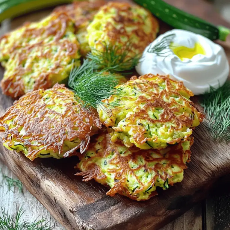 - Zucchini, Feta und Eier: Die Zucchini sind der Hauptbestandteil. Sie bringen Frische und Feuchtigkeit. Feta gibt den Fritters einen salzigen, cremigen Geschmack. Eier helfen, alles zu binden. - Gewürze und Kräuter: Pfeffer und Dill: Schwarzer Pfeffer fügt eine leichte Schärfe hinzu. Dill gibt einen frischen, aromatischen Ton. Diese Gewürze heben den Geschmack der Fritters hervor. - Mehl und Öl für die Zubereitung: Mehl sorgt für die richtige Konsistenz. Es hilft, die Fritters knusprig zu machen. Olivenöl ist ideal zum Braten. Es gibt einen leckeren, reichhaltigen Geschmack. Für das vollständige Rezept und die genauen Schritte, klicken Sie auf [Full Recipe]. Zuerst nehmen Sie die geriebenen Zucchini. Legen Sie sie in ein sauberes Tuch. Streuen Sie 1 Teelöffel Salz gleichmäßig darüber. Lassen Sie die Zucchini für 10 bis 15 Minuten stehen. Das Salz entzieht der Zucchini Feuchtigkeit. Danach drücken Sie das Tuch aus, um das überschüssige Wasser zu entfernen. Dies sorgt dafür, dass die Fritters nicht zu matschig werden. Geben Sie die entwässerten Zucchini in eine große Schüssel. Fügen Sie 1/2 Tasse zerbröselten Feta und 2 große Eier hinzu. Jetzt kommen 1/2 Tasse Weizenmehl, 1/4 Tasse fein gehackte Frühlingszwiebeln, 1/4 Tasse frischer Dill und 1/4 Teelöffel schwarzer Pfeffer dazu. Mischen Sie alles gut durch. Achten Sie darauf, dass sich alle Zutaten gleichmäßig verbinden. Erhitzen Sie 2 Esslöffel Olivenöl in einer großen Pfanne bei mittlerer Hitze. Nehmen Sie etwa 1/4 Tasse der Zucchini-Mischung und geben Sie sie in die Pfanne. Formen Sie die Mischung zu einem Patty und drücken Sie sie leicht flach. Braten Sie die Fritters für 4 bis 5 Minuten auf jeder Seite. Sie sollten goldbraun und durchgegart sein. Wiederholen Sie diesen Schritt, bis die gesamte Mischung gebraten ist. Servieren Sie die Fritters warm, vielleicht mit griechischem Joghurt oder Tzatziki. Das Rezept ist einfach lecker und macht Freude! Für das vollständige Rezept schauen Sie sich [Full Recipe] an. Um perfekte Fritters zu machen, ist das Entwässern der Zucchini entscheidend. Zucchini enthält viel Wasser. Wenn du sie nicht entwässerst, werden die Fritters matschig. Lege die geriebene Zucchini in ein Küchentuch und streue Salz darüber. Lass sie 10-15 Minuten stehen. Anschließend drücke das Tuch aus, um die Feuchtigkeit zu entfernen. So bleiben die Fritters knusprig. Wenn du die Fritters warmhalten möchtest, lege sie auf ein Blech im Ofen bei 100 Grad Celsius. Das hält sie warm, ohne sie zu verkochen. Ein häufiger Fehler ist, zu viel Öl zu verwenden. Zu viel Öl macht die Fritters fettig. Benutze nur genug, um die Pfanne leicht zu beschichten. Ein weiterer Fehler ist, die Fritters nicht in Chargen zu braten. Wenn du zu viele Fritters auf einmal brätst, sinkt die Temperatur des Öls. Das führt zu ungleichmäßigem Braten. Brate die Fritters lieber in kleinen Gruppen. So werden sie gleichmäßig goldbraun und knusprig. Wenn du diese Tipps befolgst, gelingen dir die Fritters immer. Für das vollständige Rezept schaue dir die Details an. {{image_4}} Zucchini Fritters sind sehr vielseitig. Sie können die Fritters anpassen, wie Sie möchten. Fügen Sie etwas geriebenen Käse hinzu. Parmesan oder Mozzarella passen gut. Sie können auch anderes Gemüse einmischen. Karotten oder Paprika bringen mehr Farbe und Geschmack. Kräuter sind auch wichtig. Frischer Basilikum oder Oregano geben einen neuen Twist. Sie können auch Petersilie oder Schnittlauch verwenden. Diese Kräuter bringen frische Aromen in die Fritters. Die Zucchini Fritters sind köstlich allein oder mit Dips. Tzatziki ist eine tolle Wahl. Der Joghurt und die Gurke machen es frisch und kühl. Sie können auch Hummus oder eine scharfe Sauce ausprobieren. Diese Fritters sind flexibel. Sie können sie als Beilage servieren oder als Hauptgericht genießen. Mit einem Salat dazu wird es ein leichtes Essen. Probieren Sie es aus! Die Zucchini-Fritters mit Feta sind eine köstliche Snack-Option. Im Kühlschrank bleiben sie bis zu drei Tage frisch. Lagern Sie sie in einem luftdichten Behälter. So bleibt die Textur gut. Wenn Sie die Fritters aufbewahren möchten, können Sie sie auch einfrieren. Wickeln Sie sie gut in Frischhaltefolie ein. Legen Sie sie dann in einen Gefrierbeutel. So halten sie sich bis zu drei Monate. Zum Aufwärmen, lassen Sie sie im Kühlschrank auftauen. Um die Fritters wieder warm zu machen, gibt es zwei gute Möglichkeiten. Sie können die Mikrowelle oder den Backofen nutzen. Wenn Sie die Mikrowelle nutzen, legen Sie die Fritters auf einen Teller. Decken Sie sie mit einem feuchten Küchentuch ab. So bleiben sie saftig. Erwärmen Sie sie für etwa 30 Sekunden. Der Backofen ist die bessere Wahl für knusprige Fritters. Heizen Sie den Ofen auf 180 Grad vor. Legen Sie die Fritters auf ein Blech und backen Sie sie 10 Minuten lang. Wenden Sie sie nach fünf Minuten. So werden sie wieder knusprig und lecker. Für das beste Ergebnis, servieren Sie die Fritters warm. Genießen Sie sie mit einem Dip wie Joghurt oder Tzatziki. Um Zucchini-Fritters ohne Ei zu machen, können Sie verschiedene Alternativen nutzen. Eine gute Option ist, Leinsamenmehl mit Wasser zu mischen. Verwenden Sie dafür 1 Esslöffel Leinsamenmehl und 2,5 Esslöffel Wasser. Lassen Sie die Mischung 5 Minuten stehen, bis sie dick wird. Eine andere Möglichkeit ist, Apfelmus oder zerdrückte Banane zu verwenden. Beide sorgen für Feuchtigkeit und Bindung. Ja, Sie können Feta durch andere Käsesorten ersetzen. Ziegenkäse ist eine tolle Wahl. Er hat einen ähnlichen Geschmack und macht die Fritters cremig. Auch Ricotta passt gut. Er ist mild und macht die Fritters leicht. Parmesan ist ebenfalls eine Option. Er hat einen starken Geschmack und gibt den Fritters eine schöne Kruste. Um die besten Zucchini-Fritters zu machen, sollten Sie die Zucchini gut entwässern. Dies hilft, die Fritters knusprig zu halten. Verwenden Sie ein sauberes Tuch und drücken Sie die Zucchini fest aus. Achten Sie darauf, die Hitze beim Braten richtig zu regulieren. Zu hohe Hitze kann außen verbrennen und innen roh bleiben. Ein weiterer Tipp ist, die Fritters in kleinen Mengen zu braten. So haben sie genug Platz in der Pfanne, um gleichmäßig zu garen. Wenn Sie die Fritters warmhalten möchten, legen Sie sie auf ein Blech und stellen Sie es in den Ofen bei niedriger Temperatur. Machen Sie die Zucchini-Fritters nach meinem [Full Recipe] für das beste Ergebnis! Zucchini-Fritters sind ein einfacher Genuss. Diese Fritters sind knusprig und herzhaft. Sie sind perfekt für ein schnelles Abendessen oder als Snack. Um die Zucchini-Fritters zuzubereiten, folgen Sie diesen Schritten: 1. Zucchini vorbereiten: Reiben Sie die Zucchini und streuen Sie Salz darüber. Lassen Sie sie 10-15 Minuten ruhen. Drücken Sie dann das Wasser aus der Zucchini. 2. Mischung herstellen: Geben Sie die Zucchini in eine Schüssel. Fügen Sie Weizenmehl, zerbröselten Feta, Frühlingszwiebeln, Eier, Dill und Pfeffer hinzu. Mischen Sie alles gut. 3. Fritters braten: Erhitzen Sie Olivenöl in einer Pfanne. Nehmen Sie eine Portion der Mischung und formen Sie einen Patty. Braten Sie ihn 4-5 Minuten auf jeder Seite. 4. Servieren: Legen Sie die gebratenen Fritters auf einen Teller mit Küchenpapier. Servieren Sie sie warm mit griechischem Joghurt oder Tzatziki. Dieses Rezept ist schnell und macht Spaß. Es bringt frische Aromen auf den Tisch. Für das vollständige Rezept, schauen Sie sich die Details oben an. Zucchini-Fritters sind einfach und lecker. Du hast gelernt, welche Hauptzutaten du brauchst, wie du sie zubereitest und kochst. Wir haben Tipps besprochen, um perfekte Fritters zu machen. Variiere die Zutaten und Serviervorschläge nach deinem Geschmack. Denke daran, Fritters richtig zu lagern und aufzuwärmen. Diese einfachen Schritte machen den Unterschied. Genieße deine Zucchini-Fritters und teile sie mit Freunden!