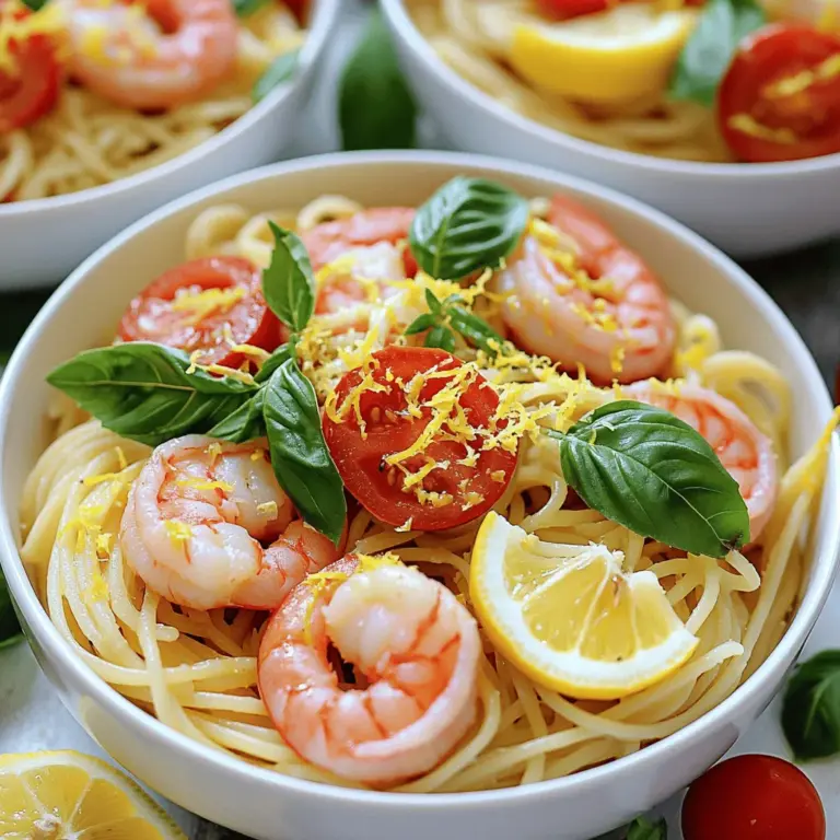 Für dieses einfache und köstliche Gericht benötigst du: - 225 g Spaghetti - 450 g Garnelen, geschält und entdarmt - 3 Esslöffel Olivenöl - 3 Knoblauchzehen, fein gehackt - Schale und Saft von 1 großer Zitrone - 1 Teelöffel rote Pfefferflocken (nach Geschmack anpassen) - 150 g Cherrytomaten, halbiert - 1/2 Tasse frische Basilikumblätter, grob zerrissen - Salz und Pfeffer nach Geschmack - Geriebener Parmesan zum Servieren Diese Zutaten machen dein Gericht frisch und lecker. Du kannst dem Rezept etwas mehr Geschmack verleihen. Füge frischen Thymian oder Oregano hinzu. Diese Kräuter passen gut zu der Zitrone. Eine Prise Paprika kann auch für etwas mehr Hitze sorgen. Falls du keine Garnelen magst, probiere Hähnchenbrust. Koche sie in Stücke geschnitten und folge dem gleichen Verfahren. Du kannst auch Zucchini oder Brokkoli hinzufügen, um es vegetarisch zu machen. Das ist eine flexible und anpassbare Rezeptur! Du kannst mit den Zutaten spielen und dein eigenes Gericht kreieren. Für die genaue Zubereitung schaue dir das Full Recipe an. Zuerst bringen wir einen großen Topf mit Wasser zum Kochen. Fügen Sie eine Prise Salz hinzu. Kochen Sie die Spaghetti nach den Anweisungen auf der Verpackung. Es ist wichtig, sie al dente zu kochen. Dies dauert meist etwa 8-10 Minuten. Während die Spaghetti kochen, bereiten Sie einen Behälter vor. Sie benötigen etwas Nudelwasser, um die Sauce später anzupassen. In einer großen Pfanne erhitzen wir das Olivenöl bei mittlerer Hitze. Fügen Sie den gehackten Knoblauch hinzu, sobald das Öl heiß ist. Braten Sie ihn für etwa 30 Sekunden, bis er duftet. Achten Sie darauf, dass er nicht verbrennt. Geben Sie nun die Garnelen in die Pfanne. Würzen Sie sie mit Salz, Pfeffer und roten Pfefferflocken. Kochen Sie die Garnelen für 2-3 Minuten, bis sie rosa sind. Nehmen Sie die Garnelen aus der Pfanne und stellen Sie sie beiseite. In derselben Pfanne kommen die Cherrytomaten. Braten Sie sie für 2-3 Minuten, bis sie platzen. Jetzt kommen die Garnelen zurück in die Pfanne. Fügen Sie die gekochten Spaghetti, Zitronenabrieb und den Zitronensaft hinzu. Mischen Sie alles gut. Verwenden Sie das reservierte Nudelwasser, um die Sauce cremiger zu machen. Nehmen Sie die Pfanne vom Herd und heben Sie die frischen Basilikumblätter unter. Probieren Sie die Mischung und passen Sie die Gewürze an. Servieren Sie die Pasta warm und streuen Sie Parmesan darüber. Für die vollständige Zubereitung schauen Sie sich das [Full Recipe] an. Die Garnelen sind der Star in diesem Gericht. Sie brauchen nicht viel Zeit zum Kochen. Bei mittlerer Hitze sind 2 bis 3 Minuten ideal. Wenn sie rosa und undurchsichtig sind, sind sie fertig. Überkochen Sie sie nicht, sonst werden sie gummiartig. Achten Sie darauf, sie sofort aus der Pfanne zu nehmen, wenn sie fertig sind. Frische Zutaten machen einen großen Unterschied. Wählen Sie frische Garnelen, die fest und glänzend sind. Auch Zitronen sollten frisch sein. Der Saft und die Schale einer großen Zitrone geben dem Gericht Geschmack. Frische Cherrytomaten sind süßer und saftiger. Verwenden Sie frisches Basilikum für ein intensives Aroma. Diese Zutaten heben die Aromen hervor und machen das Gericht lebendig. Die Sauce ist der Schlüssel zu Ihrem Erfolg. Beginnen Sie mit etwas Olivenöl und Knoblauch in der Pfanne. Rühren Sie gut um, um den Knoblauch nicht zu verbrennen. Fügen Sie die Garnelen hinzu und danach die Tomaten. Wenn die Tomaten platzen, geben Sie die Zitronenschale und den Saft dazu. Das Nudelwasser hilft, die Sauce zu binden. Geben Sie es nach und nach hinzu, bis die Konsistenz perfekt ist. Ein Spritzer frischer Zitronensaft am Ende macht die Sauce noch frischer. Für die vollständige Anleitung und die Zutatenliste schauen Sie sich das Rezept an [Full Recipe]. {{image_4}} Wenn Sie eine vegetarische Version von Zitronen-Spaghetti machen möchten, ersetzen Sie die Garnelen. Tofu eignet sich gut. Wählen Sie festen Tofu und schneiden Sie ihn in Würfel. Braten Sie ihn in Olivenöl, bis er goldbraun ist. Sie können auch Gemüse wie Zucchini oder Paprika hinzufügen. Diese bringen frische Aromen und Farbe in Ihr Gericht. Um dem Gericht mehr Geschmack zu verleihen, probieren Sie einige einfache Zusätze. Fügen Sie Kapern hinzu, um eine salzige Note zu erhalten. Auch schwarze Oliven passen gut. Ein Spritzer Weißwein beim Kochen kann die Aromen vertiefen. Für einen cremigen Geschmack verwenden Sie etwas Sahne oder Frischkäse. Diese Zutaten machen das Gericht noch köstlicher. Wenn Sie keine Garnelen mögen, gibt es viele leckere Alternativen. Hähnchenbrust ist eine gute Wahl. Braten Sie sie in der Pfanne und würzen Sie sie gut. Gegrillter Lachs passt auch hervorragend. Für eine Meeresfrüchte-Option können Sie Muscheln oder Jakobsmuscheln verwenden. Diese Variationen bringen neue Geschmäcker und Texturen in Ihr Gericht. Wenn du Reste von deinem Zitronenabrieb Garnelen Spaghetti hast, bewahre sie in einem luftdichten Behälter auf. So bleiben die Aromen frisch. Stelle sicher, dass der Behälter gut verschlossen ist, um das Austrocknen zu vermeiden. Du kannst die Reste bis zu drei Tage im Kühlschrank lagern. Achte darauf, sie nicht länger als nötig stehen zu lassen, damit sie nicht ihren Geschmack verlieren. Wenn du die Reste aufwärmen möchtest, mache das sanft. Erhitze sie in einer Pfanne bei mittlerer Hitze. Füge dabei einen kleinen Schuss Olivenöl oder etwas Nudelwasser hinzu. So bleibt die Pasta geschmeidig und trocken. Rühre die Mischung regelmäßig um, damit sie gleichmäßig warm wird. Du kannst auch einen Deckel auf die Pfanne legen, um die Hitze zu halten. Für die Zutaten gilt: Frische Garnelen halten sich im Kühlschrank etwa ein bis zwei Tage. Zitrone bleibt eine Woche frisch, wenn du sie kühl lagern. Spaghetti in trockener Form sind praktisch unbegrenzt haltbar. Wenn du frische Basilikumblätter hast, verwende sie schnell. Sie halten sich im Kühlschrank nur ein paar Tage. Achte darauf, die Zutaten richtig zu lagern, um die beste Qualität zu erhalten. Das Rezept für Lemon Spaghetti mit Garnelen hat etwa 450 Kalorien pro Portion. Diese Zahl kann je nach Zutaten leicht variieren. Wenn Sie weniger Öl oder Parmesan verwenden, können Sie Kalorien sparen. Es ist wichtig, auf die Portionsgröße zu achten, um die Kalorienaufnahme zu steuern. Ja, Sie können das Rezept vorbereiten. Kochen Sie die Spaghetti und die Garnelen im Voraus. Lagern Sie die Zutaten in separaten Behältern im Kühlschrank. Wenn Sie bereit sind zu essen, kombinieren Sie alles in einer Pfanne. So sparen Sie Zeit und genießen eine schnelle Mahlzeit. Zu Lemon Spaghetti mit Garnelen passen viele Beilagen. Ein gemischter Salat mit frischen Kräutern ist eine gute Wahl. Auch knuspriges Brot passt gut. Wenn Sie etwas Herzhaftes wollen, probieren Sie gegrilltes Gemüse. Diese Beilagen ergänzen die Aromen des Gerichts wunderbar. Dieses Rezept kombiniert frische Zutaten mit einfachen Schritten. Wir haben die Zutatenliste durchgesehen und viele Gewürze und mögliche Substitutionen besprochen. Die Schritt-für-Schritt-Anleitung macht es leicht, perfekte Spaghetti mit Garnelen zu kochen. Tipps zur Garzeit und Aufbewahrung helfen, das Essen frisch zu halten. Probieren Sie auch Variationen aus, um neue Aromen zu entdecken. Ob als Beilage oder Hauptgericht, dieses Rezept ist vielseitig und lecker. Genießen Sie jedes Gericht, das Sie kreieren.