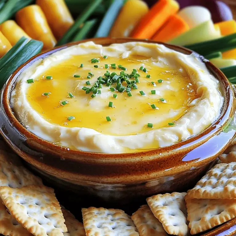 - 225 g Frischkäse - 120 g griechischer Joghurt - 60 ml Honig - 1 Teelöffel rote Paprikaflocken - 1 Esslöffel Zitronensaft - ½ Teelöffel Knoblauchpulver - 80 g geriebener scharfer Cheddar-Käse - 60 g frische Schnittlauch oder Petersilie - Knäckebrot - Baguette - Frisches Gemüse Ich liebe die Kombination aus Frischkäse und griechischem Joghurt. Diese beiden Hauptzutaten machen den Dip wunderbar cremig. Honig fügt eine süße Note hinzu, die perfekt zu den Gewürzen passt. Die roten Paprikaflocken geben dem Dip einen leichten Kick. Zitronensaft sorgt für Frische und das Knoblauchpulver bringt den Geschmack auf die nächste Stufe. Den geriebenen scharfen Cheddar-Käse mische ich am Ende unter. Er schmilzt beim Backen und macht alles noch leckerer. Für die Garnierung verwende ich frischen Schnittlauch oder Petersilie. Diese Kräuter verleihen dem Dip Farbe und einen frischen Geschmack. Serviere den Dip mit Knäckebrot, Baguette oder frischem Gemüse. So wird er zum echten Hit auf jeder Party. Wenn du das Rezept ausprobieren möchtest, findest du die Details in der [Full Recipe]. Heize den Ofen auf 175°C (350°F) vor. Nimm eine große Schüssel und gebe 225 g Frischkäse und 120 g griechischen Joghurt hinein. Rühre die Mischung mit einem Handmixer oder einer Spachtel, bis sie glatt und cremig ist. Diese Basis macht den Dip besonders lecker. Füge dann 60 ml Honig und die Gewürze hinzu. Verwende 1 Teelöffel rote Paprikaflocken, 1 Esslöffel Zitronensaft und ½ Teelöffel Knoblauchpulver. Mische alles gut, bis alles gut verbunden ist. Jetzt kommt der Spaß! Füge 80 g geriebenen scharfen Cheddar-Käse hinzu und falte ihn vorsichtig unter die Mischung. So wird der Dip schön cremig und voll im Geschmack. Gib die Dip-Mischung in eine kleine, ofenfeste Auflaufform. Glätte die Oberfläche mit einer Spachtel. Stelle die Form in den vorgeheizten Ofen und backe sie für 20 bis 25 Minuten. Der Dip sollte durchgewärmt sein und die Ränder leicht blubbern. Hol den Dip aus dem Ofen und bestreue ihn mit frischem Schnittlauch. Serviere den Dip sofort mit Knäckebrot, Baguette oder frischem Gemüse. So wird jeder Biss zu einem Genuss! - Verwenden Sie griechischen Joghurt für zusätzliche Cremigkeit. Er bringt eine tolle Textur. - Passen Sie die Paprikaflocken nach Ihrem Geschmack an. Mehr für Schärfe, weniger für milden Geschmack. - Servieren Sie den Dip in einer dekorativen Schüssel. Das sieht gut aus und macht Appetit. - Arrangieren Sie Brot und Gemüse ansprechend. Nutzen Sie verschiedene Farben und Formen für einen schönen Look. - Was passt am besten zu diesem Dip? Knäckebrot, Baguette oder frisches Gemüse sind perfekt. - Getränkeempfehlungen: Ein kühles Bier oder ein frischer Weißwein ergänzen den Dip gut. Für das vollständige Rezept, schauen Sie sich die [Full Recipe] an. {{image_4}} Es gibt viele Käse, die Sie in diesem Dip verwenden können. Cheddar ist beliebt, aber Sie können auch andere Sorten ausprobieren. - Alternativen zu Cheddar-Käse: - Verwenden Sie Gouda für einen milden Geschmack. - Feta bringt einen salzigen, würzigen Kick. Die Gewürze machen diesen Dip besonders. Sie können die Aromen leicht ändern, um neue Geschmäcker zu finden. - Scharfe oder würzige Varianten: - Fügen Sie mehr Paprikaflocken hinzu, wenn Sie es scharf mögen. - Probieren Sie auch Cayennepfeffer für zusätzliche Hitze. - Süßere Optionen mit zusätzlichem Honig: - Mehr Honig macht den Dip süßer. - Kombinieren Sie Honig mit einer Prise Zimt für eine besondere Note. Wenn Sie auf Kalorien achten, gibt es Optionen für einen leichteren Dip. - Kalorienreduzierte Zutaten auswählen: - Verwenden Sie fettarmen Frischkäse und griechischen Joghurt. - Dies reduziert die Kalorien, ohne den Geschmack zu verlieren. - Vegane Alternativen finden: - Ersetzen Sie den Frischkäse durch pflanzliche Varianten. - Nutzen Sie Kokosjoghurt für die cremige Textur und den Geschmack. Um den Hot Honey Cream Cheese Dip frisch zu halten, bewahren Sie ihn im Kühlschrank auf. Ein luftdichter Behälter ist perfekt. So bleibt der Dip lecker und sicher. Sie können auch eine Schüssel mit Frischhaltefolie verwenden. Achten Sie darauf, den Dip gut abzudecken, um Gerüche zu vermeiden. Der Dip bleibt im Kühlschrank etwa fünf Tage frisch. Nach dem Öffnen des Behälters sollten Sie ihn schnell verbrauchen. Wenn Sie Reste haben, können Sie diese wiederverwenden. Prüfen Sie immer auf den Geruch und das Aussehen, bevor Sie ihn essen. Wenn Sie den Dip aufwärmen, tun Sie dies langsam. Das erhält die Qualität. Die beste Methode ist, ihn im Ofen auf 175°C zu erwärmen. So bleibt er cremig und lecker. Wenn Sie die Mikrowelle nutzen, stellen Sie die Leistung auf niedrig und erwärmen Sie ihn in kurzen Intervallen. Rühren Sie zwischendurch um, um gleichmäßige Wärme zu gewährleisten. Du kannst den Dip bis zu zwei Tage im Voraus zubereiten. Mische alle Zutaten und stelle sie in den Kühlschrank. Wenn du bereit bist zu servieren, backe den Dip. Das gibt ihm einen frischen Geschmack. Achte darauf, ihn in einem luftdichten Behälter zu lagern. So bleibt er frisch und lecker. Ja, du kannst den Dip einfrieren. Fülle ihn in einen geeigneten Behälter und schließe ihn gut. So bleibt der Dip bis zu drei Monate haltbar. Zum Auftauen lege ihn über Nacht in den Kühlschrank. Erwärme den Dip dann im Ofen oder in der Mikrowelle. Achte darauf, dass er gleichmäßig warm wird. Das Rezept hat eine milde Schärfe durch die Paprikaflocken. Du kannst die Menge anpassen, um es schärfer oder milder zu machen. Füge mehr Paprikaflocken hinzu, wenn du es würziger magst. Oder lasse sie ganz weg für einen milden Dip. Experimentiere mit anderen Gewürzen für neue Geschmacksrichtungen. Viele Gemüsesorten passen gut zu diesem Dip. Hier sind einige Vorschläge: - Karotten - Sellerie - Paprika - Gurken - Brokkoli Diese Gemüsesorten bringen frische und knackige Texturen in die Mischung. Sie machen das Dippen noch spaßiger! Dieser Blogbeitrag gab einen Überblick über die Zubereitung eines leckeren Hot Honey Cream Cheese Dips. Wir haben die wichtigsten Zutaten und ihre Funktionen besprochen, wie man den Dip zubereitet und einige praktische Tipps gegeben. Mit Variationen und Lagerungshinweisen haben wir das Rezept umfassend abgedeckt. Probieren Sie verschiedene Käsesorten und Aromen aus, um Ihren perfekten Dip zu finden. Genießen Sie jeden Bissen, und teilen Sie Ihre Kreationen mit Freunden!