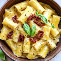 Die Hauptzutaten für cremige Rigatoni sind einfach und leicht zu finden. Du brauchst: - 340 g Rigatoni-Nudeln - 240 ml Schlagsahne - 2 Esslöffel ungesalzene Butter - 1 Esslöffel Olivenöl - 3 Knoblauchzehen, fein gehackt - 150 g getrocknete Tomaten, grob gehackt - 1 Teelöffel getrocknetes Basilikum - 1 Teelöffel getrockneter Oregano - 50 g geriebener Parmesan - Salz und Pfeffer nach Geschmack - Frische Basilikumblätter zur Garnierung - Optional: 150 g frischer Spinat oder Rucola Die Wahl der Zutaten macht einen großen Unterschied. Achte darauf, frische Produkte zu kaufen. Wähle hochwertige Schlagsahne für eine reichhaltigere Sauce. Bei den Tomaten sollten sie gut getrocknet und aromatisch sein. Den Parmesan kannst du frisch reiben. Das gibt mehr Geschmack. Frisches Basilikum ist ein toller Akzent. Es bringt Frische und Farbe in dein Gericht. Du kannst die Rigatoni nach deinem Geschmack anpassen. Probiere, frisches Gemüse hinzuzufügen, wie Zucchini oder Paprika. Für eine herzhaftere Note nimm Hähnchen oder Garnelen. Du kannst auch verschiedene Kräuter nutzen, wie Thymian oder Rosmarin. Wenn du eine vegetarische Option möchtest, lass das Fleisch einfach weg. Für eine glutenfreie Version benutze glutenfreie Pasta. Für die vollständige Anleitung schaue dir das Rezept [Full Recipe] an. Um die Rigatoni perfekt zu kochen, beginne mit einem großen Topf. Fülle ihn mit Wasser und füge viel Salz hinzu. Das Wasser sollte sprudelnd kochen. Gib dann die Rigatoni-Nudeln hinein. Koche sie nach den Anweisungen auf der Verpackung, bis sie al dente sind. Bevor du die Nudeln abgießt, stelle 120 ml des Nudelwassers beiseite. Das hilft später, die Sauce zu binden. Nach dem Abgießen die Nudeln beiseite stellen. Jetzt ist es Zeit für die Sauce. Nimm den gleichen Topf und stelle ihn bei mittlerer Hitze auf den Herd. Gib Olivenöl und Butter hinein. Lass die Butter schmelzen, bis sie ganz flüssig ist. Füge den gehackten Knoblauch hinzu und brate ihn für etwa eine Minute. Der Duft wird köstlich sein! Gib dann die gehackten getrockneten Tomaten, das Basilikum und den Oregano hinzu. Lass das Ganze für 2 bis 3 Minuten kochen. Das verbindet die Aromen gut. Jetzt kommt die Schlagsahne hinein. Lass sie leicht köcheln. Rühre den Parmesan unter, bis er schmilzt und die Sauce cremig wird. Wenn du magst, kannst du frischen Spinat oder Rucola in die Sauce geben, bis sie zusammenfallen. Jetzt kommt der spannende Teil! Gib die gekochten Rigatoni in die Sauce. Mische alles gut, damit die Nudeln gleichmäßig bedeckt sind. Wenn die Sauce zu dick ist, füge nach und nach das beiseite gestellte Nudelwasser hinzu, bis die gewünschte Konsistenz erreicht ist. Schmecke mit Salz und Pfeffer ab. Lass die Mischung für eine weitere Minute auf dem Herd, damit alles heiß wird. Danach servierst du die cremigen Rigatoni. Für die perfekte Präsentation kannst du die Rigatoni in Schüsseln anrichten. Garniere sie mit frisch geriebenem Parmesan und Basilikumblättern. Dies gibt einen schönen Farbkontrast und schmeckt fantastisch. Wenn du mehr über das Rezept erfahren möchtest, schau dir den Full Recipe an. Um den Geschmack der Sauce zu steigern, nutze frische Zutaten. Frischer Knoblauch hat mehr Aroma als getrockneter. Verwende auch frisch geriebenen Parmesan. Der Unterschied ist groß. Füge eine Prise Chili hinzu, um einen kleinen Kick zu geben. Zitrone kann ebenfalls helfen. Ein Spritzer Zitrone hebt die Aromen an. Ein häufiger Fehler ist, die Nudeln zu lange zu kochen. Sie sollten al dente sein, also bissfest. Achte darauf, das Nudelwasser beiseite zu stellen. Dieses Wasser hilft, die Sauce zu verdünnen, wenn sie zu dick ist. Wenn die Sauce zu schnell kocht, kann sie gerinnen. Koche sie langsam und rühre gut um. Die Präsentation ist wichtig. Serviere die Rigatoni in großen Schalen. Garniere jede Portion mit Parmesan und frischem Basilikum. Ein kleiner Schuss Olivenöl gibt Glanz und Geschmack. Du kannst auch frischen Spinat oder Rucola hinzufügen. Das sieht toll aus und schmeckt frisch. Für das komplette Rezept für cremige Rigatoni, schau dir den [Full Recipe] an. {{image_4}} Cremige Rigatoni sind vielseitig. Du kannst sie nach deinem Geschmack anpassen. Hier sind einige tolle Ideen. Füge einfach Gemüse hinzu, um die Rigatoni bunter zu machen. Zucchini, Paprika oder Pilze passen gut. Du kannst auch frischen Spinat oder Rucola verwenden. Diese machen das Gericht nicht nur gesund, sondern auch lecker. Das Gemüse gibt der Sauce eine frische Note. Wenn du mehr Protein willst, probiere Hähnchen oder Garnelen. Koche das Hähnchen in kleinen Stücken und brate es an, bevor du die Sauce hinzufügst. Für Garnelen, füge sie einfach in die Sauce, wenn die Sahne kocht. Lass sie nur kurz garen, bis sie rosa sind. Beide Optionen machen das Gericht herzhaft und sättigend. Wenn du glutenfrei lebst, gibt es gute Alternativen. Du kannst glutenfreie Rigatoni verwenden. Diese Pasta schmeckt oft genauso gut wie traditionelle. Achte darauf, dass du die Kochzeit anpasst. So bleibt die Textur perfekt. Mit diesen Variationen kannst du deine cremigen Rigatoni immer wieder neu gestalten. Erlebe, wie einfach es ist, deine Lieblingszutaten zu integrieren! Schau dir auch das [Full Recipe] an, um deine perfekte Kombination zu finden. Wenn du Reste hast, lass sie zuerst abkühlen. Danach kannst du die Rigatoni in einen luftdichten Behälter geben. So bleiben sie frisch und lecker. Stelle den Behälter in den Kühlschrank. Dort bleiben die Rigatoni für etwa drei Tage genießbar. Achte darauf, sie nicht zu lange aufzubewahren, um den besten Geschmack zu erhalten. Um die Rigatoni einzufrieren, lasse sie ebenfalls abkühlen. Teile die Portionen in kleine Behälter oder Gefrierbeutel. Drücke die Luft heraus, bevor du sie verschließt. So verhinderst du Frostflecken. Die Rigatoni halten sich bis zu drei Monate im Gefrierfach. Wenn du bereit bist, sie zu essen, tau sie einfach über Nacht im Kühlschrank auf. Um die Rigatoni wieder aufzuwärmen, nutze eine Pfanne bei mittlerer Hitze. Füge einen Schuss Milch oder Sahne hinzu. Das hilft, die Cremigkeit zurückzubringen. Rühre die Rigatoni gut um, bis sie warm sind. Alternativ kannst du sie auch in der Mikrowelle erhitzen. Decke den Behälter ab, um ein Austrocknen zu verhindern. Erwärme sie in kurzen Intervallen und rühre dazwischen um, bis sie heiß sind. Du kannst die cremigen Rigatoni bis zu drei Tage im Kühlschrank aufbewahren. Stelle sicher, dass du sie in einem luftdichten Behälter lagerst. So bleiben sie frisch. Wenn die Sauce dicker wird, kannst du etwas Wasser oder Brühe hinzufügen, um die Konsistenz zu verbessern. Ja, du kannst die Rigatoni im Voraus zubereiten. Koche die Nudeln und bereite die Sauce wie im Full Recipe beschrieben zu. Lass die Mischung abkühlen und stelle sie in den Kühlschrank. Vor dem Servieren einfach aufwärmen und eventuell etwas Nudelwasser hinzufügen. Zu cremigen Rigatoni passen viele Beilagen gut. Hier sind einige meiner Favoriten: - Ein frischer grüner Salat mit einem leichten Dressing. - Gegrilltes Gemüse wie Zucchini oder Paprika. - Knoblauchbrot oder Focaccia, um die Sauce aufzutunken. - Ein einfaches Stück Fisch oder Hähnchen für mehr Protein. Diese Kombinationen ergänzen das Gericht und machen es noch leckerer. Cremige Rigatoni sind lecker und einfach zu machen. Wir haben die Hauptzutaten besprochen und wie du sie auswählst. Ich habe dir geraten, wie du die Nudeln perfekt kochst und die Sauce zubereitest. Außerdem didaktische Tipps gegeben, um den Geschmack zu verbessern und Fehler zu vermeiden. Mit Variationen wie Gemüse oder Fleisch kannst du die Gerichte anpassen. Denk daran, übrig gebliebene Rigatoni richtig zu lagern. Genieße deine cremigen Rigatoni und teile deine Erfolge!