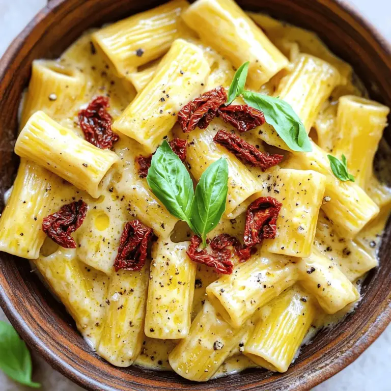 Die Hauptzutaten für cremige Rigatoni sind einfach und leicht zu finden. Du brauchst: - 340 g Rigatoni-Nudeln - 240 ml Schlagsahne - 2 Esslöffel ungesalzene Butter - 1 Esslöffel Olivenöl - 3 Knoblauchzehen, fein gehackt - 150 g getrocknete Tomaten, grob gehackt - 1 Teelöffel getrocknetes Basilikum - 1 Teelöffel getrockneter Oregano - 50 g geriebener Parmesan - Salz und Pfeffer nach Geschmack - Frische Basilikumblätter zur Garnierung - Optional: 150 g frischer Spinat oder Rucola Die Wahl der Zutaten macht einen großen Unterschied. Achte darauf, frische Produkte zu kaufen. Wähle hochwertige Schlagsahne für eine reichhaltigere Sauce. Bei den Tomaten sollten sie gut getrocknet und aromatisch sein. Den Parmesan kannst du frisch reiben. Das gibt mehr Geschmack. Frisches Basilikum ist ein toller Akzent. Es bringt Frische und Farbe in dein Gericht. Du kannst die Rigatoni nach deinem Geschmack anpassen. Probiere, frisches Gemüse hinzuzufügen, wie Zucchini oder Paprika. Für eine herzhaftere Note nimm Hähnchen oder Garnelen. Du kannst auch verschiedene Kräuter nutzen, wie Thymian oder Rosmarin. Wenn du eine vegetarische Option möchtest, lass das Fleisch einfach weg. Für eine glutenfreie Version benutze glutenfreie Pasta. Für die vollständige Anleitung schaue dir das Rezept [Full Recipe] an. Um die Rigatoni perfekt zu kochen, beginne mit einem großen Topf. Fülle ihn mit Wasser und füge viel Salz hinzu. Das Wasser sollte sprudelnd kochen. Gib dann die Rigatoni-Nudeln hinein. Koche sie nach den Anweisungen auf der Verpackung, bis sie al dente sind. Bevor du die Nudeln abgießt, stelle 120 ml des Nudelwassers beiseite. Das hilft später, die Sauce zu binden. Nach dem Abgießen die Nudeln beiseite stellen. Jetzt ist es Zeit für die Sauce. Nimm den gleichen Topf und stelle ihn bei mittlerer Hitze auf den Herd. Gib Olivenöl und Butter hinein. Lass die Butter schmelzen, bis sie ganz flüssig ist. Füge den gehackten Knoblauch hinzu und brate ihn für etwa eine Minute. Der Duft wird köstlich sein! Gib dann die gehackten getrockneten Tomaten, das Basilikum und den Oregano hinzu. Lass das Ganze für 2 bis 3 Minuten kochen. Das verbindet die Aromen gut. Jetzt kommt die Schlagsahne hinein. Lass sie leicht köcheln. Rühre den Parmesan unter, bis er schmilzt und die Sauce cremig wird. Wenn du magst, kannst du frischen Spinat oder Rucola in die Sauce geben, bis sie zusammenfallen. Jetzt kommt der spannende Teil! Gib die gekochten Rigatoni in die Sauce. Mische alles gut, damit die Nudeln gleichmäßig bedeckt sind. Wenn die Sauce zu dick ist, füge nach und nach das beiseite gestellte Nudelwasser hinzu, bis die gewünschte Konsistenz erreicht ist. Schmecke mit Salz und Pfeffer ab. Lass die Mischung für eine weitere Minute auf dem Herd, damit alles heiß wird. Danach servierst du die cremigen Rigatoni. Für die perfekte Präsentation kannst du die Rigatoni in Schüsseln anrichten. Garniere sie mit frisch geriebenem Parmesan und Basilikumblättern. Dies gibt einen schönen Farbkontrast und schmeckt fantastisch. Wenn du mehr über das Rezept erfahren möchtest, schau dir den Full Recipe an. Um den Geschmack der Sauce zu steigern, nutze frische Zutaten. Frischer Knoblauch hat mehr Aroma als getrockneter. Verwende auch frisch geriebenen Parmesan. Der Unterschied ist groß. Füge eine Prise Chili hinzu, um einen kleinen Kick zu geben. Zitrone kann ebenfalls helfen. Ein Spritzer Zitrone hebt die Aromen an. Ein häufiger Fehler ist, die Nudeln zu lange zu kochen. Sie sollten al dente sein, also bissfest. Achte darauf, das Nudelwasser beiseite zu stellen. Dieses Wasser hilft, die Sauce zu verdünnen, wenn sie zu dick ist. Wenn die Sauce zu schnell kocht, kann sie gerinnen. Koche sie langsam und rühre gut um. Die Präsentation ist wichtig. Serviere die Rigatoni in großen Schalen. Garniere jede Portion mit Parmesan und frischem Basilikum. Ein kleiner Schuss Olivenöl gibt Glanz und Geschmack. Du kannst auch frischen Spinat oder Rucola hinzufügen. Das sieht toll aus und schmeckt frisch. Für das komplette Rezept für cremige Rigatoni, schau dir den [Full Recipe] an. {{image_4}} Cremige Rigatoni sind vielseitig. Du kannst sie nach deinem Geschmack anpassen. Hier sind einige tolle Ideen. Füge einfach Gemüse hinzu, um die Rigatoni bunter zu machen. Zucchini, Paprika oder Pilze passen gut. Du kannst auch frischen Spinat oder Rucola verwenden. Diese machen das Gericht nicht nur gesund, sondern auch lecker. Das Gemüse gibt der Sauce eine frische Note. Wenn du mehr Protein willst, probiere Hähnchen oder Garnelen. Koche das Hähnchen in kleinen Stücken und brate es an, bevor du die Sauce hinzufügst. Für Garnelen, füge sie einfach in die Sauce, wenn die Sahne kocht. Lass sie nur kurz garen, bis sie rosa sind. Beide Optionen machen das Gericht herzhaft und sättigend. Wenn du glutenfrei lebst, gibt es gute Alternativen. Du kannst glutenfreie Rigatoni verwenden. Diese Pasta schmeckt oft genauso gut wie traditionelle. Achte darauf, dass du die Kochzeit anpasst. So bleibt die Textur perfekt. Mit diesen Variationen kannst du deine cremigen Rigatoni immer wieder neu gestalten. Erlebe, wie einfach es ist, deine Lieblingszutaten zu integrieren! Schau dir auch das [Full Recipe] an, um deine perfekte Kombination zu finden. Wenn du Reste hast, lass sie zuerst abkühlen. Danach kannst du die Rigatoni in einen luftdichten Behälter geben. So bleiben sie frisch und lecker. Stelle den Behälter in den Kühlschrank. Dort bleiben die Rigatoni für etwa drei Tage genießbar. Achte darauf, sie nicht zu lange aufzubewahren, um den besten Geschmack zu erhalten. Um die Rigatoni einzufrieren, lasse sie ebenfalls abkühlen. Teile die Portionen in kleine Behälter oder Gefrierbeutel. Drücke die Luft heraus, bevor du sie verschließt. So verhinderst du Frostflecken. Die Rigatoni halten sich bis zu drei Monate im Gefrierfach. Wenn du bereit bist, sie zu essen, tau sie einfach über Nacht im Kühlschrank auf. Um die Rigatoni wieder aufzuwärmen, nutze eine Pfanne bei mittlerer Hitze. Füge einen Schuss Milch oder Sahne hinzu. Das hilft, die Cremigkeit zurückzubringen. Rühre die Rigatoni gut um, bis sie warm sind. Alternativ kannst du sie auch in der Mikrowelle erhitzen. Decke den Behälter ab, um ein Austrocknen zu verhindern. Erwärme sie in kurzen Intervallen und rühre dazwischen um, bis sie heiß sind. Du kannst die cremigen Rigatoni bis zu drei Tage im Kühlschrank aufbewahren. Stelle sicher, dass du sie in einem luftdichten Behälter lagerst. So bleiben sie frisch. Wenn die Sauce dicker wird, kannst du etwas Wasser oder Brühe hinzufügen, um die Konsistenz zu verbessern. Ja, du kannst die Rigatoni im Voraus zubereiten. Koche die Nudeln und bereite die Sauce wie im Full Recipe beschrieben zu. Lass die Mischung abkühlen und stelle sie in den Kühlschrank. Vor dem Servieren einfach aufwärmen und eventuell etwas Nudelwasser hinzufügen. Zu cremigen Rigatoni passen viele Beilagen gut. Hier sind einige meiner Favoriten: - Ein frischer grüner Salat mit einem leichten Dressing. - Gegrilltes Gemüse wie Zucchini oder Paprika. - Knoblauchbrot oder Focaccia, um die Sauce aufzutunken. - Ein einfaches Stück Fisch oder Hähnchen für mehr Protein. Diese Kombinationen ergänzen das Gericht und machen es noch leckerer. Cremige Rigatoni sind lecker und einfach zu machen. Wir haben die Hauptzutaten besprochen und wie du sie auswählst. Ich habe dir geraten, wie du die Nudeln perfekt kochst und die Sauce zubereitest. Außerdem didaktische Tipps gegeben, um den Geschmack zu verbessern und Fehler zu vermeiden. Mit Variationen wie Gemüse oder Fleisch kannst du die Gerichte anpassen. Denk daran, übrig gebliebene Rigatoni richtig zu lagern. Genieße deine cremigen Rigatoni und teile deine Erfolge!