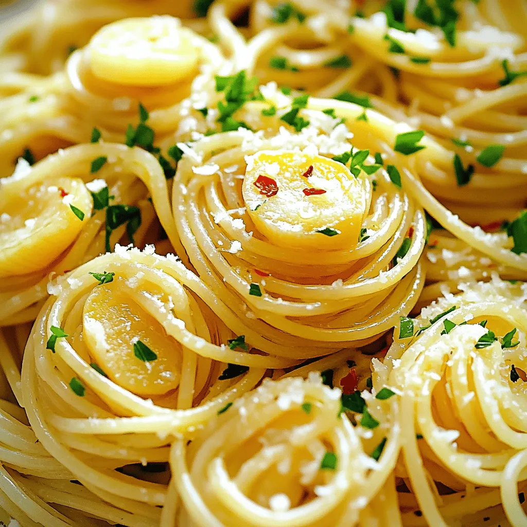 - Spaghetti: Diese langen, dünnen Teigwaren sind die Basis. Sie nehmen den Geschmack gut auf. - Knoblauch: Frisch, dünn geschnitten. Er gibt Aromen und einen tollen Duft. - Olivenöl: Verwende extra natives Olivenöl für den besten Geschmack. Es ist gesund und aromatisch. - Rote Paprikaflocken: Sie bringen die Schärfe ins Gericht. Du kannst die Menge anpassen. - Petersilie: Frisch gehackt, verleiht sie dem Gericht Farbe und Frische. - Zitronenabrieb: Optional, aber es fügt einen tollen Zitrusgeschmack hinzu. - Parmesan: Frisch gerieben, gibt er einen herzhaften Geschmack. Perfekt zum Servieren. - Hochwertiges Olivenöl verwenden: Achte darauf, dass es kaltgepresst ist. Das verbessert den Geschmack. - Frisch gehackte Petersilie: Diese sorgt für mehr Aroma. Trockenpetersilie kann den Geschmack mindern. Wenn du diese Zutaten auswählst, wirst du Spaghetti Aglio e Olio in vollem Aroma genießen. Du kannst alle Details im [Full Recipe] nachlesen. - Wasser vorbereiten: Fülle einen großen Topf mit Wasser. Füge reichlich Salz hinzu. Das Salz bringt Geschmack in die Pasta. Bringe das Wasser zum Kochen. - Spaghetti richtig garen: Gib die Spaghetti ins kochende Wasser. Koche sie nach Packungsanweisung al dente. Das bedeutet, sie sind weich, aber noch bissfest. Bevor du die Pasta abgießt, hebe eine Tasse Nudelwasser auf. Das Wasser hilft später, die Sauce zu binden. - Knoblauch braten: Erhitze in einer großen Pfanne das Olivenöl. Das Öl sollte warm, aber nicht rauchend sein. Füge die dünn geschnittenen Knoblauchzehen hinzu. Brate sie 2-3 Minuten, bis sie goldbraun sind. Achte darauf, dass sie nicht verbrennen. Verbrennter Knoblauch schmeckt bitter. - Achten auf die richtige Temperatur: Halte die Hitze bei mittlerer Temperatur. Wenn das Öl zu heiß ist, brennt der Knoblauch schneller. Bei der richtigen Temperatur entfaltet der Knoblauch sein volles Aroma. - Die richtige Konsistenz erreichen: Gib die abgetropften Spaghetti in die Pfanne mit dem Knoblauchöl. Mische alles gut, damit die Spaghetti gleichmäßig mit dem Öl überzogen sind. Wenn die Pasta zu trocken aussieht, füge nach und nach etwas vom Nudelwasser hinzu. So erreichst du die perfekte Konsistenz. - Abschmecken und anrichten: Rühre die gehackte Petersilie und den Zitronenabrieb ein. Schmecke mit Salz ab. Mische alles gut. Serviere die Spaghetti Aglio e Olio sofort. Garniere sie nach Belieben mit frischer Petersilie und Parmesan. - Knoblauch überkochen: Achte darauf, den Knoblauch nicht zu lange zu braten. Wenn er zu braun wird, schmeckt er bitter. Ein goldener Farbton ist ideal. - Übermäßiges Kochen der Spaghetti: Koche die Spaghetti nur bis sie "al dente" sind. Überkochen macht sie matschig. Lies die Anweisungen auf der Verpackung, um die richtige Zeit zu finden. - Alternativen für die Schärfe: Wenn du die Schärfe anpassen möchtest, probiere frische Chili oder Chiliöl. Diese Optionen bringen auch Farbe auf den Teller. - Verwendung von Kräutern: Frische Kräuter wie Basilikum oder Oregano geben dem Gericht einen neuen Geschmack. Du kannst auch Thymian verwenden, um einen besonderen Twist zu erzielen. - Essenspräsentation: Serviere die Pasta in einer großen Schüssel oder auf Tellern. Forme die Spaghetti in einem Nest und dekoriere sie mit frischer Petersilie und etwas Zitronenabrieb für einen schönen Kontrast. - Beilagen für Spaghetti Aglio e Olio: Ein einfacher grüner Salat oder knuspriges Brot passen gut dazu. Diese Beilagen ergänzen das Gericht und machen das Essen noch genussvoller. Für das vollständige Rezept, schau dir das Rezept Knoblauch Glück Spaghetti Aglio e Olio an. {{image_4}} Um Spaghetti Aglio e Olio noch schmackhafter zu machen, füge frisches Gemüse hinzu. Brokkoli, Zucchini oder Paprika sind tolle Optionen. Diese Gemüsesorten bringen Farbe und Textur. Koche sie kurz in der Pfanne, bevor du die Spaghetti hinzufügst. Das Gemüse wird knackig und behält seinen Geschmack. Wenn du mehr Protein möchtest, sind Garnelen oder Hähnchen ideal. Garnelen geben der Pasta einen feinen Meeresgeschmack. Brate sie einfach im Olivenöl an, bis sie rosa sind. Für Hähnchen kannst du kleine Stücke in die Pfanne geben. Sie sollten gut durchgegart sein, bevor du die Spaghetti hinzufügst. So wird das Gericht noch sättigender. In Italien gibt es viele regionale Varianten von Spaghetti Aglio e Olio. In Neapel fügen viele eine Prise Petersilie hinzu. In Rom nutzen einige zusätzlich Pecorino-Käse für mehr Geschmack. Jede Region hat ihre eigene Note, die das Gericht besonders macht. Probiere verschiedene Varianten aus und finde deine Lieblingsversion! Wenn du Spaghetti Aglio e Olio machst, bleiben oft Reste übrig. Bewahre diese Reste in einem luftdichten Behälter auf. Stelle den Behälter sofort in den Kühlschrank. So bleiben die Spaghetti frisch und schmackhaft. Du kannst sie für bis zu drei Tage aufbewahren. Um die Reste richtig aufzuwärmen, gibt es einige gute Methoden. Du kannst die Spaghetti in einer Pfanne mit etwas Olivenöl erhitzen. Erhitze sie bei mittlerer Hitze. Rühre die Pasta oft um, damit sie gleichmäßig warm wird. Eine andere Möglichkeit ist, die Spaghetti in der Mikrowelle zu erwärmen. Lege sie in eine mikrowellengeeignete Schüssel und füge einen Esslöffel Wasser hinzu. Decke die Schüssel ab und erwärme die Pasta in kurzen Intervallen. Wie lange sind die Reste frisch? Wenn du die Spaghetti richtig lagerst, bleiben sie drei Tage genießbar. Nach dieser Zeit kann der Geschmack nachlassen. Achte auch auf das Aussehen und den Geruch. Wenn etwas nicht frisch aussieht oder riecht, wirf es besser weg. Sicherheit geht vor! Die Zubereitung dauert nur 10 Minuten. Das Kochen der Spaghetti braucht etwa 10 Minuten. Ingesamt sind es also 20 Minuten für ein schnelles und köstliches Gericht. Ja, du kannst die roten Paprikaflocken weglassen. Ohne sie wird das Gericht milder. Du verlierst etwas Schärfe, aber der Knoblauch und das Öl bleiben aromatisch. Ja, es ist eine einfache und gesunde Mahlzeit. Die Zutaten sind frisch und leicht. Olivenöl enthält gesunde Fette. Achte auf die Menge an Salz und Öl, um die Kalorien zu kontrollieren. Dieses Gericht stammt aus Italien, besonders aus der Region Kampanien. Es ist ein einfaches, traditionelles Gericht, das meist von Landarbeitern zubereitet wurde. Es zeigt, wie man mit wenigen Zutaten viel Geschmack erzielt. Für die vollständigen Rezeptdetails und mehr Tipps, schau dir das Rezept an. Spaghetti Aglio e Olio ist einfach und lecker. Du brauchst nur wenige Zutaten und kannst es schnell zubereiten. Hochwertiges Olivenöl und frischer Knoblauch sind wichtig. Vermeide häufige Fehler, um das beste Ergebnis zu erzielen. Probiere Variationen aus, um neue Geschmäcker zu entdecken. Achte darauf, die Reste richtig aufzubewahren, damit sie frisch bleiben. Mit den Tipps und Antworten in diesem Artikel wird dein Gericht sicher ein Hit! Genieße das Kochen und die leckeren Ergebnisse.