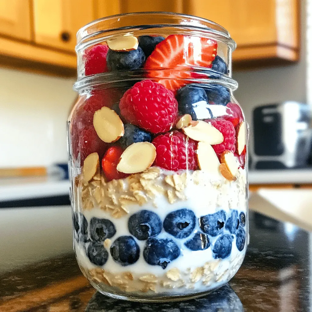 Für die Beeren Mandel Über-Nacht Haferflocken brauche ich folgende Hauptzutaten: - 1 Tasse zarte Haferflocken - 1 ½ Tassen Mandelmilch (oder jede pflanzliche Milch nach Wahl) - ½ Tasse gemischte Beeren (Erdbeeren, Heidelbeeren, Himbeeren) - 1 Esslöffel Mandelbutter - 1 Esslöffel Chiasamen - 1 Esslöffel Ahornsirup (optional) - ½ Teelöffel Vanilleextrakt - Eine Prise Salz - Gehackte Mandeln zum Garnieren Diese Zutaten sind einfach zu finden. Ich liebe die Kombination aus Haferflocken und Beeren. Sie machen das Frühstück gesund und lecker. Mandelmilch gibt eine schöne Cremigkeit. Chiasamen fügen Ballaststoffe und Omega-3-Fettsäuren hinzu. Manchmal möchte ich die Rezeptur anpassen. Hier sind einige optionale Zutaten: - Andere Früchte wie Bananen oder Äpfel - Joghurt für mehr Cremigkeit - Honig oder Agavensirup für zusätzliche Süße - Zimt für einen warmen Geschmack Mit diesen Zutaten kann ich das Rezept nach meinem Geschmack ändern. Das macht es spannend und abwechslungsreich! Die Nährstoffe der Zutaten sind sehr wichtig. Jede Zutat bringt etwas Einzigartiges mit: - Haferflocken: Vollgepackt mit Ballaststoffen und gut für die Verdauung. - Mandeln: Reich an Vitaminen und gesunden Fetten. - Beeren: Hoch in Antioxidantien und Vitaminen. - Chiasamen: Enthalten Proteine und wichtige Fettsäuren. Diese Nährstoffe machen mein Frühstück nahrhaft und sättigend. Ich fühle mich nach dem Essen gut und voller Energie. Wenn du mehr über das komplette Rezept erfahren möchtest, schau dir den Full Recipe an! Um die Beeren Mandel Über-Nacht Haferflocken zuzubereiten, beginne mit den Zutaten. Du brauchst: - 1 Tasse zarte Haferflocken - 1 ½ Tassen Mandelmilch (oder eine pflanzliche Milch nach Wahl) - ½ Tasse gemischte Beeren (Erdbeeren, Heidelbeeren, Himbeeren) - 1 Esslöffel Mandelbutter - 1 Esslöffel Chiasamen - 1 Esslöffel Ahornsirup (optional) - ½ Teelöffel Vanilleextrakt - Eine Prise Salz - Gehackte Mandeln zum Garnieren Stelle sicher, dass alle Zutaten frisch sind. Mische die Haferflocken und Chiasamen in einer großen Schüssel. Das sorgt dafür, dass sie gut vermengt sind. Jetzt kommt der spannende Teil. In einer separaten Schüssel vermische die Mandelmilch, Mandelbutter, Ahornsirup und Vanilleextrakt. Rühre alles gut um, bis die Mischung glatt ist. Gieße diese Mischung über die Haferflocken und Chiasamen. Rühre gründlich, damit sich alles gut verbindet. Füge dann die gemischten Beeren hinzu. Hebe sie vorsichtig unter, um sie nicht zu zerdrücken, und behalte einige für die Dekoration. Teile die Mischung gleichmäßig auf zwei Gläser oder Behälter auf. Schließe sie gut und stelle sie über Nacht in den Kühlschrank. So können die Haferflocken die Milch aufnehmen und weich werden. Am nächsten Morgen rühre die Haferflocken gut um. Wenn du eine cremigere Konsistenz möchtest, füge einen Schuss Mandelmilch hinzu. Garniere die Haferflocken mit den restlichen Beeren und gehackten Mandeln. Das gibt zusätzlichen Crunch und macht das Gericht noch schmackhafter. Jetzt kannst du dein nahrhaftes Frühstück genießen! Um die perfekte Konsistenz für deine Berry Almond Overnight Oats zu erreichen, achte auf das Verhältnis von Haferflocken zu Flüssigkeit. Verwende 1 Tasse Haferflocken zu 1 ½ Tassen Mandelmilch. Wenn du eine cremigere Mischung möchtest, füge mehr Mandelmilch hinzu. Die Chiasamen helfen, die Mischung zu binden. Lass die Mischung gut quellen. Über Nacht im Kühlschrank ist ideal. Ein häufiger Fehler ist, zu wenig Flüssigkeit zu verwenden. Das führt zu trockenen Haferflocken. Ein anderer Fehler ist, die Beeren zu früh hinzuzufügen. Sie sollten erst kurz vor dem Servieren untergehoben werden. So bleiben sie frisch und saftig. Achte darauf, die Mischung gut zu rühren, damit alle Zutaten gut vermischt sind. Die Zubereitung dieser Overnight Oats ist einfach und schnell. Du kannst sie bis zu drei Tage im Voraus machen. Bereite die Mischung in Gläsern vor, die du gut verschließen kannst. So kannst du sie einfach transportieren und genießen. Wenn du am Morgen wenig Zeit hast, ist dies eine ideale Lösung. {{image_4}} Wenn Sie keine Beeren mögen, gibt es viele andere Optionen. Sie können Bananen, Äpfel oder Pfirsiche verwenden. Diese Früchte geben einen süßen Geschmack. Sie können auch getrocknete Früchte wie Rosinen oder Aprikosen hinzufügen. Diese sind ebenfalls lecker. Mischen Sie die Früchte nach Ihrem Geschmack. So bleibt das Rezept spannend und frisch. Nüsse und Samen bringen eine tolle Textur. Statt Mandelbutter können Sie Erdnussbutter oder Cashewbutter verwenden. Diese Nussbutter haben ihren eigenen Geschmack. Sie können auch andere Samen wie Leinsamen oder Sonnenblumenkerne hinzufügen. Diese geben einen zusätzlichen Crunch und viele Nährstoffe. Experimentieren Sie mit verschiedenen Kombinationen. Um das Rezept vegan zu machen, verwenden Sie einfach pflanzliche Milch. Mandelmilch ist eine gute Wahl, aber auch Hafer- oder Sojamilch sind möglich. Für glutenfreie Haferflocken wählen Sie zertifizierte glutenfreie Haferflocken. So ist das Gericht für alle genießbar. Das macht es einfach, eine gesunde Mahlzeit für jeden zu kreieren. Besuchen Sie [Full Recipe] für mehr Details. Die Beeren Mandel Über-Nacht Haferflocken bewahre ich am besten im Kühlschrank auf. Achte darauf, sie in einem luftdichten Behälter zu lagern. So bleiben sie frisch und lecker. Halte die Mischung von anderen starken Gerüchen fern, um den Geschmack zu bewahren. Du kannst die Haferflocken bis zu fünf Tage im Kühlschrank lagern. Nach ein paar Tagen kann die Textur weicher werden. Rühre die Mischung gut durch, bevor du sie isst. So verteilen sich die Aromen wieder gleichmäßig. Falls du Reste hast, kannst du die Haferflocken auch einfrieren. Verwende einen gefrierfesten Behälter. So bleiben sie bis zu drei Monate haltbar. Zum Auftauen stelle sie einfach über Nacht in den Kühlschrank. Du kannst sie auch direkt in der Mikrowelle erwärmen. Füge einen Schuss Mandelmilch hinzu, um die Konsistenz zu verbessern. Die Kalorienzahl hängt von den Zutaten ab. Eine Portion hat etwa 300 Kalorien. Das kommt von Haferflocken, Mandelmilch und Beeren. Wenn du mehr oder weniger Süße hinzufügst, kann sich die Zahl ändern. Ja, du kannst jede Milch verwenden, die dir gefällt. Kuhmilch, Sojamilch oder Hafermilch sind gute Alternativen. Jede Milch hat ihren eigenen Geschmack, also probiere, was dir am besten gefällt. Du kannst die Haferflocken bis zu fünf Tage im Kühlschrank aufbewahren. Stelle sicher, dass du sie in einem luftdichten Behälter lagerst. So bleiben sie frisch und lecker. Auf jeden Fall! Du kannst andere Früchte wie Bananen oder Äpfel hinzufügen. Auch Nüsse oder Samen bringen neuen Geschmack. Sei kreativ mit den Zutaten, um deine perfekte Mischung zu finden. Die Beeren sind reich an Vitaminen und Antioxidantien. Haferflocken sind gut für die Verdauung und geben dir Energie. Mandelbutter versorgt dich mit gesunden Fetten und Proteinen. Diese Zutaten machen dein Frühstück gesund und nahrhaft. Um die perfekten Beeren Mandel Über-Nacht Haferflocken zu machen, sind frische Zutaten wichtig. Wir haben die Haupt- und optionalen Zutaten sowie deren Nährstoffe besprochen. Die Schritt-für-Schritt-Anleitung zeigt, wie man sie einfach zubereitet und lagert. Tipps helfen Ihnen, häufige Fehler zu vermeiden und die Konsistenz zu optimieren. Denken Sie daran, dass Variationen und Anpassungen Ihnen viele Möglichkeiten bieten. Experimentieren Sie mit anderen Früchten oder pflanzlichen Milchsorten. Genießen Sie eine schnelle, gesunde Mahlzeit, die gut schmeckt und einfach zuzubereiten ist.