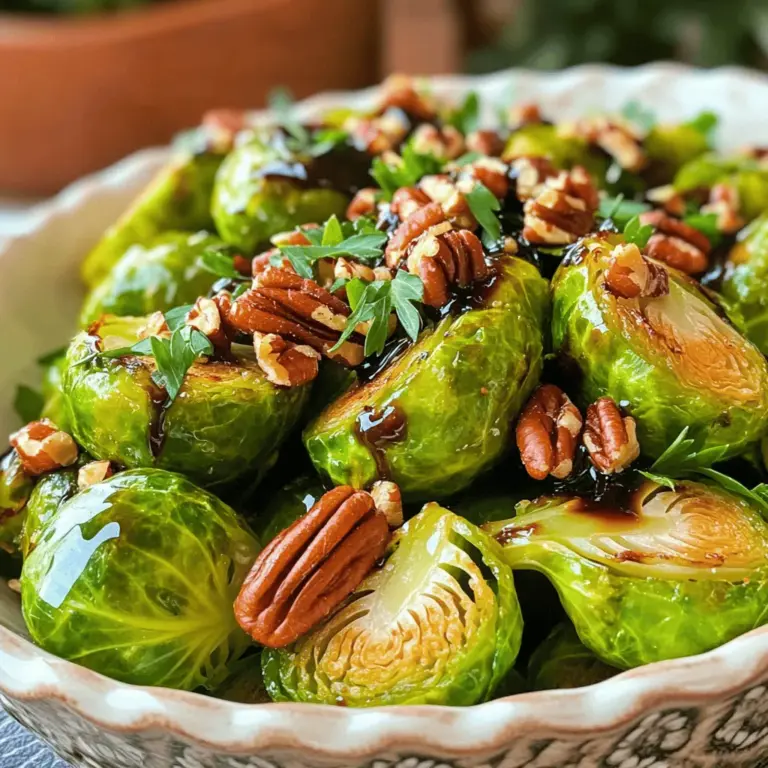 - 450 g Rosenkohl - 30 ml Olivenöl - Gewürze: Knoblauchpulver, Salz, schwarzer Pfeffer Für dieses Rezept brauche ich frischen Rosenkohl. Ich halte ihn für die beste Wahl. Er hat einen tollen Geschmack und eine knackige Textur. Ich verwende 450 g Rosenkohl, den ich halbieren werde. Das hilft beim Garen und sorgt für gleichmäßige Röstung. Ich gebe 30 ml Olivenöl dazu. Das Öl gibt den Rosenkohl einen schönen Glanz und sorgt dafür, dass die Gewürze haften bleiben. Ich würze mit Knoblauchpulver, Salz und schwarzem Pfeffer. Diese Gewürze bringen das Beste aus dem Rosenkohl hervor. - 120 ml Balsamico-Essig - 30 ml Ahornsirup Für die süße Glasur brauche ich 120 ml Balsamico-Essig. Der Essig hat einen tiefen, reichen Geschmack. Er gibt dem Gericht eine tolle Säure. Ich füge 30 ml Ahornsirup hinzu. Der Sirup macht die Glasur süß und balanciert die Säure aus. - 30 g gehackte Pekannüsse - Frische Petersilie Um das Gericht zu verfeinern, benutze ich 30 g gehackte Pekannüsse. Sie geben einen schönen Crunch. Frische Petersilie bringt Farbe und Frische ins Spiel. Sie sieht nicht nur gut aus, sondern schmeckt auch toll. Für das vollständige Rezept, schau dir die Details im [Full Recipe] an. Zuerst musst du den Rosenkohl vorbereiten. Schneide die Röschen in der Mitte durch. So können sie gleichmäßig garen. Danach würze die halbierten Röschen mit Olivenöl, Knoblauchpulver, Salz und Pfeffer. Mische alles gut in einer großen Schüssel. Jetzt ist es Zeit, das Backblech vorzubereiten. Lege es mit Backpapier aus. Das macht die Reinigung einfacher. Verteile die gewürzten Rosenkohlhälften gleichmäßig auf dem Blech. Heize den Ofen auf 200°C vor. Das ist wichtig für das Rösten. Die Rosenkohlhälften brauchen 20 bis 25 Minuten im Ofen. Wende sie nach der Hälfte der Zeit. So rösten sie gleichmäßig und werden schön knusprig. Während die Rosenkohl rösten, kannst du die Balsamico-Glasur zubereiten. Mische Balsamico-Essig und Ahornsirup in einem kleinen Topf. Stelle die Hitze auf mittel und bringe die Mischung zum Köcheln. Lass sie etwa 5 bis 7 Minuten köcheln, bis sie eindickt. Wenn die Glasur bereit ist, nimm sie vom Herd und lass sie etwas abkühlen. Nun kannst du die Balsamico-Glasur direkt auf die heißen Rosenkohlhälften träufeln. Mische alles gut, sodass jede Hälfte glasiert ist. - Richtiges Timing und Temperatur Heizen Sie den Ofen auf 200°C vor. Diese Temperatur sorgt für eine schöne Röstung. Die richtige Zeit ist ebenfalls wichtig. Rösten Sie die Rosenkohlhälften 20-25 Minuten. Wenden Sie sie nach der Hälfte der Zeit. So werden sie gleichmäßig goldbraun. - Verwendung von frischen Zutaten Frische Zutaten machen den Unterschied. Achten Sie darauf, dass der Rosenkohl fest und grün ist. Frische Gewürze wie Knoblauchpulver bringen mehr Geschmack. Verwenden Sie frisches Olivenöl für den besten Geschmack. - Kombination von Gewürzen Sie können mit Gewürzen spielen. Fügen Sie etwas Paprika oder Chili hinzu. Das gibt dem Gericht eine schöne Würze. Auch etwas geräuchertes Salz kann den Geschmack vertiefen. - Zusätzliche Aromen hinzufügen Denken Sie an weitere Aromen. Ein Spritzer Zitronensaft kann frisch schmecken. Probieren Sie auch eine Prise Muskatnuss für ein warmes Aroma. Aromen wie Honig oder Senf können dem Rosenkohl mehr Tiefe geben. - Ansprechende Serviervorschläge Servieren Sie die glasierten Rosenkohl in einer großen Schüssel. Das sieht einladend aus. Stellen Sie die Schüssel auf einen hübschen Tisch. Das macht das Gericht noch attraktiver. - Garnierungen für das Auge Garnieren Sie mit frischer Petersilie. Das bringt Farbe auf den Teller. Die gehackten Pekannüsse geben einen schönen Crunch. Verwenden Sie auch etwas Balsamico-Glasur zum Dekorieren. So wird Ihr Gericht ein echter Hingucker. Für die vollständige Zubereitung schauen Sie sich das [Full Recipe] an. {{image_4}} Sie können den Honig in diesem Rezept ganz einfach durch Ahornsirup ersetzen. Ahornsirup hat einen süßen und reichen Geschmack, der perfekt zu Rosenkohl passt. Für Allergiker ist es gut, die Pekannüsse wegzulassen. Der Rosenkohl bleibt trotzdem lecker und knusprig. Balsamisch glasierten Rosenkohl servieren Sie gut mit Fleisch oder Fisch. Gegrilltes Hähnchen oder gebratenen Lachs passen sehr gut. Kombinieren Sie die Rosenkohl auch mit anderen Gemüsearten. Karotten oder Süßkartoffeln ergänzen die Aromen perfekt und sorgen für Farbvielfalt. Im Laufe des Jahres können Sie auch anderes Gemüse verwenden. Im Frühling probieren Sie Spargel, im Sommer Zucchini. Für Feiertage passen geröstete Rüben oder Kürbis sehr gut. Diese Anpassungen bringen neue Geschmäcker und Farben auf den Tisch. Für das vollständige Rezept und weitere Tipps schauen Sie sich die [Full Recipe] an. Um übrig gebliebenen Rosenkohl gut zu lagern, sollten Sie Folgendes beachten: - Kühlung und Haltbarkeit: Bewahren Sie den Rosenkohl in einem luftdichten Behälter auf. Er bleibt im Kühlschrank etwa 3 bis 5 Tage frisch. - Die besten Behälter zum Lagern: Nutzen Sie Glas- oder Plastikbehälter mit Deckel. Diese verhindern das Austrocknen und halten den Geschmack. Wenn Sie den Rosenkohl wieder aufwärmen möchten, gibt es einfache Methoden: - Methoden zum Aufwärmen für besten Geschmack: Erwärmen Sie ihn in einer Pfanne bei mittlerer Hitze. So bleibt er knusprig. Alternativ können Sie ihn im Ofen bei 180°C für 10 Minuten erwärmen. - Tipps zur Vermeidung von Überkochen: Fügen Sie beim Erwärmen etwas Wasser hinzu. So wird der Rosenkohl nicht trocken und behält seinen Geschmack. Wenn Sie den Balsamisch glasierten Rosenkohl aufbewahren möchten, können Sie ihn auch einfrieren: - Einfrieren von Balsamisch glasiertem Rosenkohl: Lassen Sie ihn zuerst abkühlen. Verteilen Sie ihn dann in Portionsbeuteln. So können Sie bequem entnehmen. - Auftau- und Zubereitungsanweisungen: Zum Auftauen legen Sie ihn über Nacht in den Kühlschrank. Erwärmen Sie ihn dann in einer Pfanne oder im Ofen. So bleibt der Geschmack frisch. Für die vollständige Zubereitung schauen Sie sich die [Full Recipe] an. Die Zubereitung dauert insgesamt 35 Minuten. Die Vorbereitungszeit beträgt 10 Minuten. Die Backzeit für den Rosenkohl liegt bei 20 bis 25 Minuten. Das geht schnell und macht viel Freude! Ja, frischer Rosenkohl ist perfekt! Frischer Rosenkohl hat einen tollen Geschmack. Er bleibt nach dem Rösten schön knusprig. Gefrorener Rosenkohl kann auch verwendet werden, aber er wird oft weich. Ich empfehle, frische Zutaten zu verwenden, wenn möglich. So schmeckt das Gericht besser. Zu Balsamisch glasiertem Rosenkohl passen viele Beilagen. Du kannst ihn mit gegrilltem Hähnchen oder Lachs servieren. Auch ein kräftiger Reis oder Quinoa passt gut dazu. Für Getränke empfehle ich einen frischen Weißwein oder Sprudelwasser mit Zitrone. Das macht das Essen noch besser! Balsamisch glasierten Rosenkohl zuzubereiten, ist einfach und lecker. Wir haben frische Zutaten, die Glasur und die besten Tipps erwähnt. Das Rösten bringt den Geschmack richtig zur Geltung. Variationen wie vegane Alternativen sind leicht umzusetzen. Achte darauf, wie du die Reste lagerst und aufwärmst. Koche dieses Gericht und genieße es. Du wirst von den Aromen überrascht sein. Viel Spaß beim Ausprobieren!