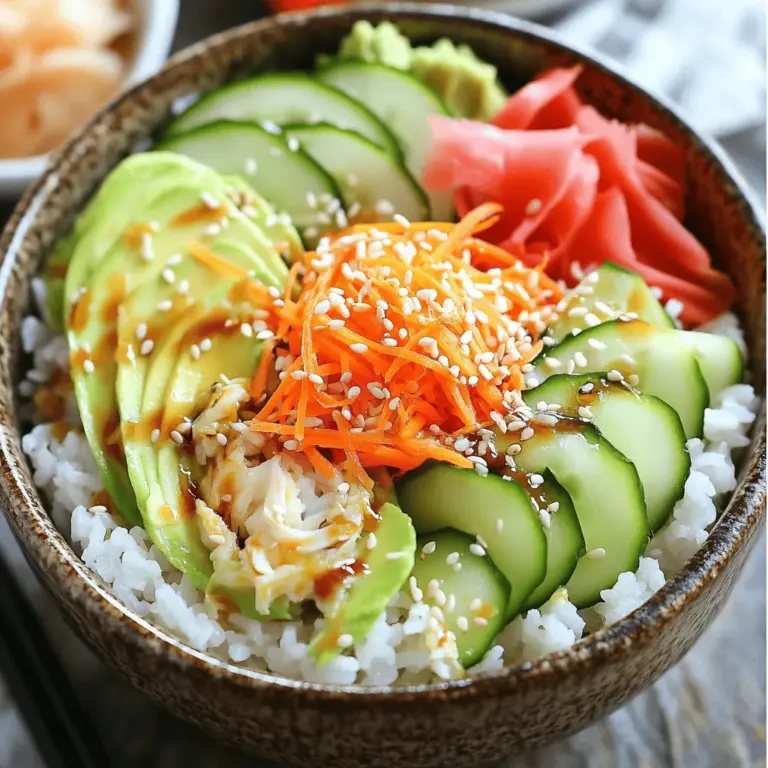 Für Sushi Roll Bowls brauchst du einige Hauptzutaten. Hier eine Liste: - 1 Tasse Sushi-Reis - 2 Tassen Wasser - 2 Esslöffel Reisessig - 1 Esslöffel Zucker - 1/2 Teelöffel Salz - 1 Avocado, in Scheiben geschnitten - 1 Gurke, in Juliennestreifen geschnitten - 1 Karotte, gerieben - 1 kleine rote Paprika, dünn geschnitten - 225 Gramm Imitat-Krabbenfleisch oder gekochte Garnelen - 2 Blätter Nori, in Streifen geschnitten - 2 Esslöffel Sesamsamen - Sojasauce, zum Beträufeln - Wasabi und eingelegter Ingwer, zum Servieren (optional) Diese Zutaten machen die Bowls bunt und schmackhaft. Der Sushi-Reis ist die Basis. Er gibt der Bowl Textur. Die frischen Gemüse bringen einen knackigen Biss. Du kannst deine Sushi Roll Bowls ganz nach deinem Geschmack anpassen. Hier sind einige Ideen für Toppings: - Radieschen, in Scheiben - Frischer Koriander oder Schnittlauch - Edamame-Bohnen - Sriracha oder andere scharfe Soßen - Sesamöl für einen extra Geschmack Diese Toppings fügen mehr Farbe und Geschmack hinzu. Sie machen deine Bowl noch interessanter. Frische Zutaten sind der Schlüssel zu leckeren Sushi Roll Bowls. Achte darauf, dass: - Der Sushi-Reis von guter Qualität ist. Er sollte klebrig und zart sein. - Gemüse knackig und leuchtend ist. Wähle frische Gurken und Avocados. - Das Imitat-Krabbenfleisch oder die Garnelen frisch sind. Sie sollten einen angenehmen Geruch haben. Mit frischen Zutaten schmecken deine Sushi Roll Bowls gleich viel besser. Sie sorgen für ein tolles Essen, das du lieben wirst. Für die vollständige Anleitung zur Zubereitung kannst du das Full Recipe anschauen. Um den perfekten Sushi-Reis zu machen, ist es wichtig, die Schritte genau zu befolgen. Zuerst spülen Sie den Sushi-Reis. Das macht man unter kaltem Wasser, bis das Wasser klar ist. Dieser Schritt hilft, überschüssige Stärke zu entfernen. Danach geben Sie den Reis in einen Topf mit Wasser. Lassen Sie die Mischung aufkochen. Reduzieren Sie dann die Hitze und decken Sie den Topf ab. Der Reis muss für 20 Minuten köcheln, bis er weich ist. Nach dem Kochen lockern Sie den Reis mit einer Gabel auf. In einer kleinen Schüssel mischen Sie Reisessig, Zucker und Salz. Erwärmen Sie diese Mischung für 30 Sekunden in der Mikrowelle. Rühren Sie, bis der Zucker sich auflöst. Geben Sie die Essigmischung vorsichtig zum Reis und mischen Sie alles gut. Lassen Sie den Reis dann abkühlen. Jetzt sind wir bereit, die Sushi Roll Bowls zusammenzustellen. Teilen Sie den Sushi-Reis gleichmäßig auf die Schalen auf. Der Reis bildet die Basis für jede Bowl. Jetzt kommt das Beste: das Topping! Legen Sie die Avocadoscheiben, die Juliennegurke, die geriebene Karotte und die dünn geschnittene Paprika auf den Reis. Fügen Sie auch das Imitat-Krabbenfleisch oder die Garnelen hinzu. Für den letzten Schliff streuen Sie Nori-Streifen und Sesamsamen über die Bowls. Das gibt dem Gericht einen tollen Geschmack und sieht schön aus. Beträufeln Sie die Bowls mit Sojasauce für zusätzlichen Genuss. Die Präsentation macht viel aus. Verwenden Sie bunte Schalen, um die frischen Zutaten hervorzuheben. Stellen Sie die Bowls auf eine große Platte. Fügen Sie kleine Schalen mit Sojasauce, Wasabi und eingelegtem Ingwer hinzu. Diese Beilagen können die Gäste nach Belieben nutzen. Garnieren Sie die Schalen mit frischen Kräutern wie Koriander oder Schnittlauch. Das sorgt für einen frischen Look. Für mehr Details und eine vollständige Anleitung, schauen Sie sich das vollständige Rezept an: [Full Recipe]. Beim Zubereiten von Sushi Roll Bowls gibt es einige häufige Fehler. Der größte Fehler ist, den Reis nicht gründlich zu spülen. Wenn Sie den Reis nicht abspülen, wird er klebrig und schwer zu essen. Ein weiterer Fehler ist, den Reis zu lange zu kochen. Überkochen macht den Reis matschig. Um den besten Sushi-Reis zu erhalten, achten Sie auf die richtige Sorte. Verwenden Sie immer Sushi-Reis, der rund und klebrig ist. Spülen Sie den Reis gut ab, bis das Wasser klar ist. Kochen Sie den Reis mit der richtigen Wassermenge. Zu viel oder zu wenig Wasser führt zu schlechtem Reis. Die Möglichkeiten zur Personalisierung sind endlos! Fügen Sie Ihre Lieblingsgemüse hinzu, wie Spinat oder Mangostreifen. Sie können auch verschiedene Proteine verwenden, wie Tofu oder Hähnchen. Für einen besonderen Kick, probieren Sie Gewürze wie Chili oder Knoblauch. Lassen Sie Ihrer Kreativität freien Lauf! Für das gesamte Rezept schauen Sie sich die [Full Recipe] an. {{image_4}} Sushi Roll Bowls sind sehr vielseitig. Du kannst sie nach deinem Geschmack anpassen. Hier sind einige spannende Variationen, die du ausprobieren solltest. Sushi Burrito Bowls sind eine tolle Mischung aus Sushi und Burritos. Du nimmst die gleichen frischen Zutaten und packst sie in eine Schüssel. Füge Reis, Gemüse und Fisch hinzu. Wickel alles in ein großes Nori-Blatt. So hast du eine portable Mahlzeit. Es macht Spaß, diese Bowls zu essen und sie sehen toll aus. Poke Bowls kommen aus Hawaii. Sie sind leicht und frisch. Du kannst rohen Fisch wie Lachs oder Thunfisch verwenden. Kombiniere ihn mit Reis, Avocado und Edamame. Füge etwas Sojasauce und Sesam hinzu. Diese Bowls sind besonders gesund. Experimentiere mit verschiedenen Saucen und Toppings. So machst du jede Bowl einzigartig. Vegetarische und vegane Sushi Roll Bowls sind einfach zu machen. Du kannst Tofu oder Tempeh als Proteinquelle verwenden. Füge viel frisches Gemüse hinzu, wie Karotten, Gurken und Paprika. Nori und Sesamsamen sind auch wichtig. Du kannst sogar Mango oder Ananas für etwas Süße hinzufügen. Diese Bowls sind nicht nur lecker, sondern auch bunt und einladend. Für noch mehr Details und Rezepte schau dir die Full Recipe an. Wenn du Reste von deinen Sushi Roll Bowls hast, lagere sie in einem luftdichten Behälter. Achte darauf, den Reis und die frischen Zutaten getrennt zu halten. So bleibt alles frisch. Du kannst den Reis in einem Behälter und das Gemüse in einem anderen aufbewahren. Stelle sicher, dass alles gut abgedeckt ist, damit die Aromen nicht entweichen. Es gibt viele Möglichkeiten, übrig gebliebene Zutaten zu nutzen. Du kannst den Reis in einer Pfanne anbraten und mit Gemüse oder Eiern mischen. Das gibt dir eine leckere Reis-Pfanne. Die frischen Zutaten kannst du auch in Salaten verwenden oder in Wraps einrollen. So bleibt nichts übrig, und du hast neue Mahlzeiten. Sushi Roll Bowls halten sich im Kühlschrank etwa zwei bis drei Tage. Achte darauf, sie gut zu verpacken. Nach dieser Zeit kann die Frische leiden. Wenn du unsicher bist, rieche daran. Wenn es seltsam riecht, wirf es weg. Verwende die Reste, solange sie frisch sind, um den besten Geschmack zu genießen. Um Sushi Roll Bowls zu Hause zu machen, folge diesen Schritten: 1. Koche den Sushi-Reis. 2. Mische Reisessig, Zucker und Salz. 3. Lege den Reis in eine Schüssel. 4. Füge frische Zutaten hinzu, wie Avocado und Gurke. 5. Mit Nori und Sesamsamen toppen. Das ist einfach! Die Bowls sind schnell zubereitet und lecker. Du wirst überrascht sein, wie gut sie schmecken. Ja, du kannst Sushi Roll Bowls ohne Fisch machen. - Verwende stattdessen Gemüse. - Du kannst auch Tofu oder Tempeh nutzen. - Imitat-Krabbenfleisch ist eine gute Option. So bleibt der Geschmack frisch und lecker. Viele genießen vegetarische oder vegane Varianten. Die besten Sushi Roll Bowls findest du in spezialisierten Sushi-Restaurants. - Suche nach Orten mit frischen Zutaten. - Frage nach der Speisekarte für kreative Optionen. - Online-Bewertungen helfen dir, die besten Plätze zu finden. Genieße die Vielfalt und entdecke neue Geschmäcker in deiner Stadt! Sushi Roll Bowls sind einfach zu machen und sehr lecker. Wir haben die Hauptzutaten und die Zubereitungsschritte besprochen. Ich gab Tipps zur Präsentation und zur Vermeidung häufiger Fehler. Außerdem haben wir verschiedene Variationen und Lagerungshinweise behandelt. Mit diesen Informationen bist du bereit, kreative Sushi Roll Bowls zu Hause zu machen. Experimentiere mit den Zutaten und finde deine Lieblingskombination. Sushi war noch nie so einfach und vielseitig. Viel Spaß beim Ausprobieren!