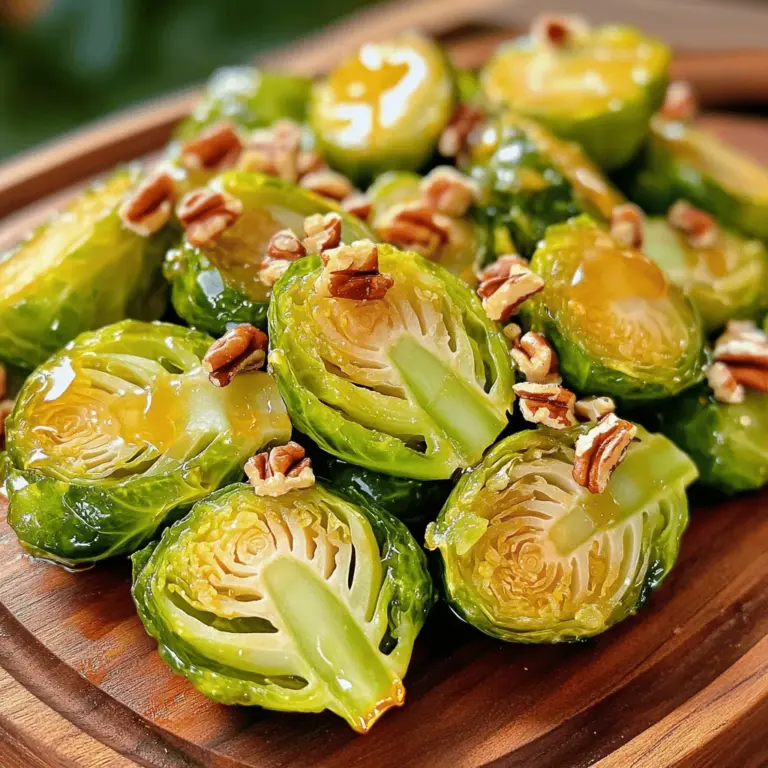 Für diese köstliche Beilage benötigen Sie folgende Hauptzutaten: - 450 g Rosenkohl, vorbereitet und halbiert - 3 Esslöffel reiner Ahornsirup - 2 Esslöffel Olivenöl - 1 Esslöffel Dijon-Senf - 1 Knoblauchzehe, fein gehackt - Salz und Pfeffer nach Geschmack Diese Zutaten bringen den vollen Geschmack des Gerichts hervor. Der Ahornsirup gibt den Rosenkohl eine süße Note. Das Olivenöl sorgt für einen schönen Röstgeschmack. Der Dijon-Senf fügt eine leichte Schärfe hinzu. Um zusätzliche Aromen zu schaffen, können Sie diese Zutaten hinzufügen: - 1/4 Tasse Pekannüsse, gehackt (optional) - 1 Esslöffel Apfelessig (optional) Die Pekannüsse geben einen knusprigen Biss. Der Apfelessig bringt etwas Säure und Frische ins Gericht. Wenn Sie frischen Rosenkohl auswählen, achten Sie auf Folgendes: - Die Knospen sollten fest und grün sein. - Vermeiden Sie gelbe oder verwelkte Blätter. - Wählen Sie gleichmäßige, kleine Röschen für die besten Ergebnisse. Frischer Rosenkohl hat den besten Geschmack. Er ist knackig und gibt beim Kochen ein tolles Aroma ab. Wenn Sie diese Tipps befolgen, wird Ihr Gericht lecker und ansprechend! Heizen Sie den Ofen auf 200°C vor. Das ist wichtig, um die Rosenkohl gleichmäßig zu rösten. Während der Ofen aufheizt, bereiten Sie die Marinade vor. In einer großen Schüssel vermengen Sie den Ahornsirup, das Olivenöl, den Dijon-Senf, den gehackten Knoblauch, Salz und Pfeffer. Wenn Sie einen zusätzlichen Geschmack möchten, fügen Sie einen Esslöffel Apfelessig hinzu. Rühren Sie alles gut um, bis die Zutaten gut vermischt sind. Nun ist es Zeit, den Rosenkohl zu marinieren. Nehmen Sie die 450 g vorbereiteten und halbierten Rosenkohl und geben Sie sie in die Schüssel mit der Marinade. Werfen Sie den Rosenkohl gut um, damit er gleichmäßig mit der Marinade überzogen wird. Dies sorgt dafür, dass jeder Biss voller Geschmack ist. Verteilen Sie den marinierten Rosenkohl auf einem mit Backpapier ausgelegten Backblech in einer einzigen Schicht. Rösten Sie den Rosenkohl für 20-25 Minuten im vorgeheizten Ofen. Schwenken Sie ihn einmal während der Garzeit um. So wird er goldbraun und zart. In den letzten 5 Minuten fügen Sie die gehackten Pekannüsse hinzu. Dadurch werden sie aromatisch und knusprig. Nach dem Rösten träufeln Sie die restliche Marinade über den Rosenkohl und servieren Sie ihn sofort. Genießen Sie diese köstliche Beilage! Um Rosenkohl perfekt zu rösten, achte darauf, sie gleichmäßig zu schneiden. Halbiere sie so, dass jede Hälfte die gleiche Größe hat. Das hilft beim Garen. Lege die Rosenkohlhälften in einer einzigen Schicht auf das Backblech. Das sorgt dafür, dass sie schön knusprig werden. Wende sie in der Mitte der Röstzeit. So erhalten sie eine gleichmäßige Bräunung. Die Marinade ist der Schlüssel zu diesem Gericht. Du kannst sie ganz nach deinem Geschmack anpassen. Magst du es süßer? Füge mehr Ahornsirup hinzu. Wenn du etwas mehr Würze willst, kannst du mehr Dijon-Senf verwenden. Auch Gewürze wie Paprika oder Chili können gut passen. Experimentiere mit verschiedenen Zutaten, um deinen eigenen Stil zu finden. Die Präsentation macht einen großen Unterschied. Serviere die gegrillten Rosenkohl auf einer warmen Platte. Garniere sie mit gehackten Pekannüssen für einen schönen Crunch. Ein Spritzer Ahornsirup oben drauf sieht toll aus und macht es leckerer. Denke daran, dass die Augen mitessen! Wenn du kreativ bist, kannst du auch frische Kräuter hinzufügen, um Farbe und Geschmack zu verstärken. {{image_4}} Die Kombination aus Rosenkohl und Speck ist einfach himmlisch. Der Speck gibt dem Gericht einen tollen Geschmack. Um Maple Glazed Brussels Sprouts mit Speck zu machen, brate ich zuerst den Speck in einer Pfanne knusprig. Dann nehme ich den Speck heraus und lasse etwas Fett in der Pfanne. Ich füge dann die Rosenkohlhälften hinzu und brate sie im Speckfett. Danach mariniere ich den Rosenkohl wie im Rezept beschrieben. Am Ende mische ich die knusprigen Speckstücke unter den Röst-Rosenkohl. Diese Variante ist perfekt für ein festliches Essen oder eine Grillparty. Für eine vegane Marinade kann ich den Honig durch Ahornsirup ersetzen. Auch Dijon-Senf bleibt in der Marinade, um den Geschmack zu heben. Ich kann zusätzlich einen Spritzer Limettensaft hinzufügen, um eine frische Note zu bekommen. Kokosöl ist eine gute Alternative zu Olivenöl. Das gibt der Marinade einen neuen, interessanten Geschmack. Diese vegane Variante ist leicht und voller Aromen. Ich liebe es, Maple Glazed Brussels Sprouts für jeden Anlass zu servieren. Zu einem festlichen Dinner passen sie hervorragend als Beilage zu einem Braten. Bei einem Grillabend sind sie ein hitziges Highlight. Auch zu einem einfachen Mittagessen sind sie eine tolle Wahl. Mit ein paar frischen Kräutern garniert, sehen sie auch noch toll aus. Für eine gemütliche Familientafel kann ich sie in einer großen Schüssel anbieten. Jeder kann sich nach Belieben bedienen. Sie sind nicht nur lecker, sondern auch ein echter Blickfang! Um übrig gebliebenen Rosenkohl richtig zu lagern, lasse ihn zuerst auf Raumtemperatur abkühlen. Danach lege ihn in einen luftdichten Behälter. So bleibt er frisch und lecker. Du kannst den Behälter im Kühlschrank aufbewahren. Dort hält sich der Rosenkohl etwa drei bis fünf Tage. Achte darauf, die Röschen nicht zu zerdrücken, um ihre Form zu bewahren. Wenn du den Rosenkohl wieder aufwärmen möchtest, habe ich einige einfache Tipps. Du kannst ihn in der Mikrowelle aufwärmen. Stelle die Mikrowelle auf mittlere Hitze und erwärme den Rosenkohl für 1-2 Minuten. Rühre ihn zwischendurch um, damit er gleichmäßig heiß wird. Eine andere Methode ist das Aufwärmen in einer Pfanne. Erhitze etwas Olivenöl in der Pfanne und füge den Rosenkohl hinzu. Brate ihn für etwa 5 Minuten, bis er heiß ist. Dies gibt ihm auch einen schönen, knusprigen Rand. Wenn du den Rosenkohl länger aufbewahren möchtest, kannst du ihn einfrieren. Koche ihn zuerst für 2-3 Minuten in kochendem Wasser. Dies hilft, die Farbe und den Geschmack zu bewahren. Danach schrecke ihn in Eiswasser ab und lasse ihn gut abtropfen. Lege die Röschen in einen Gefrierbeutel und drücke die Luft heraus. So bleibt der Rosenkohl bis zu sechs Monate frisch. Wenn du ihn auftauen möchtest, lasse ihn einfach im Kühlschrank über Nacht. Für das vollständige Rezept, schau dir die [Full Recipe] an und genieße jeden Bissen! Rosenkohl braucht etwa 20 bis 25 Minuten im Ofen. Du solltest ihn bei 200°C rösten. Wenn er goldbraun und zart ist, ist er fertig. Wende ihn einmal, damit er gleichmäßig gart. Diese kurze Zeit macht ihn perfekt zum Servieren. Ja, du kannst gefrorenen Rosenkohl verwenden. Achte darauf, ihn vorher nicht aufzutauen. Röste ihn direkt aus der Tiefkühltruhe. Dies hilft, die Textur zu bewahren. Der Geschmack kann etwas anders sein, aber er bleibt lecker. Rosenkohl ist nährstoffreich und gesund. Er enthält viele Vitamine wie C und K. Diese Vitamine stärken dein Immunsystem. Rosenkohl hat auch Ballaststoffe, die gut für die Verdauung sind. Zudem hat er wenig Kalorien, was ihn zu einer tollen Wahl macht. Ahornsirup-Glasierte Rosenkohl machen Spaß und sind lecker. Wir haben die Hauptzutaten, Marinadentipps und Rösttechniken besprochen. Variationen zeigen, wie vielseitig dieses Gemüse ist. Zudem bietet die richtige Lagerung einen Vorteil für die Reste. Denken Sie daran, frischen Rosenkohl auszuwählen und die Marinade nach Ihrem Geschmack anzupassen. Genießen Sie diese köstliche Beilage bei jedem Anlass!