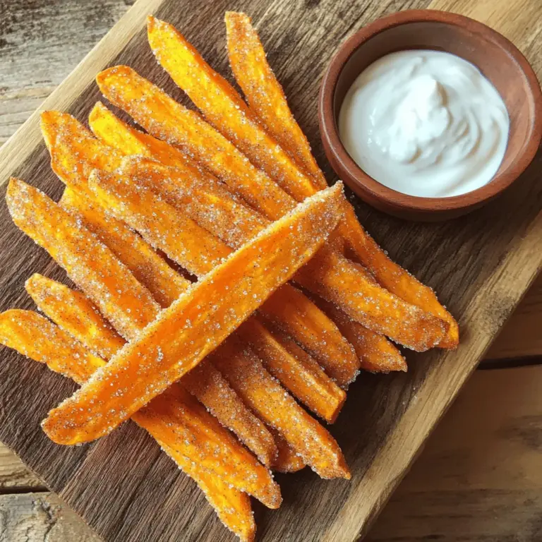 Die Basis für unsere köstlichen Zimt-Zucker Süßkartoffel-Pommes sind einfache Zutaten. Hier sind die Hauptzutaten, die Sie benötigen: - 2 große Süßkartoffeln - 2 Esslöffel Olivenöl - 60 g Kristallzucker - 1 Esslöffel gemahlener Zimt - 1/2 Teelöffel Salz - 1/4 Teelöffel Muskatnuss (optional) Diese Zutaten sind leicht zu finden und machen die Pommes besonders lecker. Um den Geschmack zu verbessern, können Sie zusätzliche Gewürze hinzufügen. Hier sind einige Vorschläge: - Cayennepfeffer für etwas Schärfe - Vanilleextrakt für eine süßere Note - Eine Prise Ingwer für einen warmen, erdigen Geschmack Experimentieren Sie mit diesen Zutaten, um Ihre Pommes einzigartig zu machen. Die Wahl der richtigen Süßkartoffeln ist wichtig. Achten Sie auf diese Merkmale: - Wählen Sie feste, glatte Süßkartoffeln ohne Druckstellen. - Achten Sie auf eine leuchtend orange Farbe, die auf Süße hinweist. - Kaufen Sie lokale Süßkartoffeln, wenn möglich, um die Frische zu garantieren. Hochwertige Süßkartoffeln bringen den besten Geschmack in Ihre Zimt-Zucker Süßkartoffel-Pommes. Zuerst heizen Sie Ihren Ofen auf 220°C vor. Das sorgt für eine knusprige Textur. Nehmen Sie die Süßkartoffeln und schälen Sie sie. Jetzt schneiden Sie sie in dünne Pommes. Achten Sie darauf, dass sie gleichmäßig dick sind, etwa 0,5 cm. So garen sie gleichmäßig. Legen Sie die geschnittenen Pommes in eine große Schüssel. In einer separaten Schüssel mischen Sie den Kristallzucker und den gemahlenen Zimt. Fügen Sie das Salz und die Muskatnuss hinzu, wenn Sie möchten. Rühren Sie alles gut um. Diese Mischung gibt den Pommes ihren süßen und würzigen Geschmack. Streuen Sie die Mischung gleichmäßig über die Süßkartoffeln. Mischen Sie alles vorsichtig, damit jede Pommes gut bedeckt ist. Legen Sie die Pommes auf ein mit Backpapier ausgelegtes Backblech. Achten Sie darauf, dass sie nicht übereinanderliegen. Das hilft, sie knusprig zu machen. Backen Sie die Pommes für 25-30 Minuten. Wenden Sie sie nach der Hälfte der Zeit, damit sie goldbraun werden. Wenn sie fertig sind, lassen Sie sie kurz abkühlen. Servieren Sie die Pommes warm und genießen Sie den süßen Geschmack! Um perfekte Knusprigkeit zu erreichen, sind dünne Schnitte wichtig. Schneide die Süßkartoffeln in gleichmäßige, dünne Pommes von etwa 0,5 cm. Dies hilft beim gleichmäßigen Garen. Achte darauf, sie gut mit Olivenöl zu vermengen. Das Öl sorgt dafür, dass sie knusprig werden. Ein häufiger Fehler ist, die Pommes zu dicht auf dem Blech zu legen. Das verhindert, dass sie gleichmäßig garen. Stelle sicher, dass die Pommes in einer einzigen Schicht liegen. Ein anderer Fehler ist, die Pommes nicht zu wenden. Wende sie nach der Hälfte der Backzeit, damit sie von allen Seiten knusprig werden. Du kannst die Gewürze anpassen, um deinen eigenen Geschmack zu treffen. Probiere etwas mehr Zimt für einen intensiveren Geschmack. Wenn du es schärfer magst, füge eine Prise Cayennepfeffer hinzu. Experimentiere mit Muskatnuss oder anderen Gewürzen, um deine perfekte Mischung zu finden. {{image_4}} Zucker ist lecker, aber nicht immer die beste Wahl. Du kannst gesündere Alternativen verwenden. Honig oder Ahornsirup sind zwei gute Optionen. Diese Süßstoffe sorgen für einen tollen Geschmack und bieten zusätzliche Nährstoffe. Sie sind auch weniger verarbeitet. Du kannst sie im gleichen Verhältnis wie Zucker verwenden. Ein weiterer Tipp ist, Kokoszucker zu nutzen. Er hat einen niedrigeren glykämischen Index und schmeckt leicht karamellig. Wenn du die Süße reduzieren möchtest, probiere Stevia oder Erythrit. Diese sind kalorienarm und bringen wenig Zucker mit. Deine Süßkartoffel-Pommes können noch aufregender werden. Füge kreative Gewürze hinzu, um neue Geschmäcker zu entdecken. Chili-Pulver gibt einen würzigen Kick. Thymian bringt einen frischen, aromatischen Geschmack. Du kannst auch Rosmarin verwenden, der gut zu Süßkartoffeln passt. Eine Mischung aus Zimt und Muskatnuss gibt einen warmen, herbstlichen Geschmack. Experimentiere mit deinen Lieblingsgewürzen, um die perfekte Mischung zu finden. Jeder Bissen wird ein neues Erlebnis! Die Zubereitung deiner Pommes kann auch in einer Fritteuse oder einem Airfryer erfolgen. Diese Methoden bringen eine knusprige Textur, die du lieben wirst. Wenn du eine Fritteuse verwendest, stelle sicher, dass das Öl heiß genug ist. So werden die Pommes goldbraun und knusprig. Bei einem Airfryer brauchst du weniger Öl. Das macht die Pommes leichter, aber nicht weniger lecker. Stelle die Temperatur auf 200 °C ein und backe sie 15-20 Minuten lang. Schüttle den Korb einmal, damit sie gleichmäßig garen. Beide Methoden sind schnell und bringen tolle Ergebnisse. Du kannst die Pommes nach dem Garen mit der Zimt-Zucker-Mischung bestreuen. So hast du ein köstliches Snack-Erlebnis! Für das gesamte Rezept, siehe [Full Recipe]. Um die Zimt-Zucker Süßkartoffel-Pommes frisch zu halten, lassen Sie sie zuerst abkühlen. Legen Sie die Pommes dann in einen luftdichten Behälter. Sie können auch Backpapier zwischen die Schichten legen. So bleibt die Knusprigkeit besser erhalten. Lagern Sie die Pommes im Kühlschrank, wenn Sie sie für ein paar Tage aufbewahren möchten. Wenn Sie die Pommes wieder aufwärmen, verwenden Sie den Ofen. Heizen Sie ihn auf 200°C (400°F) vor. Legen Sie die Pommes auf ein Backblech, das mit Backpapier ausgelegt ist. Backen Sie sie für etwa 10 bis 15 Minuten. So werden die Pommes wieder knusprig. Mikrowellen können die Pommes weich machen. Daher empfehle ich den Ofen. Im Kühlschrank halten die Pommes etwa 3 bis 5 Tage. Sie können die Pommes auch einfrieren, um ihre Haltbarkeit zu verlängern. Gefrorene Pommes bleiben bis zu 3 Monate frisch. Wickeln Sie sie gut ein, um Gefrierbrand zu vermeiden. Wenn Sie bereit sind, sie zu essen, backen Sie sie direkt aus dem Gefrierfach. So bleibt der Geschmack erhalten. Um die besten Zimt-Zucker Süßkartoffel-Pommes zu machen, schneide die Süßkartoffeln gleichmäßig. Dünne Pommes werden schön knusprig. Mische die Pommes gut mit Olivenöl. So wird jede Pommes gleichmäßig gewürzt. Die Zimt-Zucker-Mischung ist wichtig. Nutze genug Zucker und Zimt, um den ganzen Geschmack zu entfalten. Backe die Pommes auf einem Blech in einer einzigen Schicht für besten Genuss. Vergiss nicht, sie nach der Hälfte der Backzeit zu wenden, um eine gleichmäßige Bräunung zu erzielen. Ja, du kannst die Pommes im Voraus zubereiten. Schneide die Süßkartoffeln und lege sie in eine Schüssel mit Wasser. So bleiben sie frisch und verfärben sich nicht. Du kannst die Pommes auch mit Olivenöl und Gewürzen mischen. Lege sie dann auf ein Backblech und stelle sie im Kühlschrank. Wenn du bereit bist, sie zu backen, nimm die Pommes heraus und backe sie wie gewohnt. Zimt-Zucker Süßkartoffel-Pommes können eine gesunde Wahl sein. Süßkartoffeln sind reich an Vitaminen und Ballaststoffen. Sie bieten viele Nährstoffe und sind besser als normale Pommes. Der Zimt hat auch einige gesundheitliche Vorteile. Allerdings ist der Zucker eine Zutat, die man in Maßen genießen sollte. Wenn du weniger Zucker nutzen möchtest, kannst du die Menge reduzieren. So kannst du den Geschmack anpassen und die Pommes gesünder machen. Wenn du mehr über die Zubereitung erfahren möchtest, schaue dir das [Full Recipe] an. In diesem Artikel habe ich die besten Zutaten und die Zubereitung für Zimt-Zucker Süßkartoffel-Pommes erklärt. Du lernst, wie du die Süßkartoffeln vorbereitest und die perfekte Mischung an Gewürzen findest. Wir haben auch Tipps für knusprige Pommes und leckere Variationen behandelt. Achte darauf, die Pommes richtig zu lagern und aufzuwärmen, damit sie frisch schmecken. Mit diesen Informationen kannst du dir selbst und anderen ein köstliches Gericht zaubern. Viel Spaß beim Ausprobieren!