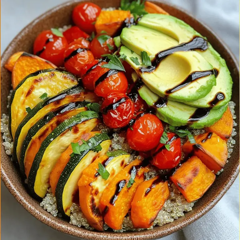 Für die perfekte Roasted Vegetable Quinoa Bowl benötigst du einige frische Zutaten. Sie sind einfach zu finden und machen das Gericht bunt und schmackhaft. Hier sind die Hauptzutaten: - 1 Tasse Quinoa, gründlich gewaschen - 2 Tassen Gemüsebrühe - 1 rote Paprika, gewürfelt - 1 Zucchini, in Scheiben geschnitten - 1 Tasse Kirschtomaten, halbiert - 1 mittelgroße Süßkartoffel, geschält und gewürfelt - 1 große Zwiebel, gewürfelt - 1 Avocado, in Scheiben geschnitten Diese Zutaten sind nährstoffreich und bieten dir viele Vitamine. Die richtigen Gewürze und Öle bringen den Geschmack deiner Schüssel zur Geltung. Hier sind die Gewürze, die du brauchst: - 3 Esslöffel Olivenöl - 1 Teelöffel Knoblauchpulver - 1 Teelöffel geräuchertes Paprika-Pulver - Salz und Pfeffer nach Geschmack Mit diesen Gewürzen wird das Gemüse aromatisch und lecker. Das Olivenöl sorgt zudem für einen schönen Glanz und reichhaltigen Geschmack. Du kannst auch einige optionale Zutaten hinzufügen, um deine Schüssel noch interessanter zu machen. Hier sind einige Vorschläge: - Frische Petersilie oder Basilikum, zur Garnierung - 1 Esslöffel Balsamico-Glasur (optional) Diese Zutaten geben deiner Schüssel einen frischen Kick und eine schöne Präsentation. Wenn du das ganze Gericht zusammenstellst, siehst du, wie bunt und einladend es wirkt. Ein echtes Fest für die Sinne! Für das vollständige Rezept gehe bitte zu [Full Recipe]. Zuerst heizt du deinen Ofen auf 220°C vor. In einer großen Schüssel vermischst du die gewürfelte rote Paprika, die Zucchini, die Kirschtomaten, die Süßkartoffel und die Zwiebel. Diese bunten Gemüsesorten bringen viel Geschmack und Nährstoffe. Dann träufelst du Olivenöl über das Gemüse. Streue Knoblauchpulver, geräuchertes Paprika, Salz und Pfeffer darüber. Mische alles gut. So wird das Gemüse gleichmäßig gewürzt. Verteile das Gemüse auf ein Backblech, das mit Backpapier ausgelegt ist. Achte darauf, dass die Stücke nicht übereinander liegen. Röste das Gemüse für 25-30 Minuten. Rühre es einmal um, damit es gleichmäßig bräunt. Während das Gemüse röstet, kannst du die Quinoa zubereiten. Bringe dazu in einem Topf die Gemüsebrühe zum Kochen. Achte darauf, dass die Brühe gut würzig ist, das verbessert den Geschmack der Quinoa. Füge die gewaschene Quinoa hinzu. Reduziere die Hitze auf niedrig und decke den Topf ab. Lass die Quinoa etwa 15 Minuten köcheln. Wenn das Wasser weg ist, ist die Quinoa fertig. Lockere sie mit einer Gabel auf und würze sie nach Geschmack. Jetzt kommt der spannende Teil! Nimm eine große Servierschüssel und gebe eine großzügige Portion Quinoa hinein. Toppe sie mit dem gerösteten Gemüse. Füge die Avocadoscheiben für eine cremige Textur hinzu. Du kannst die Schüssel optional mit Balsamico-Glasur beträufeln. Garniere deine Schüssel mit frischer Petersilie oder Basilikum. Das sieht nicht nur toll aus, sondern schmeckt auch lecker! Diese Schritte findest du in der Full Recipe. Um Gemüse perfekt zu rösten, wähle frische Zutaten. Schneide das Gemüse gleichmäßig, damit es gleichmäßig gart. Du kannst Paprika, Zucchini, Kirschtomaten und Süßkartoffeln verwenden. Beträufle das Gemüse mit Olivenöl. Füge Knoblauchpulver, geräuchertes Paprika, Salz und Pfeffer hinzu. Mische alles gut. Röste das Gemüse bei 220°C für 25-30 Minuten. Rühre es in der Mitte um, damit es gleichmäßig bräunt. Das Ergebnis ist zartes und schmackhaftes Gemüse. Quinoa ist einfach zu kochen. Beginne mit einer Tasse gewaschener Quinoa und zwei Tassen Gemüsebrühe. Bringe die Brühe zum Kochen. Füge die Quinoa hinzu und reduziere die Hitze. Decke den Topf ab und lasse die Quinoa 15 Minuten köcheln. Wenn das Wasser absorbiert ist, lockere die Quinoa mit einer Gabel. So erhältst du eine leichte und fluffige Konsistenz. Das Anrichten ist wichtig für den Genuss. Beginne mit einer großzügigen Portion Quinoa in der Schüssel. Lege dann das geröstete Gemüse gleichmäßig darauf. Füge frische Avocadoscheiben hinzu. Du kannst auch Balsamico-Glasur für einen zusätzlichen Kick verwenden. Garniere mit frischen Kräutern wie Petersilie oder Basilikum. Eine schöne Präsentation macht das Essen noch besser. Für das volle Rezept, schau dir die [Full Recipe] an. {{image_4}} Eine geröstete Gemüse-Quinoa-Bowl ist von Natur aus vegetarisch und vegan. Du kannst sie mit vielen Gemüsearten anpassen. Füge zum Beispiel Brokkoli, Karotten oder Kürbis hinzu. Das macht die Schüssel bunt und lecker. Wenn du einen extra Kick brauchst, probiere frische Kräuter wie Koriander oder Dill. Sie bringen frischen Geschmack in die Bowl. Wenn du mehr Protein brauchst, füge Bohnen oder Kichererbsen hinzu. Das macht die Bowl sättigender. Du kannst auch Tofu oder Tempeh verwenden. Diese liefern zusätzliches Protein und passen gut zu den Aromen. Ein paar Nüsse oder Samen oben drauf geben noch mehr Crunch und Nährstoffe. Die Wahl der Gemüse sollte saisonal sein. Im Frühling sind Spargel und Erbsen ideal. Im Sommer kannst du Zucchini und Auberginen verwenden. Im Herbst bieten sich Kürbis und Rote Beete an. Im Winter sind Wurzelgemüse wie Karotten und Pastinaken toll. Sie bringen mehr Geschmack und Nährstoffe in deine Schüssel. Entdecke die Vielfalt und genieße die gesunde Kombination. Schau dir das Full Recipe an, um alle Schritte zu erfahren. Um die Frische der gerösteten Gemüse-Quinoa-Bowl zu bewahren, lagere sie in einem luftdichten Behälter. Achte darauf, dass der Behälter gut verschlossen ist. So bleibt das Gemüse knackig und die Quinoa fluffig. Lagere die Schüssel im Kühlschrank, um das Wachstum von Bakterien zu vermeiden. Die geröstete Gemüse-Quinoa-Bowl bleibt im Kühlschrank etwa 3 bis 4 Tage frisch. Wenn du sie länger aufbewahren möchtest, kannst du sie auch einfrieren. Beachte, dass die Textur beim Auftauen leicht verändert sein kann. Achte immer darauf, die Bowl vor dem Verzehr auf Geruch und Aussehen zu prüfen. Um die Schüssel aufzuwärmen, verwende die Mikrowelle oder den Herd. Bei der Mikrowelle solltest du die Schüssel abdecken, um ein Austrocknen zu verhindern. Erhitze sie in Intervallen von 30 Sekunden, bis sie warm ist. Wenn du den Herd nutzt, erhitze die Bowl in einer Pfanne bei mittlerer Hitze. Füge etwas Wasser oder Brühe hinzu, um die Quinoa und das Gemüse saftig zu halten. So bleibt der Geschmack frisch und lecker. Um die Quinoa fluffig zu machen, ist es wichtig, sie gründlich zu waschen. Dies entfernt Bitterstoffe. Kochen Sie die Quinoa in Gemüsebrühe für mehr Geschmack. Decken Sie den Topf ab, wenn die Brühe kocht, und lassen Sie die Quinoa 15 Minuten köcheln. Nach dem Kochen lockern Sie die Quinoa mit einer Gabel. So bleibt sie leicht und locker. Ja, Sie können viele verschiedene Gemüse verwenden. Brokkoli, Karotten oder Blumenkohl passen gut. Wenn Sie saisonales Gemüse nutzen, schmeckt es noch besser. Seien Sie kreativ und mischen Sie Farben und Texturen. Diese Anpassungen machen das Gericht spannend und lecker. Die Schüssel ist sehr nährstoffreich. Quinoa ist eine gute Proteinquelle und enthält Ballaststoffe. Das Gemüse liefert Vitamine und Mineralien. Zum Beispiel hat Süßkartoffel viel Vitamin A. Eine Portion enthält gesunde Fette von der Avocado. Insgesamt ist es ein ausgewogenes Gericht, das gut für Ihre Gesundheit ist. Die Schüssel voller Zutaten ist einfach und gesund. Wir haben gelernt, welche Hauptzutaten und Gewürze wichtig sind. Du weißt jetzt, wie du das Gemüse vorbereitest und die Quinoa kochst. Außerdem hast du hilfreiche Tipps zum Rösten und Servieren erhalten. Mit Variationen kannst du deine Schüssel anpassen und lange frisch halten. Denke daran: Gesunde Gerichte sind einfach schnell zubereitet und lecker. Nutze dein Wissen, um neue Rezepte auszuprobieren und gesunde Mahlzeiten zu genießen.