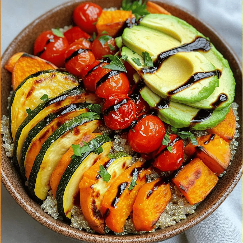 Für die perfekte Roasted Vegetable Quinoa Bowl benötigst du einige frische Zutaten. Sie sind einfach zu finden und machen das Gericht bunt und schmackhaft. Hier sind die Hauptzutaten: - 1 Tasse Quinoa, gründlich gewaschen - 2 Tassen Gemüsebrühe - 1 rote Paprika, gewürfelt - 1 Zucchini, in Scheiben geschnitten - 1 Tasse Kirschtomaten, halbiert - 1 mittelgroße Süßkartoffel, geschält und gewürfelt - 1 große Zwiebel, gewürfelt - 1 Avocado, in Scheiben geschnitten Diese Zutaten sind nährstoffreich und bieten dir viele Vitamine. Die richtigen Gewürze und Öle bringen den Geschmack deiner Schüssel zur Geltung. Hier sind die Gewürze, die du brauchst: - 3 Esslöffel Olivenöl - 1 Teelöffel Knoblauchpulver - 1 Teelöffel geräuchertes Paprika-Pulver - Salz und Pfeffer nach Geschmack Mit diesen Gewürzen wird das Gemüse aromatisch und lecker. Das Olivenöl sorgt zudem für einen schönen Glanz und reichhaltigen Geschmack. Du kannst auch einige optionale Zutaten hinzufügen, um deine Schüssel noch interessanter zu machen. Hier sind einige Vorschläge: - Frische Petersilie oder Basilikum, zur Garnierung - 1 Esslöffel Balsamico-Glasur (optional) Diese Zutaten geben deiner Schüssel einen frischen Kick und eine schöne Präsentation. Wenn du das ganze Gericht zusammenstellst, siehst du, wie bunt und einladend es wirkt. Ein echtes Fest für die Sinne! Für das vollständige Rezept gehe bitte zu [Full Recipe]. Zuerst heizt du deinen Ofen auf 220°C vor. In einer großen Schüssel vermischst du die gewürfelte rote Paprika, die Zucchini, die Kirschtomaten, die Süßkartoffel und die Zwiebel. Diese bunten Gemüsesorten bringen viel Geschmack und Nährstoffe. Dann träufelst du Olivenöl über das Gemüse. Streue Knoblauchpulver, geräuchertes Paprika, Salz und Pfeffer darüber. Mische alles gut. So wird das Gemüse gleichmäßig gewürzt. Verteile das Gemüse auf ein Backblech, das mit Backpapier ausgelegt ist. Achte darauf, dass die Stücke nicht übereinander liegen. Röste das Gemüse für 25-30 Minuten. Rühre es einmal um, damit es gleichmäßig bräunt. Während das Gemüse röstet, kannst du die Quinoa zubereiten. Bringe dazu in einem Topf die Gemüsebrühe zum Kochen. Achte darauf, dass die Brühe gut würzig ist, das verbessert den Geschmack der Quinoa. Füge die gewaschene Quinoa hinzu. Reduziere die Hitze auf niedrig und decke den Topf ab. Lass die Quinoa etwa 15 Minuten köcheln. Wenn das Wasser weg ist, ist die Quinoa fertig. Lockere sie mit einer Gabel auf und würze sie nach Geschmack. Jetzt kommt der spannende Teil! Nimm eine große Servierschüssel und gebe eine großzügige Portion Quinoa hinein. Toppe sie mit dem gerösteten Gemüse. Füge die Avocadoscheiben für eine cremige Textur hinzu. Du kannst die Schüssel optional mit Balsamico-Glasur beträufeln. Garniere deine Schüssel mit frischer Petersilie oder Basilikum. Das sieht nicht nur toll aus, sondern schmeckt auch lecker! Diese Schritte findest du in der Full Recipe. Um Gemüse perfekt zu rösten, wähle frische Zutaten. Schneide das Gemüse gleichmäßig, damit es gleichmäßig gart. Du kannst Paprika, Zucchini, Kirschtomaten und Süßkartoffeln verwenden. Beträufle das Gemüse mit Olivenöl. Füge Knoblauchpulver, geräuchertes Paprika, Salz und Pfeffer hinzu. Mische alles gut. Röste das Gemüse bei 220°C für 25-30 Minuten. Rühre es in der Mitte um, damit es gleichmäßig bräunt. Das Ergebnis ist zartes und schmackhaftes Gemüse. Quinoa ist einfach zu kochen. Beginne mit einer Tasse gewaschener Quinoa und zwei Tassen Gemüsebrühe. Bringe die Brühe zum Kochen. Füge die Quinoa hinzu und reduziere die Hitze. Decke den Topf ab und lasse die Quinoa 15 Minuten köcheln. Wenn das Wasser absorbiert ist, lockere die Quinoa mit einer Gabel. So erhältst du eine leichte und fluffige Konsistenz. Das Anrichten ist wichtig für den Genuss. Beginne mit einer großzügigen Portion Quinoa in der Schüssel. Lege dann das geröstete Gemüse gleichmäßig darauf. Füge frische Avocadoscheiben hinzu. Du kannst auch Balsamico-Glasur für einen zusätzlichen Kick verwenden. Garniere mit frischen Kräutern wie Petersilie oder Basilikum. Eine schöne Präsentation macht das Essen noch besser. Für das volle Rezept, schau dir die [Full Recipe] an. {{image_4}} Eine geröstete Gemüse-Quinoa-Bowl ist von Natur aus vegetarisch und vegan. Du kannst sie mit vielen Gemüsearten anpassen. Füge zum Beispiel Brokkoli, Karotten oder Kürbis hinzu. Das macht die Schüssel bunt und lecker. Wenn du einen extra Kick brauchst, probiere frische Kräuter wie Koriander oder Dill. Sie bringen frischen Geschmack in die Bowl. Wenn du mehr Protein brauchst, füge Bohnen oder Kichererbsen hinzu. Das macht die Bowl sättigender. Du kannst auch Tofu oder Tempeh verwenden. Diese liefern zusätzliches Protein und passen gut zu den Aromen. Ein paar Nüsse oder Samen oben drauf geben noch mehr Crunch und Nährstoffe. Die Wahl der Gemüse sollte saisonal sein. Im Frühling sind Spargel und Erbsen ideal. Im Sommer kannst du Zucchini und Auberginen verwenden. Im Herbst bieten sich Kürbis und Rote Beete an. Im Winter sind Wurzelgemüse wie Karotten und Pastinaken toll. Sie bringen mehr Geschmack und Nährstoffe in deine Schüssel. Entdecke die Vielfalt und genieße die gesunde Kombination. Schau dir das Full Recipe an, um alle Schritte zu erfahren. Um die Frische der gerösteten Gemüse-Quinoa-Bowl zu bewahren, lagere sie in einem luftdichten Behälter. Achte darauf, dass der Behälter gut verschlossen ist. So bleibt das Gemüse knackig und die Quinoa fluffig. Lagere die Schüssel im Kühlschrank, um das Wachstum von Bakterien zu vermeiden. Die geröstete Gemüse-Quinoa-Bowl bleibt im Kühlschrank etwa 3 bis 4 Tage frisch. Wenn du sie länger aufbewahren möchtest, kannst du sie auch einfrieren. Beachte, dass die Textur beim Auftauen leicht verändert sein kann. Achte immer darauf, die Bowl vor dem Verzehr auf Geruch und Aussehen zu prüfen. Um die Schüssel aufzuwärmen, verwende die Mikrowelle oder den Herd. Bei der Mikrowelle solltest du die Schüssel abdecken, um ein Austrocknen zu verhindern. Erhitze sie in Intervallen von 30 Sekunden, bis sie warm ist. Wenn du den Herd nutzt, erhitze die Bowl in einer Pfanne bei mittlerer Hitze. Füge etwas Wasser oder Brühe hinzu, um die Quinoa und das Gemüse saftig zu halten. So bleibt der Geschmack frisch und lecker. Um die Quinoa fluffig zu machen, ist es wichtig, sie gründlich zu waschen. Dies entfernt Bitterstoffe. Kochen Sie die Quinoa in Gemüsebrühe für mehr Geschmack. Decken Sie den Topf ab, wenn die Brühe kocht, und lassen Sie die Quinoa 15 Minuten köcheln. Nach dem Kochen lockern Sie die Quinoa mit einer Gabel. So bleibt sie leicht und locker. Ja, Sie können viele verschiedene Gemüse verwenden. Brokkoli, Karotten oder Blumenkohl passen gut. Wenn Sie saisonales Gemüse nutzen, schmeckt es noch besser. Seien Sie kreativ und mischen Sie Farben und Texturen. Diese Anpassungen machen das Gericht spannend und lecker. Die Schüssel ist sehr nährstoffreich. Quinoa ist eine gute Proteinquelle und enthält Ballaststoffe. Das Gemüse liefert Vitamine und Mineralien. Zum Beispiel hat Süßkartoffel viel Vitamin A. Eine Portion enthält gesunde Fette von der Avocado. Insgesamt ist es ein ausgewogenes Gericht, das gut für Ihre Gesundheit ist. Die Schüssel voller Zutaten ist einfach und gesund. Wir haben gelernt, welche Hauptzutaten und Gewürze wichtig sind. Du weißt jetzt, wie du das Gemüse vorbereitest und die Quinoa kochst. Außerdem hast du hilfreiche Tipps zum Rösten und Servieren erhalten. Mit Variationen kannst du deine Schüssel anpassen und lange frisch halten. Denke daran: Gesunde Gerichte sind einfach schnell zubereitet und lecker. Nutze dein Wissen, um neue Rezepte auszuprobieren und gesunde Mahlzeiten zu genießen.