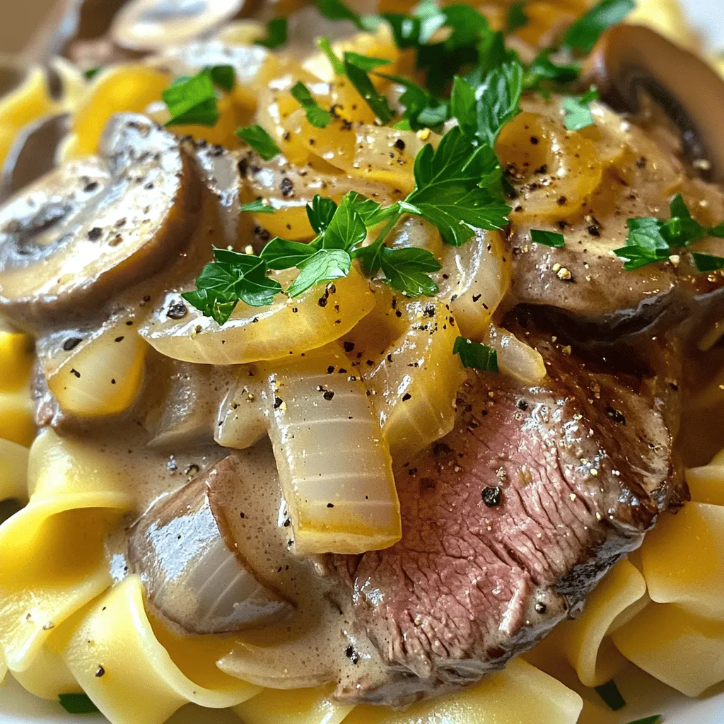 - 450g Rinderfilet, dünn geschnitten - 1 mittelgroße Zwiebel, fein gehackt - 225g Champignons, in Scheiben geschnitten Für ein köstliches Rindfleisch Stroganoff sind die Hauptzutaten wichtig. Das Rinderfilet ist zart und hat viel Geschmack. Es ist ideal für dieses Gericht. Die Zwiebel gibt der Sauce eine süße Note. Champignons fügen eine erdige Tiefe hinzu. Diese Zutaten machen das Gericht besonders. - 240ml Rinderbrühe - 240ml Sauerrahm - 2 Esslöffel Dijon-Senf Die Rinderbrühe bringt mehr Würze in die Sauce. Sie sorgt für einen herzhaften Geschmack. Sauerrahm macht das Gericht cremig und reichhaltig. Dijon-Senf fügt einen scharfen Akzent hinzu, der gut mit dem Fleisch harmoniert. Diese Zutaten sind einfach zu finden und machen den Unterschied. - 2 Esslöffel Olivenöl - Salz und Pfeffer nach Geschmack - Frische Petersilie für die Garnierung Olivenöl ist wichtig zum Anbraten des Fleisches. Es gibt dem Gericht einen feinen, fruchtigen Geschmack. Salz und Pfeffer helfen, die Aromen zu verstärken. Frische Petersilie sieht nicht nur schön aus, sondern bringt frische Noten ins Gericht. So wird Ihr Rindfleisch Stroganoff noch leckerer und ansprechender. Für das volle Rezept schauen Sie sich die [Full Recipe] an. - Nudeln kochen und warm halten: Kochen Sie die Eiernudeln in einem großen Topf. Folgen Sie den Anweisungen auf der Verpackung. Gießen Sie sie ab und halten Sie sie warm. - Rindfleisch vorbereiten und würzen: Schneiden Sie das Rindfleisch in dünne Scheiben. Würzen Sie es mit Salz und Pfeffer. - Rindfleisch anbraten: Erhitzen Sie das Olivenöl in einer großen Pfanne bei mittlerer Hitze. Geben Sie das Rindfleisch hinein und braten Sie es 2-3 Minuten an, bis es braun ist. Nehmen Sie es aus der Pfanne und legen Sie es auf einen Teller. - Gemüse und Knoblauch sautieren: Fügen Sie die gehackte Zwiebel und die Champignons in die Pfanne. Sautieren Sie sie 5-7 Minuten, bis die Zwiebeln glasig sind. Fügen Sie den gehackten Knoblauch hinzu und braten Sie ihn eine weitere Minute. - Mehl einrühren und Brühe hinzufügen: Streuen Sie das Mehl gleichmäßig über das Gemüse. Rühren Sie gut um, um alles zu beschichten. Fügen Sie nach und nach die Rinderbrühe hinzu, während Sie ständig rühren, um Klumpen zu vermeiden. - Würzmischungen hinzufügen und eindicken: Geben Sie den Dijon-Senf und die Worcestershire-Sauce in die Mischung. Schmecken Sie nach Bedarf mit Salz und Pfeffer ab. Lassen Sie die Sauce 3-5 Minuten köcheln, bis sie leicht eindickt. - Sauerrahm unterrühren und servieren: Nehmen Sie die Pfanne vom Herd. Rühren Sie den Sauerrahm unter, bis alles cremig ist. Geben Sie das Rindfleisch zurück in die Pfanne und vermischen Sie alles gut. Genießen Sie Ihr klassisches Rindfleisch Stroganoff über den warmen Nudeln! Für das vollständige Rezept, schauen Sie sich die [Full Recipe] an. - Brate das Rindfleisch bei Zimmertemperatur an. So bleibt es zart und saftig. - Rühre die Sauce regelmäßig um. Das verhindert Klumpen und sorgt für eine gleichmäßige Konsistenz. - Garniere das Gericht mit frischer Petersilie. Das bringt Farbe und Frische auf den Teller. - Schmecke das Gericht mit Pfeffer ab. Probier auch, es mit gedämpftem Gemüse oder einem Salat zu servieren. - Lass die Hitze beim Anbraten nicht zu hoch werden. Zu hohe Hitze kann das Fleisch zäh machen. - Lasse die Sauce nicht zu lange köcheln. So bleibt sie schön cremig und dickt nicht zu sehr ein. {{image_4}} Du kannst Rindfleisch durch Pilze ersetzen. Pilze geben einen tollen Geschmack. Champignons oder Portobello sind gute Wahl. Diese Pilze haben eine fleischige Textur. Für die Sauce kannst du auch pflanzliche Sahne nutzen. Sie macht das Gericht cremig und lecker. Füge Paprika hinzu, um mehr Geschmack zu bekommen. Senfvarianten wie Honigsenf geben eine süße Note. Frische Kräuter wie Petersilie oder Thymian bringen lebendige Aromen. Diese Gewürze erweitern die Geschmackswelt deines Stroganoffs. Eiernudeln sind klassisch, aber es gibt Alternativen. Probiere Reis oder Kartoffeln als Beilage. Beides passt gut zum stroganoff. Du kannst auch Quinoa für eine gesunde Option verwenden. Diese Beilagen machen das Gericht noch interessanter. Für die vollständige Rezeptanleitung kannst du [Full Recipe] ansehen. Rindfleisch Stroganoff bleibt im Kühlschrank etwa 3 bis 4 Tage frisch. Achte darauf, das Gericht in einem luftdichten Behälter zu lagern. So bleibt der Geschmack erhalten. Verwende Behälter aus Glas oder BPA-freiem Kunststoff. Diese Materialien sind ideal, um die Frische zu bewahren. Um Rindfleisch Stroganoff erfolgreich einzufrieren, lasse es zuerst abkühlen. Fülle es dann in einen gefrierfesten Behälter. Achte darauf, etwas Platz zu lassen, da die Sauce beim Einfrieren expandiert. Du kannst das Gericht bis zu 3 Monate im Gefrierfach aufbewahren. Für das Auftauen lege den Behälter in den Kühlschrank. Das dauert einige Stunden oder über Nacht. Du kannst das Gericht auch in der Mikrowelle auftauen. Erwärme es langsam, damit die Sauce nicht gerinnt. Rühre das Gericht während des Erwärmens gut um, um eine gleichmäßige Temperatur zu erreichen. Es gibt viele kreative Ideen, um Reste von Rindfleisch Stroganoff zu nutzen. Du kannst zum Beispiel gefüllte Paprika damit zubereiten. Mische die Reste mit gekochtem Reis oder Quinoa für einen neuen Eintopf. Eine weitere Möglichkeit ist, die Reste in eine Tortilla zu wickeln. So hast du ein leckeres Wrap für unterwegs. Du kannst auch eine herzhafte Lasagne machen, indem du die Reste zwischen Schichten von Nudelplatten legst. Lass deiner Kreativität freien Lauf! Die Zubereitung von Classic Beef Stroganoff dauert insgesamt etwa 30 Minuten. Die Vorbereitungszeit beträgt 15 Minuten und die Kochzeit liegt bei 15 Minuten. In dieser Zeit kochst du die Nudeln und bereitest das Rindfleisch und die Sauce vor. Es ist schnell und einfach zu machen. Ja, du kannst den Rindfleisch Stroganoff im Voraus zubereiten. Bereite ihn bis zur fertigen Sauce vor. Lagere ihn dann in einem luftdichten Behälter im Kühlschrank. Er bleibt dort für 2-3 Tage frisch. Wenn du ihn servieren möchtest, erhitze ihn einfach in einer Pfanne. Du kannst auch Gemüsebrühe oder Hühnerbrühe verwenden, wenn du keine Rinderbrühe hast. Diese Alternativen geben dem Gericht einen anderen, aber leckeren Geschmack. Du kannst auch selbstgemachte Brühe nutzen, wenn du eine hast. Rindfleisch Stroganoff kann glutenfrei sein. Verwende glutenfreies Mehl anstelle von Allzweckmehl. Achte auch darauf, eine glutenfreie Brühe zu wählen. So kannst du das Gericht für alle Gäste geeignet machen. Zu Rindfleisch Stroganoff passen viele Beilagen. Eiernudeln sind klassisch, aber auch Reis oder Kartoffeln sind gute Optionen. Ein leichter grüner Salat oder gedämpftes Gemüse ergänzt das Gericht perfekt. Diese Beilagen bringen Farben und Texturen auf den Teller. Rindfleisch Stroganoff ist ein leckeres Gericht mit einfach zu findenden Zutaten. Wir haben die Hauptzutaten, die Zubereitung und wichtige Tipps behandelt. Den perfekten Geschmack erreicht man mit frischen Gewürzen und einer guten Sauce. Variationen machen das Gericht noch spannender und passend für alle. Vergessen Sie nicht, Reste kreativ zu nutzen. Rindfleisch Stroganoff ist vielseitig und einfach, ideal für jede Gelegenheit. Kochen Sie es und genießen Sie!