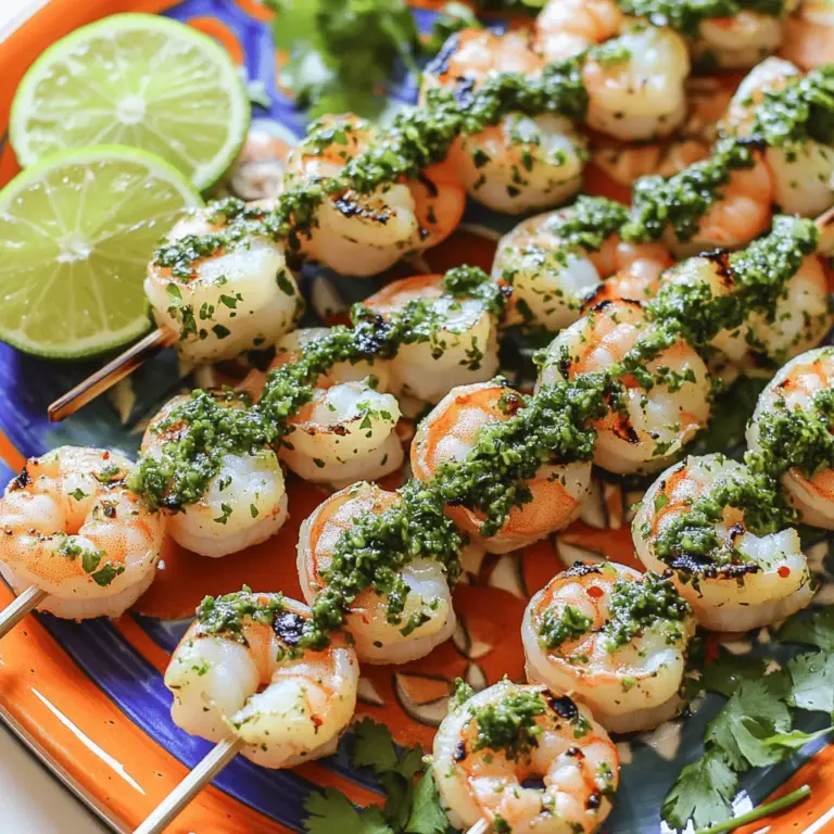 Für ein leckeres Garnelen Chimichurri brauchst du frische und einfache Zutaten. Hier sind die Hauptbestandteile: - 450 g große Garnelen, geschält und entdarmt - 1 Tasse frische Petersilie, fein gehackt - 1/2 Tasse frischer Koriander, fein gehackt - 4 Knoblauchzehen, gehackt - 60 ml Weißweinessig - 120 ml Olivenöl - Saft von 1 Limette - Salz und Pfeffer nach Geschmack - Holzspieße (zum Grillen) Diese Zutaten sorgen für einen tollen Geschmack und eine schöne Farbe. Die Gewürze und Kräuter sind sehr wichtig für deinen Chimichurri. Petersilie gibt Frische und Koriander bringt einen besonderen Geschmack. Knoblauch fügt Tiefe hinzu und die roten Paprikaflocken geben etwas Schärfe. Hier sind ein paar Tipps für die Gewürze: - Nutze frische Kräuter für den besten Geschmack. - Passe die Paprikaflocken nach deinem Geschmack an. - Salz und Pfeffer sollten nicht fehlen – sie machen den Geschmack rund. Manchmal sind frische Zutaten schwer zu finden. Hier sind einige Alternativen: - Wenn du keine frische Petersilie hast, kannst du auch getrocknete verwenden. Nutze etwa ein Drittel der Menge. - Frischer Koriander kann durch Basilikum ersetzt werden. Das gibt einen anderen, aber leckeren Geschmack. - Wenn du keinen Weißweinessig hast, probiere Apfelessig oder Zitronensaft. Diese Alternativen helfen dir, trotzdem ein gutes Gericht zu zaubern. Wenn du mehr Infos willst, schau dir das Full Recipe an. Um die Chimichurri-Sauce zu machen, nimm eine mittelgroße Schüssel. Füge die fein gehackte Petersilie und den Koriander hinzu. Dann kommt der gehackte Knoblauch dazu. Die roten Paprikaflocken geben der Sauce einen kleinen Kick. Mische alles gut durch. Jetzt füge den Weißweinessig und das Olivenöl hinzu. Presse den Limettensaft hinein. Schmecke die Mischung mit Salz und Pfeffer ab. Rühre, bis alles gut vermischt ist. Du kannst etwa 60 ml der Chimichurri-Sauce für später aufbewahren. Nimm eine große Schüssel und lege die geschälten Garnelen hinein. Gieße die restliche Chimichurri-Sauce darüber. Mische alles, sodass die Garnelen gut bedeckt sind. Lasse sie mindestens 30 Minuten im Kühlschrank. So nehmen sie die Aromen auf und werden richtig lecker. Wenn du grillen willst, weiche die Holzspieße in Wasser ein. So brennen sie nicht. Heize deinen Grill auf mittlere bis hohe Hitze vor. Stecke 4-5 Garnelen auf jeden Spieß. Achte darauf, dass sie nah beieinander sind, aber nicht überfüllt. Lege die Spieße auf den Grill. Grill die Garnelen etwa 2-3 Minuten auf jeder Seite. Sie sind fertig, wenn sie rosa und undurchsichtig sind. Nimm die Spieße vom Grill und richte sie auf einer Servierplatte an. Träufle die zurückbehaltene Chimichurri-Sauce darüber. Das war’s! Du kannst die Garnelenspieße auf einem schönen Teller anrichten. Garniere sie mit Limettenschnitzen und frischen Kräutern. Dieses Gericht sieht toll aus und schmeckt fantastisch! Um eine großartige Chimichurri-Sauce zu machen, verwenden Sie frische Kräuter. Petersilie und Koriander sind die besten Optionen. Schneiden Sie die Kräuter fein, damit sie gut vermischen. Der Knoblauch bringt Geschmack, also hacken Sie ihn klein. Für etwas Schärfe fügen Sie rote Paprikaflocken hinzu. Mischen Sie dann alles mit Essig, Öl und Limettensaft. Schmecken Sie die Sauce mit Salz und Pfeffer ab. Diese Sauce sollte frisch und lebendig schmecken. Garnelen grillen ist einfach, wenn Sie einige Tipps beachten. Zuerst, marinieren Sie die Garnelen mindestens 30 Minuten. So nehmen sie die Aromen auf. Verwenden Sie Holzspieße, um die Garnelen zu grillen. Weichen Sie die Spieße vorher in Wasser ein, damit sie nicht brennen. Grillen Sie die Garnelen bei mittlerer bis hoher Hitze. Wenden Sie die Spieße nach 2-3 Minuten. Die Garnelen sind fertig, wenn sie rosa und undurchsichtig sind. Servieren Sie die Garnelen Chimichurri auf einem bunten Teller. Garnieren Sie mit Limettenschnitzen und frischen Kräutern. Ein knuspriges Brot passt perfekt, um die Sauce aufzutunken. Sie können auch einen frischen Salat dazu anbieten. Reis oder Quinoa sind ebenfalls gute Beilagen. Diese Optionen ergänzen die Aromen und machen das Essen noch besser. Für das beste Geschmackserlebnis, genießen Sie die Garnelen frisch vom Grill. {{image_4}} Wenn du Fleisch oder Meeresfrüchte meiden möchtest, probiere diese Alternativen. Ersetze die Garnelen durch gegrilltes Gemüse wie Zucchini oder Paprika. Tofu ist auch eine tolle Option. Marinier ihn einfach mit der Chimichurri-Sauce. Das gibt dem Gericht einen ähnlichen Geschmack. Experimentiere mit verschiedenen Marinaden. Eine Honig-Senf-Marinade gibt dem Gericht eine süße Note. Du kannst auch eine scharfe Sriracha-Marinade verwenden, wenn du es würzig magst. Sei kreativ und finde deinen eigenen Stil. Serviere die Garnelen Chimichurri mit frischem Brot. Das Brot ist perfekt, um die leckere Sauce aufzutunken. Auch ein einfacher Salat aus Tomaten und Gurken passt gut. Wenn du Reis oder Quinoa dazu machst, hast du eine vollwertige Mahlzeit. Für mehr Informationen und das vollständige Rezept, schau dir den Full Recipe an. Wenn du Chimichurri übrig hast, bewahre es in einem luftdichten Behälter auf. So bleibt der Geschmack frisch. Du kannst die Sauce auch zu anderen Gerichten verwenden. Sie passt gut zu gegrilltem Gemüse oder Fleisch. Du kannst sie sogar als Dip für Brot nutzen. Die frischen Kräuter verleihen den Speisen einen tollen Geschmack. Marinierte Garnelen solltest du in einem verschlossenen Behälter im Kühlschrank lagern. Sie bleiben so für bis zu zwei Tage frisch. Achte darauf, dass die Garnelen vollständig mit der Sauce bedeckt sind. So nehmen sie den besten Geschmack auf. Wenn du die Garnelen länger aufbewahren möchtest, ist das Einfrieren eine gute Option. Um Garnelen Chimichurri einzufrieren, lege die marinierten Garnelen in einen gefrierfesten Beutel. Drücke die Luft heraus, bevor du den Beutel verschließt. So vermeidest du Gefrierbrand. Die Garnelen sind bis zu drei Monate haltbar. Wenn du sie verwenden möchtest, lasse sie über Nacht im Kühlschrank auftauen. Danach kannst du sie wie gewohnt grillen oder braten. Garnelen können bis zu zwei Stunden in der Chimichurri-Sauce mariniert werden. Wenn du sie länger lässt, kann die Säure im Essig die Garnelen zäh machen. Ich empfehle, sie mindestens 30 Minuten zu marinieren. So nehmen die Garnelen die Aromen gut auf. Ja, du kannst die Chimichurri-Sauce im Voraus zubereiten. Sie bleibt im Kühlschrank für bis zu eine Woche frisch. Das macht es einfach, beim Kochen Zeit zu sparen. Achte darauf, die Sauce gut abzudecken, damit sie nicht austrocknet. Rühre sie vor dem Servieren gut um, um die Aromen zu aktivieren. Garnelen Chimichurri passt gut zu vielen Beilagen. Hier sind einige Ideen: - Knuspriges Brot zum Tunken in die Sauce - Gegrilltes Gemüse für einen frischen Geschmack - Reis, um die Aromen gut aufzunehmen - Ein einfacher Salat für einen leichten Kontrast Diese Beilagen ergänzen die Garnelen und machen das Gericht noch leckerer. In diesem Artikel haben wir die wichtigsten Schritte für Garnelen Chimichurri behandelt. Wir haben Zutaten aufgelistet, verschiedene Variationen vorgestellt und Tipps gegeben, um das Gericht zu perfektionieren. Zudem haben wir erklärt, wie man Reste richtig lagert. Garnelen Chimichurri ist lecker und vielfältig einsetzbar. Mit diesen Anleitungen wirst du spielend leicht ein tolles Gericht zaubern. Experimentiere mit den Rezeptvarianten und finde deinen eigenen Stil. Viel Spaß beim Kochen!