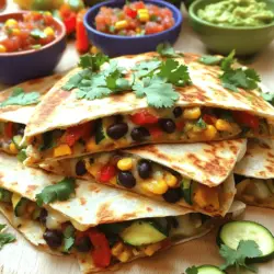 Um Gemüse-Quesadillas zu machen, brauchst du folgende Grundzutaten: - 4 große Vollkorn-Tortillas - 1 Tasse schwarze Bohnen, abgetropft und gespült - 1 Tasse Maiskörner (frisch oder gefroren) - 1 rote Paprika, gewürfelt - 1 Zucchini, gewürfelt - 1 Tasse geriebener Mozzarella-Käse - 1 Teelöffel Kreuzkümmel - 1 Teelöffel geräuchertes Paprikapulver - Salz und Pfeffer nach Geschmack - 2 Esslöffel Olivenöl - Frischer Koriander, gehackt (zum Garnieren) - Salsa und Guacamole (zum Servieren) Diese Zutaten geben deinen Quesadillas einen tollen Geschmack und eine schöne Farbe. Du kannst deine Quesadillas anpassen. Hier sind ein paar Ideen: - Spinat oder Grünkohl für mehr Grün - Pilze für einen herzhaften Geschmack - Avocado für Cremigkeit - Chilis für etwas Schärfe Mit diesen Zutaten kannst du deine Quesadillas nach deinem Geschmack verändern. Mozzarella ist toll, aber du kannst auch andere Käsesorten verwenden: - Cheddar für einen kräftigen Geschmack - Gouda für eine süßere Note - Feta für einen salzigen Kick - Veganer Käse für eine pflanzliche Option Wähle den Käse, der dir am besten gefällt. Das gibt deinen Quesadillas eine besondere Note. Du kannst das komplette Rezept [Full Recipe] für eine einfache Zubereitung nutzen. Beginne mit der Vorbereitung des Gemüses. Nimm die rote Paprika und die Zucchini. Schneide sie in kleine Würfel. Jetzt nimm eine große Pfanne und erhitze 1 Esslöffel Olivenöl bei mittlerer Hitze. Gib das gewürfelte Gemüse in die Pfanne. Brate es für etwa 3-4 Minuten. Das Gemüse sollte weich werden, aber noch knackig bleiben. Jetzt ist es Zeit für die Aromen! Füge eine Tasse Maiskörner und eine Tasse schwarze Bohnen hinzu. Streue 1 Teelöffel Kreuzkümmel und 1 Teelöffel geräuchertes Paprikapulver darüber. Schmecke mit Salz und Pfeffer ab. Koche die Mischung weitere 2-3 Minuten. Rühre alles gut um. Nimm die Pfanne vom Herd und stelle die Mischung beiseite. Lege eine Tortilla flach in die Pfanne. Streue die Hälfte des geriebenen Mozzarella-Käse über die Tortilla. Gib eine großzügige Menge der Gemüsefüllung darauf. Streue dann eine weitere Schicht Mozzarella darüber. Klappe die Tortilla in der Mitte. Füge 1 Esslöffel Olivenöl in die Pfanne hinzu und erhitze es. Lege die gefaltete Tortilla vorsichtig in die Pfanne. Brate sie etwa 3-4 Minuten lang, bis sie goldbraun ist. Wende die Tortilla und brate die andere Seite für weitere 3-4 Minuten. Der Käse sollte geschmolzen und die Tortilla knusprig sein. Nimm die Quesadilla aus der Pfanne und halte sie warm. Wiederhole den Vorgang mit den restlichen Tortillas. Schneide jede Quesadilla in Keile und serviere sie mit Salsa und Guacamole. Genieße deine bunten Gemüse-Quesadillas! Um die Quesadillas knusprig zu machen, achte auf die Hitze. Nutze mittlere Hitze beim Braten. Ein guter Trick ist, etwas mehr Olivenöl zu verwenden. Das Öl hilft, eine goldene Kruste zu bilden. Wende die Quesadillas vorsichtig, damit sie nicht brechen. Lass sie auf jeder Seite etwa 3-4 Minuten braten. So wird der Käse schön schmelzig und die Tortilla knusprig. Wenn du Reste hast, lagere sie richtig. Lass die Quesadillas zuerst abkühlen. Wickel sie dann in Frischhaltefolie oder lege sie in einen luftdichten Behälter. So bleiben sie frisch und lecker. Im Kühlschrank halten sie sich 2-3 Tage. Du kannst sie auch für einen schnellen Snack aufwärmen. Am besten in einer Pfanne oder im Toaster für die Knusprigkeit. Zu Gemüse-Quesadillas passen viele Dips. Salsa ist beliebt und bringt Frische. Guacamole sorgt für Cremigkeit. Du kannst auch Sauerrahm oder eine scharfe Sauce dazu reichen. Frischer Koriander ist ein tolles Topping. Probiere auch eine einfache Bohnenpaste oder einen Joghurt-Dip. Diese Kombinationen machen das Essen noch köstlicher. {{image_4}} Vegane Quesadillas sind einfach und lecker. Verwende pflanzlichen Käse oder lasse ihn weg. Du kannst auch Avocado als Füllung nehmen. So machst du das Gericht noch reichhaltiger und gesünder. Die bunten Gemüse sorgen für die nötige Frische. Ich empfehle, frische Kräuter wie Koriander hinzuzufügen. So erhältst du mehr Geschmack und Aroma. Wenn du mehr Proteine möchtest, füge Bohnen oder Tofu hinzu. Schwarze Bohnen passen perfekt zu den anderen Zutaten. Sie sind nahrhaft und geben dir Energie. Du kannst auch Hühnchen oder Rindfleisch verwenden, falls du Fleisch magst. Achte darauf, dass das Fleisch gut gewürzt ist, um den Geschmack zu maximieren. Die Möglichkeiten für Gemüse sind endlos. Du kannst Spinat, Pilze oder Brokkoli verwenden. Experimentiere mit deinen Lieblingsgemüsesorten. Jede neue Zutat bringt einen anderen Geschmack. Zucchini und Paprika sind meine Favoriten, aber du kannst kreativ sein. Mische verschiedene Sorten für einen bunten und leckeren Mix. Rest-Quesadillas halten im Kühlschrank etwa drei bis vier Tage. Lagere sie in einem luftdichten Behälter. Nach dieser Zeit können sie an Geschmack verlieren. Um Quesadillas frisch zu halten, lege ein Blatt Backpapier zwischen die einzelnen Stücke. Das Papier verhindert, dass sie kleben. Stelle sicher, dass der Behälter gut verschlossen ist. So bleiben sie länger knusprig und lecker. Du kannst Quesadillas auch einfrieren. Wickel sie in Frischhaltefolie und lege sie in einen Gefrierbeutel. Sie halten so bis zu drei Monate. Zum Auftauen lege sie einfach über Nacht in den Kühlschrank. Erhitze sie dann in einer Pfanne oder im Ofen, bis sie warm und knusprig sind. Für das Rezept empfehle ich die [Full Recipe]. Eine Gemüse-Quesadilla hat etwa 300 bis 400 Kalorien pro Portion. Dies kann je nach Zutaten variieren. Vollkorn-Tortillas und frisches Gemüse halten die Kalorienzahl niedriger. Wenn du mehr Käse hinzufügst, steigen die Kalorien. Du kannst die Kalorien auch senken, indem du weniger Käse verwendest. Für eine genaue Zahl, schau dir das Rezept an. Ja, du kannst Quesadillas im Ofen machen. Heize den Ofen auf 200 Grad Celsius vor. Lege die gefüllten Tortillas auf ein Backblech. Backe sie für etwa 10 bis 15 Minuten. Wende sie zur Hälfte der Zeit, damit sie gleichmäßig knusprig werden. Diese Methode ist einfach und macht viele Quesadillas auf einmal. Zu Gemüse-Quesadillas passen viele Getränke gut. Wasser ist immer eine gute Wahl. Du kannst auch Limonade oder Eistee servieren. Für etwas Alkoholisches sind Bier oder ein leichter Weißwein ideal. Achte darauf, dass die Getränke die Aromen der Quesadillas ergänzen. Gemüse-Quesadillas sind einfach und lecker. Wir haben über die besten Zutaten, Tricks und Zubereitung gesprochen. Du kannst sie mit vielen Varianten anpassen. Denk an die Lagerung, um Reste frisch zu halten. Viele Fragen, wie Kalorien und Zubereitung im Ofen, wurden auch beantwortet. Vielfalt macht die Quesadillas spannend. Jetzt bist du bereit, deine eigenen Quesadillas zuzubereiten und zu genießen!