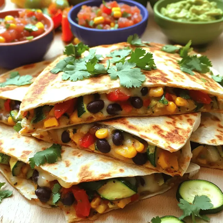Um Gemüse-Quesadillas zu machen, brauchst du folgende Grundzutaten: - 4 große Vollkorn-Tortillas - 1 Tasse schwarze Bohnen, abgetropft und gespült - 1 Tasse Maiskörner (frisch oder gefroren) - 1 rote Paprika, gewürfelt - 1 Zucchini, gewürfelt - 1 Tasse geriebener Mozzarella-Käse - 1 Teelöffel Kreuzkümmel - 1 Teelöffel geräuchertes Paprikapulver - Salz und Pfeffer nach Geschmack - 2 Esslöffel Olivenöl - Frischer Koriander, gehackt (zum Garnieren) - Salsa und Guacamole (zum Servieren) Diese Zutaten geben deinen Quesadillas einen tollen Geschmack und eine schöne Farbe. Du kannst deine Quesadillas anpassen. Hier sind ein paar Ideen: - Spinat oder Grünkohl für mehr Grün - Pilze für einen herzhaften Geschmack - Avocado für Cremigkeit - Chilis für etwas Schärfe Mit diesen Zutaten kannst du deine Quesadillas nach deinem Geschmack verändern. Mozzarella ist toll, aber du kannst auch andere Käsesorten verwenden: - Cheddar für einen kräftigen Geschmack - Gouda für eine süßere Note - Feta für einen salzigen Kick - Veganer Käse für eine pflanzliche Option Wähle den Käse, der dir am besten gefällt. Das gibt deinen Quesadillas eine besondere Note. Du kannst das komplette Rezept [Full Recipe] für eine einfache Zubereitung nutzen. Beginne mit der Vorbereitung des Gemüses. Nimm die rote Paprika und die Zucchini. Schneide sie in kleine Würfel. Jetzt nimm eine große Pfanne und erhitze 1 Esslöffel Olivenöl bei mittlerer Hitze. Gib das gewürfelte Gemüse in die Pfanne. Brate es für etwa 3-4 Minuten. Das Gemüse sollte weich werden, aber noch knackig bleiben. Jetzt ist es Zeit für die Aromen! Füge eine Tasse Maiskörner und eine Tasse schwarze Bohnen hinzu. Streue 1 Teelöffel Kreuzkümmel und 1 Teelöffel geräuchertes Paprikapulver darüber. Schmecke mit Salz und Pfeffer ab. Koche die Mischung weitere 2-3 Minuten. Rühre alles gut um. Nimm die Pfanne vom Herd und stelle die Mischung beiseite. Lege eine Tortilla flach in die Pfanne. Streue die Hälfte des geriebenen Mozzarella-Käse über die Tortilla. Gib eine großzügige Menge der Gemüsefüllung darauf. Streue dann eine weitere Schicht Mozzarella darüber. Klappe die Tortilla in der Mitte. Füge 1 Esslöffel Olivenöl in die Pfanne hinzu und erhitze es. Lege die gefaltete Tortilla vorsichtig in die Pfanne. Brate sie etwa 3-4 Minuten lang, bis sie goldbraun ist. Wende die Tortilla und brate die andere Seite für weitere 3-4 Minuten. Der Käse sollte geschmolzen und die Tortilla knusprig sein. Nimm die Quesadilla aus der Pfanne und halte sie warm. Wiederhole den Vorgang mit den restlichen Tortillas. Schneide jede Quesadilla in Keile und serviere sie mit Salsa und Guacamole. Genieße deine bunten Gemüse-Quesadillas! Um die Quesadillas knusprig zu machen, achte auf die Hitze. Nutze mittlere Hitze beim Braten. Ein guter Trick ist, etwas mehr Olivenöl zu verwenden. Das Öl hilft, eine goldene Kruste zu bilden. Wende die Quesadillas vorsichtig, damit sie nicht brechen. Lass sie auf jeder Seite etwa 3-4 Minuten braten. So wird der Käse schön schmelzig und die Tortilla knusprig. Wenn du Reste hast, lagere sie richtig. Lass die Quesadillas zuerst abkühlen. Wickel sie dann in Frischhaltefolie oder lege sie in einen luftdichten Behälter. So bleiben sie frisch und lecker. Im Kühlschrank halten sie sich 2-3 Tage. Du kannst sie auch für einen schnellen Snack aufwärmen. Am besten in einer Pfanne oder im Toaster für die Knusprigkeit. Zu Gemüse-Quesadillas passen viele Dips. Salsa ist beliebt und bringt Frische. Guacamole sorgt für Cremigkeit. Du kannst auch Sauerrahm oder eine scharfe Sauce dazu reichen. Frischer Koriander ist ein tolles Topping. Probiere auch eine einfache Bohnenpaste oder einen Joghurt-Dip. Diese Kombinationen machen das Essen noch köstlicher. {{image_4}} Vegane Quesadillas sind einfach und lecker. Verwende pflanzlichen Käse oder lasse ihn weg. Du kannst auch Avocado als Füllung nehmen. So machst du das Gericht noch reichhaltiger und gesünder. Die bunten Gemüse sorgen für die nötige Frische. Ich empfehle, frische Kräuter wie Koriander hinzuzufügen. So erhältst du mehr Geschmack und Aroma. Wenn du mehr Proteine möchtest, füge Bohnen oder Tofu hinzu. Schwarze Bohnen passen perfekt zu den anderen Zutaten. Sie sind nahrhaft und geben dir Energie. Du kannst auch Hühnchen oder Rindfleisch verwenden, falls du Fleisch magst. Achte darauf, dass das Fleisch gut gewürzt ist, um den Geschmack zu maximieren. Die Möglichkeiten für Gemüse sind endlos. Du kannst Spinat, Pilze oder Brokkoli verwenden. Experimentiere mit deinen Lieblingsgemüsesorten. Jede neue Zutat bringt einen anderen Geschmack. Zucchini und Paprika sind meine Favoriten, aber du kannst kreativ sein. Mische verschiedene Sorten für einen bunten und leckeren Mix. Rest-Quesadillas halten im Kühlschrank etwa drei bis vier Tage. Lagere sie in einem luftdichten Behälter. Nach dieser Zeit können sie an Geschmack verlieren. Um Quesadillas frisch zu halten, lege ein Blatt Backpapier zwischen die einzelnen Stücke. Das Papier verhindert, dass sie kleben. Stelle sicher, dass der Behälter gut verschlossen ist. So bleiben sie länger knusprig und lecker. Du kannst Quesadillas auch einfrieren. Wickel sie in Frischhaltefolie und lege sie in einen Gefrierbeutel. Sie halten so bis zu drei Monate. Zum Auftauen lege sie einfach über Nacht in den Kühlschrank. Erhitze sie dann in einer Pfanne oder im Ofen, bis sie warm und knusprig sind. Für das Rezept empfehle ich die [Full Recipe]. Eine Gemüse-Quesadilla hat etwa 300 bis 400 Kalorien pro Portion. Dies kann je nach Zutaten variieren. Vollkorn-Tortillas und frisches Gemüse halten die Kalorienzahl niedriger. Wenn du mehr Käse hinzufügst, steigen die Kalorien. Du kannst die Kalorien auch senken, indem du weniger Käse verwendest. Für eine genaue Zahl, schau dir das Rezept an. Ja, du kannst Quesadillas im Ofen machen. Heize den Ofen auf 200 Grad Celsius vor. Lege die gefüllten Tortillas auf ein Backblech. Backe sie für etwa 10 bis 15 Minuten. Wende sie zur Hälfte der Zeit, damit sie gleichmäßig knusprig werden. Diese Methode ist einfach und macht viele Quesadillas auf einmal. Zu Gemüse-Quesadillas passen viele Getränke gut. Wasser ist immer eine gute Wahl. Du kannst auch Limonade oder Eistee servieren. Für etwas Alkoholisches sind Bier oder ein leichter Weißwein ideal. Achte darauf, dass die Getränke die Aromen der Quesadillas ergänzen. Gemüse-Quesadillas sind einfach und lecker. Wir haben über die besten Zutaten, Tricks und Zubereitung gesprochen. Du kannst sie mit vielen Varianten anpassen. Denk an die Lagerung, um Reste frisch zu halten. Viele Fragen, wie Kalorien und Zubereitung im Ofen, wurden auch beantwortet. Vielfalt macht die Quesadillas spannend. Jetzt bist du bereit, deine eigenen Quesadillas zuzubereiten und zu genießen!