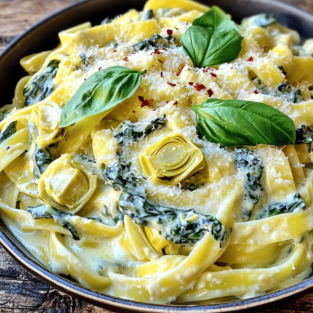 Für dieses Rezept benötigst du einige einfache, aber köstliche Zutaten: - 225 g Fettuccine-Nudeln - 1 Esslöffel Olivenöl - 2 Knoblauchzehen, fein gehackt - 1 Dose (400 g) Artischockenherzen, abgetropft und geviertelt - 4 Tassen frischer Spinat - 240 ml Sahne - 120 g Frischkäse, weich - 50 g geriebener Parmesan - 1/4 Teelöffel rote Pfefferflocken (optional) - Salz und Pfeffer nach Geschmack - Frisches Basilikum zur Garnierung Diese Zutaten machen die Pasta sehr cremig und voller Geschmack. Die Kombination aus Artischocken und Spinat gibt dir einen tollen Biss. Um den Geschmack zu verbessern, kannst du einige Gewürze und Kräuter hinzufügen: - Knoblauchpulver - Zwiebelpulver - Thymian oder Oregano Diese Kräuter bringen mehr Tiefe in das Gericht. Du kannst sie nach deinem Geschmack anpassen. Experimentiere ruhig! Wenn du eine glutenfreie oder vegane Option suchst, gibt es viele Möglichkeiten: - Verwende glutenfreie Fettuccine-Nudeln. - Ersetze die Sahne durch Kokosmilch oder Cashew-Creme. - Nutze pflanzlichen Frischkäse und veganen Parmesan. Diese Alternativen machen das Gericht für jeden genießbar. Du wirst überrascht sein, wie lecker es auch ohne Milchprodukte schmeckt. Wenn du mehr über die Zubereitung erfahren möchtest, schau dir das [Full Recipe] an. Um die Fettuccine perfekt zu kochen, bringe einen großen Topf mit gesalzenem Wasser zum Sprudeln. Füge die Fettuccine hinzu und koche sie nach den Anweisungen auf der Verpackung. Normalerweise dauert das etwa 8 bis 10 Minuten, bis sie al dente sind. Achte darauf, die Nudeln nicht zu lange zu kochen, damit sie nicht matschig werden. Wenn sie fertig sind, gieße sie ab und stelle sie beiseite. Jetzt kommt der spannende Teil: die Sauce. Erhitze einen Esslöffel Olivenöl in einer großen Pfanne bei mittlerer Hitze. Füge den fein gehackten Knoblauch hinzu und brate ihn für etwa eine Minute an. Er wird aromatisch und du wirst den leckeren Duft riechen. Dann gib die geviertelten Artischockenherzen in die Pfanne. Brate sie für 2 bis 3 Minuten mit. Danach kommt der frische Spinat dazu. Rühre ihn um, bis er verwelkt ist, was cirka 2 Minuten dauert. Jetzt ist es Zeit für die Sahne und den Frischkäse. Reduziere die Hitze und füge beides in die Pfanne. Rühre gut, bis der Frischkäse schmilzt. Die Sauce wird nun schön cremig. Zum Schluss rühre den geriebenen Parmesan hinein. Wenn du es scharf magst, füge die roten Pfefferflocken hinzu. Schmecke mit Salz und Pfeffer ab. Nun kommt der letzte Schritt. Gib die gekochten Fettuccine in die Pfanne mit der cremigen Sauce. Vermenge alles gut. Lass die Pasta für 2 bis 3 Minuten auf der Herdplatte, damit sie warm wird und die Aromen sich vermischen. Die Kombination aus Pasta und der cremigen Sauce ist einfach unwiderstehlich. Für das komplette Rezept kannst du [Full Recipe] konsultieren. Um die perfekte Pasta zu kochen, beginne mit viel Wasser. Nutze einen großen Topf und füge genug Salz hinzu. Es sollte wie das Meer schmecken! Koche die Fettuccine nach den Angaben auf der Verpackung. Achte darauf, dass sie al dente sind. Das bedeutet, sie bleiben bissfest. Vergiss nicht, die Pasta nach dem Kochen gut abzugießen. Für eine besonders cremige Sauce sind die richtigen Zutaten wichtig. Verwende frische Sahne und weichen Frischkäse. Diese Zutaten sorgen für eine tolle Textur. Rühre sie gut um, bis der Frischkäse geschmolzen ist. Du kannst auch etwas mehr Sahne hinzufügen, wenn die Sauce zu dick ist. So bleibt sie schön geschmeidig. Jeder hat einen anderen Geschmack. Du kannst die Gewürze ganz nach deinem Gusto anpassen. Füge mehr rote Pfefferflocken für Schärfe hinzu oder gehe mit dem Salz sparsam um. Wenn du es lieber mild magst, lasse die Pfefferflocken einfach weg. Probiere auch verschiedene Käsesorten wie Gouda oder Mozzarella. So wird dein Gericht noch interessanter. Für das komplette Rezept, schau dir die [Full Recipe] an. {{image_4}} Du kannst diese Pasta ganz einfach anpassen. Ersetze den Frischkäse durch eine pflanzliche Option. So wird das Gericht vegan. Viele mögen auch Cashew-Creme. Sie gibt einen tollen, nussigen Geschmack. Wenn du es würziger magst, probiere Feta-Käse. Das bringt mehr Geschmack. Füge weiteres Gemüse hinzu, um die Pasta bunter zu machen. Zucchini, Paprika oder Erbsen sind gute Optionen. Diese Gemüsesorten passen gut zur cremigen Sauce. Sie geben der Pasta mehr Textur und Nährstoffe. Einfach das Gemüse klein schneiden und zusammen mit den Artischocken anbraten. Möchtest du mehr Protein? Das ist ganz einfach! Hühnerbrust oder Garnelen sind leckere Optionen. Brate sie zuerst in der Pfanne an. Dann füge sie zur Sauce hinzu. Für eine vegetarische Wahl kannst du Kichererbsen oder Linsen nehmen. Diese sind nahrhaft und fügen einen guten Biss hinzu. Mit diesen Variationen machst du die cremige Spinat und Artischocken Pasta ganz nach deinem Geschmack. Du kannst auch die [Full Recipe] ausprobieren, um alle Möglichkeiten zu entdecken. Wenn du Reste von der cremigen Spinat-Artischocken-Pasta hast, lagere sie in einem luftdichten Behälter. Achte darauf, die Pasta vollständig abkühlen zu lassen, bevor du sie in den Kühlschrank stellst. So bleibt sie frisch und lecker. Du kannst die Reste bis zu drei Tage lang aufbewahren. Wenn du sie länger aufbewahren möchtest, friere die Pasta ein. Teile sie in Portionen auf und verwende gefrierfeste Behälter. Um die Reste aufzuwärmen, benutze eine Pfanne oder die Mikrowelle. In der Pfanne erwärmst du die Pasta bei niedriger Hitze. Füge einen Spritzer Wasser oder etwas Sahne hinzu, um die Sauce wieder cremig zu machen. In der Mikrowelle kannst du die Pasta in einem geeigneten Behälter abdecken und in Intervallen von 30 Sekunden erhitzen. Rühre zwischendurch um, damit die Hitze gleichmäßig verteilt wird. Um Austrocknen zu verhindern, ist es wichtig, die Pasta nicht zu lange zu erhitzen. Wenn die Sauce zu dick wird, füge einen kleinen Schuss Wasser oder Sahne hinzu. Das hält die Pasta feucht und cremig. Wenn du die Pasta im Kühlschrank lagerst, kannst du auch ein wenig Olivenöl hinzufügen, um die Textur zu verbessern. So bleibt das Gericht auch nach dem Aufwärmen schmackhaft. Um die Pasta vegan zu machen, ersetze die Sahne und den Frischkäse durch pflanzliche Alternativen. Du kannst Kokosmilch oder Cashew-Sahne verwenden. Auch veganer Frischkäse ist eine gute Wahl. Achte darauf, dass der Parmesan vegan ist oder lasse ihn ganz weg. So bleibt der Geschmack trotzdem lecker und cremig. Ja, du kannst verschiedene Nudelsorten nutzen. Spaghetti, Penne oder sogar glutenfreie Nudeln sind möglich. Achte darauf, die Kochzeit je nach Nudelsorte anzupassen. Das sorgt dafür, dass die Nudeln perfekt al dente werden und gut mit der Sauce harmonieren. Die Reste der cremigen Spinat-Artischocken-Pasta halten sich gut im Kühlschrank. Du kannst sie dort bis zu drei Tage aufbewahren. Stelle sicher, dass du sie in einem luftdichten Behälter lagerst. So bleibt die Pasta frisch und lecker für das nächste Mal. In diesem Beitrag haben wir die besten Zutaten für cremige Spinat-Artischocken-Pasta besprochen. Wir haben Schritt für Schritt erklärt, wie man die Pasta und die Sauce zubereitet. Wir gaben Tipps, um die perfekte Pasta zu kochen und die Sauce cremig zu machen. Denken Sie daran, Variationen auszuprobieren und die Reste richtig zu lagern. So genießen Sie jedes Mal ein leckeres Gericht. Mit diesen einfachen Anleitungen und Ideen gelingt Ihnen die Pasta immer!
