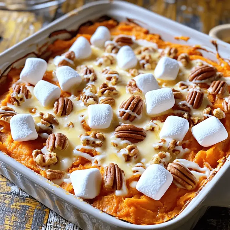 - 4 große Süßkartoffeln - 60 ml brauner Zucker - 60 ml geschmolzene Butter Süßkartoffeln sind die Hauptzutat in diesem Auflauf. Sie geben ihm die schöne, orange Farbe und den süßen Geschmack. Du musst die Süßkartoffeln schälen und in Würfel schneiden. Der braune Zucker und die geschmolzene Butter sorgen für eine leckere, süße Basis. - 1/2 Teelöffel Zimt - 1/4 Teelöffel Muskatnuss - 1/2 Teelöffel Vanilleextrakt Die Gewürze machen den Auflauf besonders. Zimt bringt Wärme und Muskatnuss hat einen tollen Geschmack. Vanilleextrakt fügt eine süße Note hinzu. Diese Aromen machen das Gericht noch köstlicher. - 1 Tasse Mini-Marshmallows - 75 g gehackte Pekannüsse - 60 ml Milch oder pflanzliche Alternative Die Mini-Marshmallows sind das Highlight obendrauf. Sie schmelzen und bilden eine süße Kruste. Du kannst auch Pekannüsse hinzufügen. Sie bringen einen nussigen Crunch. Milch macht die Mischung schön cremig, aber du kannst auch eine pflanzliche Alternative verwenden. Für das vollständige Rezept kannst du den [Full Recipe] Link nutzen. - Ofen auf 190°C vorheizen - Süßkartoffeln schälen und würfeln Zuerst heizen Sie den Ofen auf 190°C vor. Dies sorgt für eine gleichmäßige Hitze beim Backen. Dann schälen Sie vier große Süßkartoffeln. Würfeln Sie sie in kleine Stücke. So kochen sie schneller und gleichmäßiger. - In gesalzenem Wasser kochen - Abtropfen und abkühlen lassen Füllen Sie einen großen Topf mit gesalzenem Wasser. Bringen Sie das Wasser zum Kochen und geben Sie die gewürfelten Süßkartoffeln hinein. Kochen Sie sie etwa 15-20 Minuten, bis sie weich sind. Danach lassen Sie sie abtropfen und etwas abkühlen. Dies verhindert, dass der Auflauf zu nass wird. - Zutaten in einer Schüssel kombinieren - Süßkartoffeln zerdrücken und vermengen In einer großen Schüssel kombinieren Sie die gekochten Süßkartoffeln mit braunem Zucker, geschmolzener Butter, Zimt, Muskatnuss, Vanilleextrakt und Milch. Zerdrücken Sie die Süßkartoffeln mit einer Gabel oder einem Kartoffelstampfer. Mischen Sie alles gut, bis eine glatte Masse entsteht. Wenn nötig, fügen Sie etwas mehr Milch hinzu, um die perfekte Konsistenz zu erreichen. - Mischung in Auflaufform verteilen - Erste Backzeit und Marshmallow-Hinzufügung Geben Sie die Süßkartoffelmischung in eine gefettete Auflaufform. Verteilen Sie sie gleichmäßig. Backen Sie den Auflauf im vorgeheizten Ofen für 25 Minuten. Nach der ersten Backzeit nehmen Sie den Auflauf heraus. Streuen Sie die Mini-Marshmallows gleichmäßig darüber. Stellen Sie ihn für weitere 10-15 Minuten zurück in den Ofen, bis die Marshmallows goldbraun sind. Um die perfekte Konsistenz für deinen Süßkartoffelauflauf zu erreichen, ist die Zugabe von Milch entscheidend. Du solltest die Milch langsam hinzufügen, während du die Süßkartoffeln zerdrückst. So kannst du die Mischung leicht anpassen. Wenn die Masse zu dick ist, füge einfach mehr Milch hinzu. Die Stäbchenprobe ist ein guter Test. Wenn du mit einem Zahnstocher in die Süßkartoffeln stichst, sollten sie weich sein. Dies zeigt, dass sie gut gekocht sind. Achte auf die Backzeiten, wenn du die Marshmallows hinzufügst. Nachdem der Auflauf 25 Minuten gebacken hat, streue die Mini-Marshmallows darüber. Backe sie dann für weitere 10-15 Minuten. So werden die Marshmallows goldbraun und knusprig. Um die perfekte goldene Oberfläche zu bekommen, beobachte sie genau. Wenn sie zu schnell bräunen, kannst du den Auflauf mit Alufolie abdecken. So verhinderst du ein Verbrennen. Du kannst den Auflauf mit vielen Beilagen servieren. Ein frischer Salat oder geröstetes Gemüse passt gut dazu. Für eine kreative Präsentation kannst du den Auflauf direkt in der Auflaufform servieren. Oder schöpfe individuelle Portionen auf Teller. Ein kleiner Schuss geschmolzener Butter oder Ahornsirup macht das Gericht noch köstlicher. Für das komplette Rezept, schau dir das [Full Recipe] an. {{image_4}} Das Grundrezept für Süßkartoffelauflauf ist lecker, doch es gibt viele Variationen. Eine sehr beliebte Art ist der Süßkartoffelauflauf mit Nüssen. Die Nüsse bringen einen tollen Crunch. Sie können Pekannüsse oder Walnüsse verwenden. Sie fügen auch gesunde Fette hinzu und machen das Gericht noch nahrhafter. Eine weitere Variation ist eine vegane Version des Rezepts. Ersetzen Sie die Butter durch Kokosöl und die Milch durch Mandelmilch. Diese Alternativen sorgen dafür, dass alle den Auflauf genießen können, egal ob sie tierische Produkte essen oder nicht. Regionale Variationen bringen noch mehr Geschmack in Ihr Gericht. Zum Beispiel können Sie verschiedene Gewürze verwenden. In den Südstaaten der USA wird oft eine Prise Cayennepfeffer hinzugefügt. Das gibt dem Auflauf eine angenehme Schärfe. In anderen Regionen können Sie auch Muskatnuss oder Ingwer ausprobieren. Diese Gewürze verleihen dem Gericht eine neue Note. Die Zubereitung kann auch je nach Küchenstil variieren. Zum Beispiel können Sie den Auflauf im mexikanischen Stil zubereiten. Fügen Sie etwas gemahlenen Kreuzkümmel und Chili hinzu. Diese Aromen kombinieren sich gut mit der Süße der Süßkartoffeln. Für besondere Anlässe wie Weihnachten können Sie das Rezept leicht anpassen. Fügen Sie zusätzliche Aromen wie Ahornsirup oder frische Cranberries hinzu. Diese Zutaten bringen eine festliche Note in das Gericht. Sie können auch eine Schicht von Keksen oder Streuseln auf die Marshmallows geben, um dem Auflauf mehr Textur zu verleihen. Feiertags-Variationen sind ebenfalls möglich. Ersetzen Sie die Mini-Marshmallows durch Schokoladenstückchen oder Karamellsoße. Diese Optionen machen den Auflauf noch süßer und unwiderstehlicher. Probieren Sie es aus! Um deinen Süßkartoffelauflauf frisch zu halten, lagere ihn im Kühlschrank. Verwende einen luftdichten Behälter. Achte darauf, dass der Auflauf gut abgedeckt ist. Dies verhindert, dass er austrocknet oder Gerüche aufnimmt. Wenn du ihn nicht sofort isst, ist das eine gute Methode. Dein Auflauf bleibt im Kühlschrank etwa 3 bis 5 Tage frisch. Um die Qualität zu erhalten, decke ihn gut ab. Achte auf Anzeichen von Verderb. Wenn der Auflauf unangenehm riecht oder einen schimmeligen Belag hat, solltest du ihn wegwerfen. Eine gute Lagerung hilft, die Qualität zu bewahren. Du kannst den Auflauf in der Mikrowelle oder im Ofen aufwärmen. Die Mikrowelle ist schnell, aber der Ofen sorgt für eine bessere Textur. Wenn du den Ofen nutzt, heize ihn auf 180°C vor. Stelle den Auflauf in eine Auflaufform und decke ihn mit Folie ab. So bleibt er saftig. Backe ihn für 20 Minuten oder bis er heiß ist. Um den Süßkartoffelauflauf ohne Milch zu machen, können Sie pflanzliche Alternativen verwenden. Hier sind einige Optionen: - Mandelmilch - Hafermilch - Kokosmilch - Sojamilch Jede dieser Alternativen gibt dem Auflauf einen leicht anderen Geschmack. Ich empfehle, ungesüßte Varianten zu wählen, um die Süße der Süßkartoffeln nicht zu überdecken. Diese Optionen sind perfekt für Veganer oder Menschen mit Laktoseintoleranz. Ja, gefrorene Süßkartoffeln sind eine gute Wahl. Achten Sie jedoch darauf, dass sie vor dem Kochen gut aufgetaut sind. Hier sind einige Tipps: - Lassen Sie sie im Kühlschrank über Nacht auftauen. - Kochen Sie sie, bis sie weich sind, ähnlich wie frische Süßkartoffeln. - Die Textur kann leicht anders sein, aber der Geschmack bleibt köstlich. Die Kochzeit für Süßkartoffeln beträgt etwa 15-20 Minuten. Hier sind die Schritte: 1. Bringen Sie gesalzenes Wasser zum Kochen. 2. Fügen Sie die gewürfelten Süßkartoffeln hinzu. 3. Kochen Sie, bis sie zart sind. Testen Sie mit einer Gabel. Wenn die Gabel leicht hineinrutscht, sind sie fertig. Das Rezept ergibt etwa 8 Portionen. Hier ist eine einfache Portionierung: - Für eine große Familie oder ein Festessen ist das ideal. - Servieren Sie den Auflauf direkt in der Form oder schöpfen Sie auf Teller. Wenn Sie weniger Gäste haben, können Sie die Portionen leicht anpassen. Der Süßkartoffelauflauf ist einfach zuzubereiten und lecker. Wir haben die Hauptzutaten, Gewürze und optionale Zutaten besprochen. Ich habe auch die Schritt-für-Schritt-Anleitung gegeben, um dir das Kochen zu erleichtern. Tipps für die perfekte Konsistenz und das goldene Bräunen der Marshmallows helfen dir zusätzlich. Variationen für besondere Anlässe und Aufbewahrungstipps runden das Ganze ab. Nutze diese Informationen, um deinen Auflauf besonders zu machen. Viel Spaß beim Kochen!